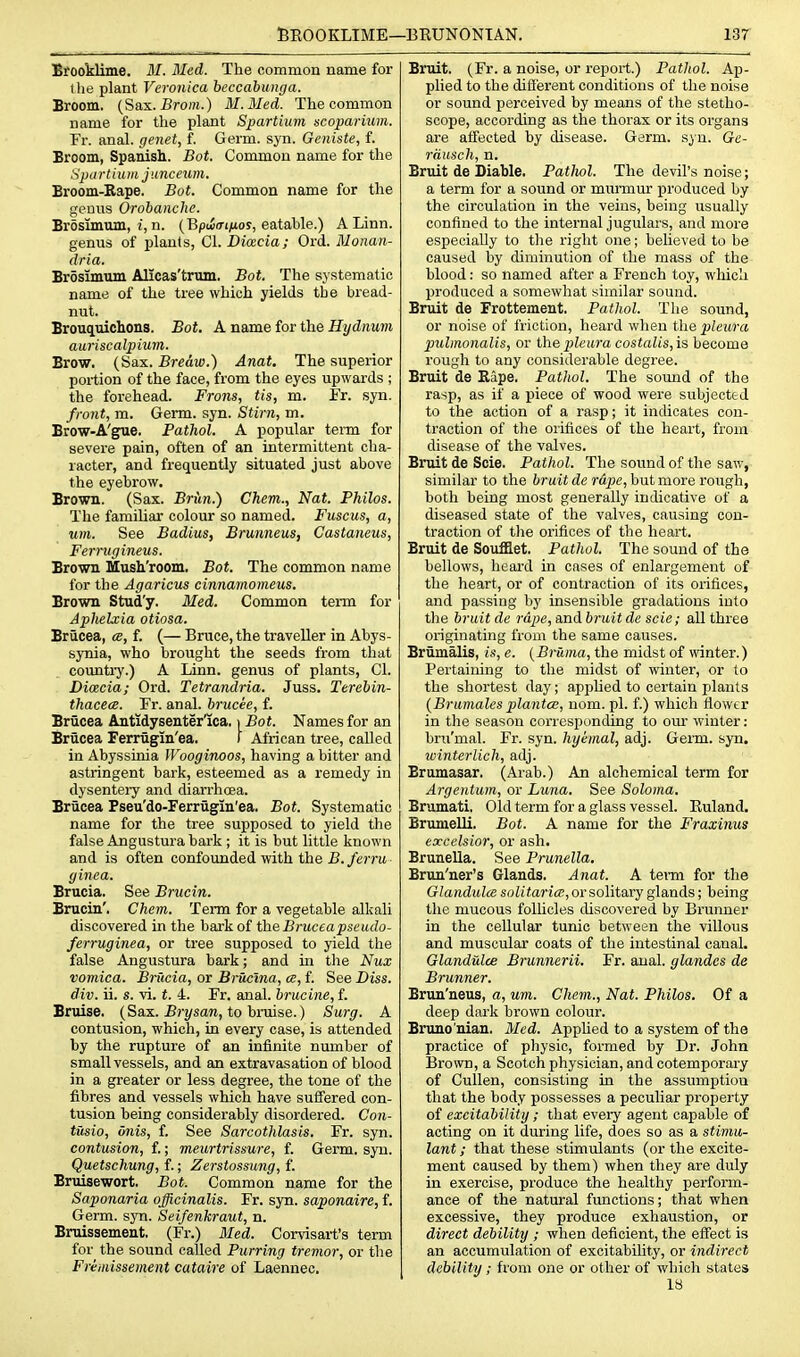 Erooklime. ill. Bled. The common name for the plant Veronica beccabunga. Broom. (Sax. jSrom.) M.Med. The common name for the plant Spartium ncoparium. Fr. anal, genet, f. Germ. syn. Geniste, f. Broom, Spanish. Bot. Common name for the Spartium jimceum. Broom-Rape. Bot. Common name for the geuus Orobanche. Brosunum, i, n. (Bpiiinjuos, eatable.) A Linn. genus of plants, CI. Dimcia; Ord. Monan- dria. Brosimum Alicas'tnim. Bot. The systematic name of the tree which yields the bread- nut. Brouqxiiclions. Bot. A name for the Hydnum auriscalpium. Brow. (Sax. Bredw.) Anat. The superior portion of the face, from the eyes upwards ; the forehead. Frons, tis, m. Fr. syn. front, m. Germ. syn. Stirn, m. Brow-A'gue. Pathol. A popular term for severe pain, often of an intermittent cha- racter, and frequently situated just above the eyebrow. Brown. (Sax. Brun.) Chem., Nat. Philos. The familiar colour so named. Fuscus, a, urn. See Badius, Brunneus, Castaneus, Ferrugineus. Brown Mush'room. Bot. The common name for the Agaricus cinnamomeus. Brown Stud'y. Med. Common tei-m for ApJielxia otiosa. Brucea, «, f. (— Bruce, the traveller in Abys- synia, who brought the seeds from that cotrati-y.) A Linn, genus of plants, CI. DicBcia; Ord. Tetrandria. Juss. Terebin- thacecB. Fr. anal, brucee, f. Brucea Antidysenterlca. ]Bot. Names for an Brucea Ferrugin'ea. f African tree, called in Abyssinia Wooginoos, having a bitter and astringent bark, esteemed as a remedy in dysentery and diarrhoea. Brucea Pseu'do-Ferrugln'ea. Bot. Systematic name for the tree supposed to yield the false Angustura hark ; it is but little known and is often confounded with the £./errw ginea. Brucia. See Brucin. Brucin'. Chem. Term for a vegetable alkali discovered in the barkof theBntcea^scitrfo- ferruginea, or tree supposed to yield the false Angustura bark; and m the Nux vomica. Briicia, or Bi-ucina, ce, f. See Diss, div. ii. s. vi. t. 4. Fr. anal, brucine, f. Bruise. (Sax. £?-i/san, to braise.) Surg. A contusion, which, in every case, is attended by the rupture of an infinite number of small vessels, and an extravasation of blood in a greater or less degree, the tone of the fibres and vessels which have suffered con- tusion being considerably disordered. Con- tusio, onis, f. See Sarcothlasis. Fr. syn. contusion, f.; meurtrissure, f. Germ. syn. Quetschung, f.; Zerstossung, f. Bruisewort. Bot. Common name for the Saponaria officinalis. Fr. syn. saponaire, f. Germ. syn. Seifenkraut, n. Bniissement, (Fr.) Med. Corvisart's term for the sound called Purring tremor, or the Frimissement cataire of Laennec, Bruit. (Fr. a noise, or rei^ort.) Patliol. Ap- plied to the difierent conditions of the noise or sound perceived by means of the stetho- scope, according as the thorax or its organs are affected by disease. Germ. syn. Ge- rdusch, n. Bruit de Diable. Pathol. The devil's noise; a term for a sound or murmur produced by the circulation in the veins, being usually confined to the internal jugulars, and more especially to the right one; believed to be caused by diminution of the mass of the blood: so named after a French toy, which produced a somewhat similar sound. Bruit de Frottement. Pathol. The sound, or noise of friction, heard when the pleura pulmonalis, or \hepleura costalis,\s, become rough to any considerable degree. Bruit de Kape. Pathol. The soimd of the rasp, as if a piece of wood were subjected to the action of a rasp; it indicates con- traction of the orifices of the heart, from disease of the valves. Bruit de Scie. Pathol. The sound of the saw, similar to the bruit de rape, but more rough, both being most generally indicative of a diseased state of the valves, causing con- traction of the orifices of the heart. Bruit de Soufflet. Pathol. The sound of the bellows, heard in cases of enlargement of the heart, or of contraction of its orifices, and passing by insensible gradations into the bruit de rape, and bruit de scie; all three originating from the same causes. Brumalis, is, e. [BrUma, the midst of winter.) Pertaining to the midst of winter, or to the shortest day; applied to certain plants (Brumalesplantcs, nom. pi. f.) which fiowtr in the season corresponding to om* winter: bru'mal. Fr. syn. hyemal, adj. Geim. syn. tvinterlich, adj. Briuuasar. (Arab.) An alchemical term for Argentum, or Luna. See Soloma. Brumati, Old term for a glass vessel. Euland. Brumelli. Bot. A name for the Fraxinus excelsior, or ash. Brunella. See Prunella. Brun'ner's Glands. Anat. A term for the G/a«duZiKsoZiteri£f, or solitary glands; being the mucous follicles discovered by Brunner in the cellular tunic between the villous and muscular coats of the intestinal canal. Glandulce Brunnerii. Fr. anal, glandcs de Brunner. Brun'neus, a, um. Chem., Nat. Philos. Of a deep dark brown colour. Bruno'nian. Med. Apphed to a system of the practice of physic, formed by Dr. John Brown, a Scotch physician, and cotemporary of Cullen, consisting in the assumption that the body possesses a peculiar property of excitability; that eveiy agent capable of acting on it during life, does so as a stimu- lant ; that these stimulants (or the excite- ment caused by them) when they are duly in exercise, produce the healthy perform- ance of the natural functions; that when excessive, they produce exhaustion, or direct debility ; when deficient, the effect is an accumulation of excitabihty, or indirect debility ; from one or other of which states IS