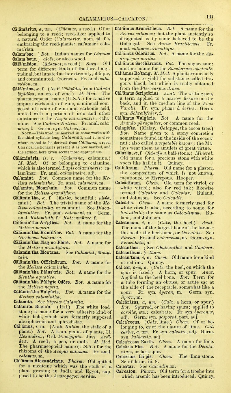 CALAMAEIUS- Calamarius, a, WHi. {Calamus, & reed.) Of or belonging to a reed; reed-like; applied to a natm'al Order {Calamarice, nom. pi. f.), embracing the reed-plants: cal'amar: cala- nia'rian. Calam'bac. ) Bot. Indian names for Lignum Calam'bouc. J aloes, or aloes wood. Cala'medon, (KaA.ajnos, a reed.) Surg. Old term for different kinds of fracture, longi- tudinal, but lunated at the extremity, oblique, and comminuted. Gorrseus. Fr. anal, cala- viedon, m. Cala'mina, a, f. (As if Calapida, from Cadmla Uiptdusa, an ore of zinc.) M. Med. The phai-macopoeial name (U.S.A.) for a native impm-e carbonate of zinc, a mineral com- posed of oxide of zinc and carbonic acid, united with a portion of iron and other substances : the Lapis calaminaris : cal'a- mine. See Cadmia Nativa. Fr. anal, cala- mine, f. Germ. syn. Galmci, m. Note.—This word is niai'ked iu some works witli the third syllable loug, Calamina, and it is else- where stated to be derived from Calamus, a reed. Classical dictionaries present it as uow marked, and the etymon here given seems more appropriate. Calaminaris, is, e. {Calamina, calamine.) M. Med. Of or belonging to calamine, which is also termed Lapis calaminaris: ca- lam'inar. Fr. anal, calaminaire, adj. Caramint. Bot. Common name for the Me- lissa calamintha. Fr. anal, calament, m. Cal'amint, Moun'tain, Bot. Common name for the Melissa grandifiora. Calamin'tha, a, f. (KaAbj, beautiful; filvOa, mint.) Bot. The trivial name of the Me- lissa calamintha, or calaraint. See Diaca- laminthes. Fr. anal, calament, m. Germ, anal. Kalaminth, f.; Katzenmiinze, f. Calamin'tha An'gllca. Bot. A name for the Melissa nepeta. Calamin'tha Hiimil'ior. Bot. A name for the Glechnma hederacea. Calamin'tha Mag'no Flore. Bot. A name for the Melissa yrandiflora. Calamin'tha Montana. See Calamint, Moun- tain. Calamin'tha Officinanim. Bot. A name for the MIelissa calamintha. Calamin'tha Palus'tris. Bot, A name for the Mentha aquatica. Calamin'tha Puiegio Od5re. Bot. A name for the Melissa nepeta. Calamin'tha Vulgaris. Bot. A name for the Melissa calamintha. Calamita. See Styrax Calamita. Calamita Bianc'a. (Ital.) The white load- stone ; a name for a very adhesive kind of •white bole, which was formerly supposed alexipharmic and aphrodisiac. Cal'amus, i, m. (Arab. Kalam, the stalk of a plant.) Bot. A Linn, genus of plants, CI. Hexandria; Ord. Monogynia. Juss. Aro'i- dece. A reed; a pen, or quill. M. Med. The phannacopoeial name (U.S.A.) for the rhizoma of the Acopus calamus. Fr. anal. calamus, m. Cal'amus Alexandrinus. Pharm. Old epithet for a medicine which was the stalk of a plant growing in India and Egypt, sup- l)osed to be the Andropogon nardus. i—CALCATON. Cal amus Aromat'icus. Bot. A name for the Acorus calamus; but the plant anciently so designated is by some believed to be the Galangal. See Aurus Braziliensis. Fr, anal, calamus aromatique. Cal'amus Odoratus. Bot. A name for the An- dropogon nardus. Cal amus Saccharlnus, Bot. The sugar-cane: another name for the Saccharum officinale. Cal'amusRo'tang. M.Med. Aplanterrone )usly supposed to yield the substance called dra- gon's blood, but which is really obtained from the Fterocarpus draco. Cal'amus Scriptorius, Anat. The writing pen, a term applied to a naiTOW fissure on tlie back, and in the median line of the Pons Varolii. Fr, syn. plume a eerire. Germ, syn. Schreihfider, f. Cal'amus Vulgaris. Bot. A name for the Arnndo phragmites, or common reed. Calapit'te. (Malay. Calappa, the cocoa-tree.) Bot. Name given to a stony concretion sometimes found in the inside of the cocoa- nut ; also called avegetable bezoar ; the Ma- lays wear them as amulets of great virtue. Calaz'ia, ce, f. (XaAafa,a hail-stoue.) Mineral. Old name fur a precious stone with white spots like hail in it. Quincy. Calbianum. Pharm. Old name for a plaster, the composition of which is not known, mentioned by Myrepsus. Hooper. Calcadinum. Cliem. Old term for vitriol, or white vitriol; also for red ink; likewise termed Calcatar and Calcotar. Euland, and Johnson. See Calcadis. Calcadis. Chem. A name formerly used for white vitriol; also, according to some, for Sal alkali; the same as Calcadinum. Eu- land, and Johnson. Calcaneum, i, n. {Calx, the heel.) Anat. The name of the largest bone of the tarsus; the heel: the heel-bone, or Os calcis. See Pterna. Fr. anal, calcaneum, m. Germ. syn. Fersenbein, n. Calcanthos. i See Chalcanthos and Chalcan- Calcanthum. ) thum. Calcan'tiun, i, n. Chem. Old name for a kind of red ink. Quincy. Cal'oar, oris, n. (Calx, the heel, on which the spur is fixed.) A horn, or spur. Anat. Applied to the heel-bone. Bot. Term for a tube forming an obtuse, or acute sac at the side of the receptacle, somewhat like a spur. Fr. syn. eperon, m. Germ. syn. Sporn, m. Calcaratus, a, um. {Calx, a horn, or spur.) Bot. Spurred, or having spurs; applied to corolla:, etc.: calca'rate. Fr. syn. eperonne, adj. Germ. syn. gespornt, part. adj. Calca'reous. {Calx, lime.) Chem. Of or be- longing to, or of the nature of lime. Cal- cdrius, a, um. Fr. syn. calcaire, adj. Germ, syn. kalkartig, adj. Calca'reotis Earth. Chem. A name for lime. Calcaris Flos. Bot. A name for the Delphi- nium, or lark-spur. Calcarius La'pis. Chem. The lime-stone. Sclirodems, iii. 8. Calcatar. See Calcadinum. Cal'caton. Pharm. Old term for a troche into 1 which arsenic has been introduced. Quincy.