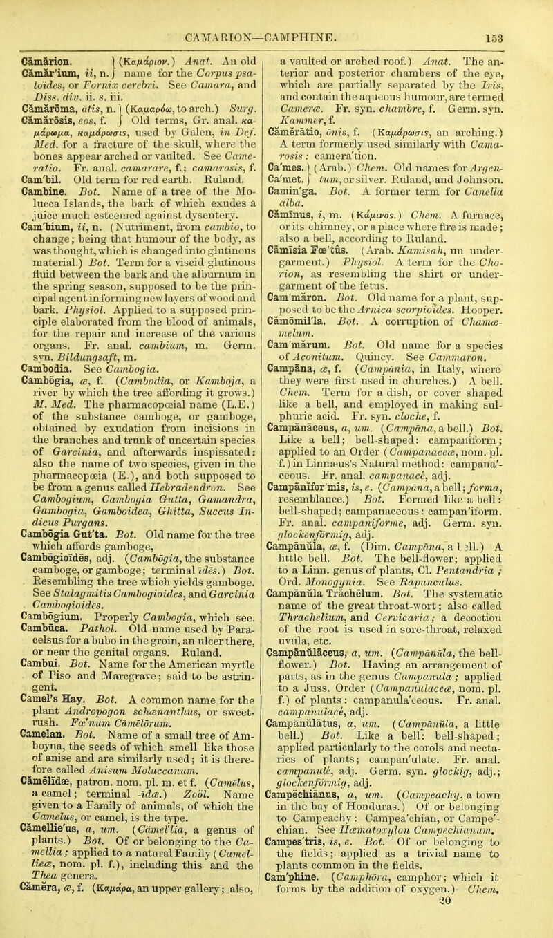 Camarion. '[{Kafidpiov.) Anat. An old Camar'iuni, it, n. j mime for the Corp its ^sa- lo'idcs, or Fornix cerebri. See Camara, and Diss. dio. ii. s. iii. Camaroma, atis, n. 1 (KafiafjSai, to arch.) Surg. Camardsis, eos, f. | Old terms, Gr. anal, ko- fidpufia, Kafidpaiais, used hy Galen, in Def. Med. for a fracture of the skull, where tlie bones appear arched or vaulted. See Came- ratio. Fr. anal, camarare, f.; camarosis, f. CamTjil. Old tei-m for red earth. Euland. Cambine. Bot. Name of a tree of the Mo- lucca Islands, the bark of which exudes a juice much esteemed against dysentery. Cam'biurQ, ii, n. ( Nutiiment, fi-om cambio, to change; being that humour of the body, as was thought, which is changed into glutinous material.) Bot. Term for a viscid glutinous fluid between the bark and the alburnum in the spring season, supposed to be the prin- cipal agentinformingnewlayers of wood and bark. Physiol. Applied to a supposed prin- ciple elaborated from the blood of animals, for the repair and increase of the various organs. Fr. anal, cambium, m. Germ, syn. Bildungsaft, m. Cambodia, See Cambogia. Cambogia, ce, f. {Cambodia, or Kamboja, a river by which the tree affording it grows.) M. Med. The phamiaeopceial name (L.E.) of the substance camboge, or gamboge, obtained by exudation from incisions in the branches and trunk of uncertain species of Garcinia, and afterwards inspissated: also the name of two species, given in the pharmacopoeia (E.), and both supposed to be from a genus called Hebradendrun. See Cambogium, Cambogia Gutta, Gamandra, Gambogia, Gamboidea, Ghitta, Succus In- dicns Purgans. Cambogia Gut'ta. Bot. Old name for the tree which affords gamboge, Cambogioides, adj. (Camftti^ria, the substance camboge, or gamboge; terminal wfe.) Bot. Resembling the tree which yields gamboge. See Stalagmitis Cambogioides, and Garcinia Cambogioides. Cambogium. Properly Cambogia, which see. Cambuca. Pathol. Old name used by Para- celsus for a bubo in the groin, an ulcer there, or near the genital organs. Euland. Cambui. Bot. Name for the American myrtle of Piso and Marcgrave; said to be astrin- gent. Camel's Hay. Bot. A common name for the plant Andropogon schananthus, or sweet- rush. Fa'num Camvlorum. Camelan. Bot. Name of a small tree of Am- boyna, the seeds of which smell like those of anise and are similarly used; it is there- _fore called Anisim Moluccanum. Camelidae, patron, nom. pi. m. et f. (Camelus, a camel; terminal -5rf«.) Zobl. Name given to a Family of animals, of which the ^Camelus, or camel, is the type. Camellie'us, a, um. {Camel'lia, a genus of plants.) Bot. Of or belonging to the Ca- mellia; apphed to a natural Family (aajacZ- liecB, nom. pi. f.), including this and the Thea genera. Camera, f. {Ka/idpa, an upper gallery; also, a vaulted or arched roof.) Anat. The an- terior and posteiior chambers of the eye, which are partially separated by the Iris, and contain the aqueous humour, are termed Camera. Fr. syn. chambre, f. Germ. syn. Kamvier, f. Cameratio, o?iis, f. (Kafidprnais, &\i arching.) A term formerly used similarly with Cama- rosis : camera'tion. Ca'raes.) (Arab.) Chcm. Old names iorArgcn- Ca'met. J iiim, or silver. Euland, and Johnson. Camin'ga. But. A former term for Canella alba. Caminus, i, m. (Kdjj.iuos.) Chem. A furnace, or its chimney, or a place where Are is made; also a bell, according to Euland. Camisia Foe'tus. (Arab. Kamisah, un under- garment.) Physiol. A term for the Cho- rion, as resembling the shirt or under- garment of the fetus. Cam'maron. Bot. Old name for a plant, sup- posed to be the ^-IrMica scorpiotdes. Hooper. Camomil'Ia. Bot. A corruption of Chamce- vu'lum. Cam'marum. Bot. Old name for a species Aconitum. Quincy. See Cammarou. Campana, a, f. {Campania, in Italy, Aviiere they were first used in churches.) A bell. Chem. Term I'or a dish, or cover shaped like a bell, and employed in making sul- phuric acid. Fr. syn. cloclie, f. Campanaceus, a, M7re. (Cawp«/ja, a bell.) Bot. Like a bell; bell-shaped: campaniform; applied to an Oi'der (Campanacea, nom. pi. f.) in Linnseus's Natui'al method: campana'- ceous. Fr. anal, campanace, adj. Campanifor'mis, is, e. {Campmia, a bell; forma, resemblance.) Bot. Formed like a beU: bell-shaped; campanaceous: campan'iform. Fr. anal, campaniforme, adj. Germ. syn. glockcnformig, adj. Campaniila, ce, f. (Dim. Campana, a 1:11.) A little bell. Bot. The bell-ilower; apphed to a Linn, genus of plants, CI. Pentandria ; Ord. Monngynia. See Rapunculus. Campanula Trachelum. Bot. The systematic name of the great throat-wort; also called Thrachelium, and Cervicaria; a decoction of the root is used in sore-throat, relaxed uvula, etc. Campanulaceus, a, um. {CampanXda, the bell- flower. ) Bot. Having an arrangement of parts, as in the genus Campanula ; appUed to a Juss. Order {Campanulacece, nom. pi. f.) of plants: campanula'ceous. Fr. anal. campanulace, adj. Campanulatus, a, um. {Campdnida, a little bell.) Bot. Like a bell: bell-shaped; applied particularly to the corols and necta- ries of plants; campan'ulate. Fr. anal. campanule, adj. Germ. syn. glockig, adj.; glockenfijrmig, adj. CampecManus, a, um. {Campeachy, a town in the bay of Honduras.) Of or belonging to Campeachy : CamiJea'chian, or Campe'- chian. See Hcematoxylon Caiiipechianum. Campes'tris, is, e. Bot. Of or belonging to the fields; applied as a trivial name to plants common in the fields. Cam'pMne. {Camphdra, camphor; which it forms by the addition of oxvgen.) Chcm. 20