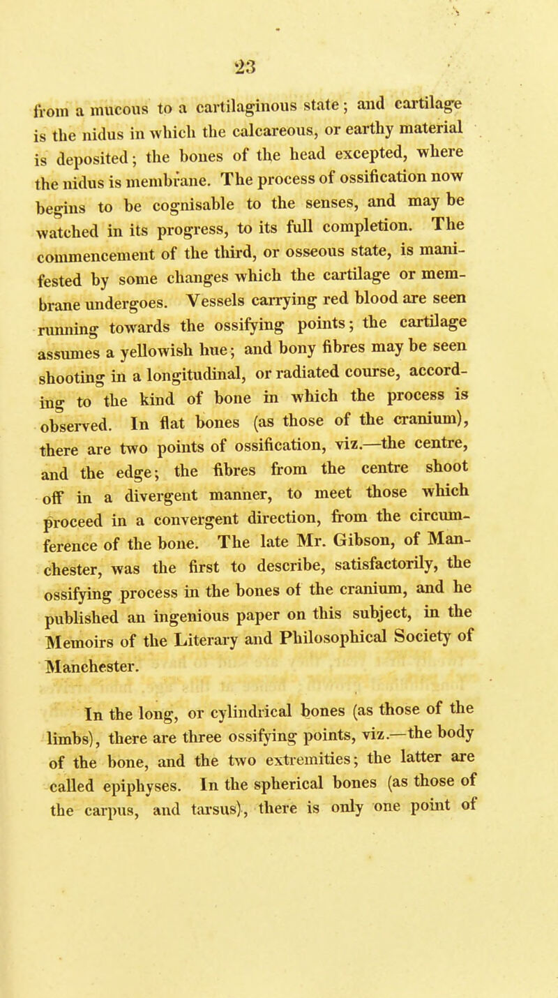 from a mucous to a cartilaginous state; and cai-tilage is the nidus in which the calcareous, or earthy material is deposited; the bones of the head excepted, where the nidus is membrane. The process of ossification now begins to be cognisable to the senses, and may be watched in its progress, to its full completion. The commencement of the third, or osseous state, is mani- fested by some changes which the cartilage or mem- brane undergoes. Vessels carrying red blood are seen running towards the ossifying points; the cartilage assumes a yeUowish hue; and bony fibres may be seen shooting in a longitudinal, or radiated course, accord- ing to the kind of bone in which the process is observed. In flat bones (as those of the cranium), there are two points of ossification, viz.—the centre, and the edge; the fibres from the centre shoot off in a divergent manner, to meet those which ]^roceed in a convergent direction, fi-om the circum- ference of the bone. The late Mr. Gibson, of Man- chester, was the first to describe, satisfactorily, the ossifying process in the bones of the cranium, and he published an ingenious paper on this subject, in the Memoirs of the Literary and Philosophical Society of Manchester. In the long, or cylindrical bones (as those of the limbs), there are three ossifying points, viz.—the body of the bone, and the two extremities; the latter are called epiphyses. In the spherical bones (as those of the carpus, and tarsus), there is only one point of