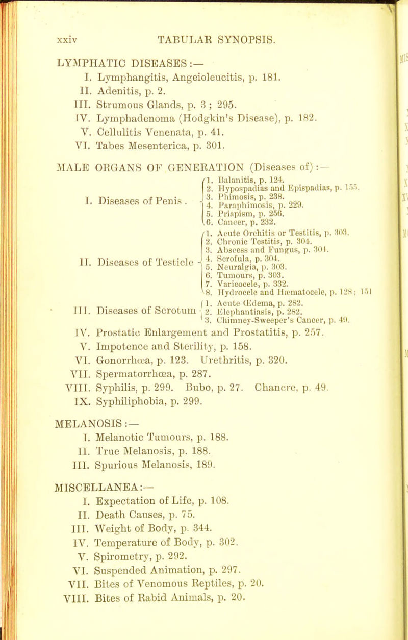 LYMPHATIC DISEASES:— I. Lymphangitis, Angeioleucitis, p. 181. II. Adenitis, p. 2. III. Strumous Glands, p. 3 ; 295. IV. Lymphadenoma (Hodgkin's Disease), p. 182. V. Cellulitis Venenata, p. 41. VI. Tabes Mesenterica, p. 301. MALE ORGANS OF GENERATION (Diseases of) III. Diseases of Scrotum 2. Elephantiasis, p. 282. ' 3. Chimney-Sweeper's Cancer, p. 40. IV. Prostatic Enlargement and Prostatitis, p. 257. V. Impotence and Sterility, p. 158. VI. Gonorrhoea, p. 123. Urethritis, p. 320. VII. Spermatorrhoea, p. 287. VIII. Syphilis, p. 299. Bubo. p. 27. Chancre, p. 49. IX. Syphiliphobia, p. 299. MELANOSIS :— I. Melanotic Tumours, p. 188. 11. True Melanosis, p. 188. III. Spurious Melanosis, 189. MISCELLANEA:— I. Expectation of Life, p. 108. II. Death Causes, p. 75. III. Weight of Body, p. 344. IV. Temperature of Body, p. 302. V. Spirometry, p. 292. VI. Suspended Animation, p. 297. VII. Bites of Venomous Reptiles, p. 2(1. VIII. Bites of Rabid Animals, p. 20. II. Diseases of Testicle I. Diseases of Penis . (1. Balanitis, p. 124. 2. Hypospadias and Epispadias, p. 1 3. Phimosis, p. 238. 4. Paraphimosis, p. 229. 5. Priapism, p. 250. C. Cancer, p. 232. fl. Acute Orchitis or Testitis, p. 303. 2. Chronic Testitis, p. 301. 3. Ahscess and Fungus, p. 304. J 4. Scrofula, p. 301. 5. Neuralgia, p. 303. G. Tumours, p. 303. 7. Varicocele, p. 332. '8. Hydrocele and Hematocele, p. 12m