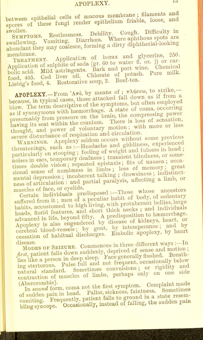 APOPLEXY. 10 SSJW SS-^^W » ^ aiphthcial-lootog Application of bo,« £d gljoeri.. MO. Liebig's food, 4. Bestorative soup, 2. Beet-tea. 4POPTFXY —Prom 'Att6, by means of ; irXfraw, to strike,— muscles of face, or eyelids ancestors advanced in life, beyond fifty. A precusp heart or Apoplexy is also engendered b> ^^^^ and by cerebral blood-vessels, by gout, o> in 1 by heart cessation of habitual discharges. Embolic apoplexy, uy ;™sr» 23S5JSSSS