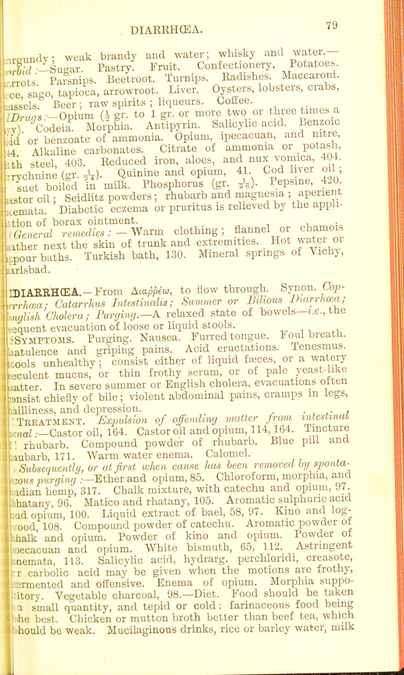 DIARRHCEA. mrundy: weak brandy and water; whisky and water.— E—Sugar. Pastry. Fruit. Confectionery. Potatoes, lots Parsnips. Beetroot. Turnips. Radishes Maccarom. ™1 tapioca, arrowroot. Liver. Oysters, lobsters, crabs, iass'els.° Beer ; raw spirits ; liqueurs. Coffee. K --Opium a gr. to 1 gr. or more two or three times a S codeS Morphia. Antipyrin. Salicylic acid. Benzoic 'id or benzoate of ammonia. Opium, ipecacuan, and nitre, 44 Alkaline carbonates. Citrate of ammonia or _ potash, itth steel, 403. Reduced iron aloes, and ^ vomica, 404. -rvohnine (°T Quinine and opium, 41. Cod liver on , Tiet boiled In milk. Phosphorus (gr A)- Pepsine, 420 liStor oil; Seidlitz powders; rhubarb and magnesia ; aperient Lemata. Diabetic eczema or pruritus is relieved by the appli- ition of borax ointment. Sicral remedies:-Warm clothing; flannel or chamois ather next the skin of trunk and extremities. Hot water oi Lour baths. Turkish bath, 130. Mineral springs of Vichy, nrlsbad. IDIAERHCEA.— From Atappeco, to flow through. Synon. Coj)- rrrhcea; Catarrhus Intestinalis ; Summer or Bilious Diarrhoea; mglish Cholera; Purging.—A relaxed state of bowels—i.e., tne sequent evacuation of loose or liquid stools. -Symptoms. Purging. Nausea. Furred tongue, loul breatn. aatulence and griping pains. Acid eructations. Tenesmus, cools unhealthy; consist either of liquid feces, or a watery •eculent mucus, or thin frothy serum, or of pale yeast-like aatter In severe summer or English cholera, evacuations often iimsist chiefly of bile; violent abdominal pains, cramps m legs, liiilliness, and depression. . . TREATMENT. Exjmlsion of offending matter from intestinal v.nal .—Castor oil, 164. Castor oil and opium, 114,164. Tincture !: rhubarb. Compound powder of rhubarb. Blue pill ana iiubarb, 171. Warm water enema. Calomel. Subsequently, or at first wJien cause has been removed by sponta- neous purging .—Ether and opium, 85. Chloroform, morphia, and idian hemp, 317. Chalk mixture, with catechu and opium, 97. hhatany, 96. Matico and rhatany, 105. Aromatic sulphuric acid id opium, 100. Liquid extract of bael, 58, 97. Kino and log- ood 108. Compound powder of catechu. Aromatic powder of :ualk and opium. Powder of kino and opium. Powder of oecacuan and opium. White bismuth, 65, 112. Astringent ruemata, 113. Salicylic acid, hydrarg. perchloridi, creasote, r carbolic acid may be given when the motions are frotby, armented and offensive. Enema of opium. Morphia suppo- itory. Vegetable charcoal, 98.—Diet. Food should be taken a small quantity, and tepid or cold: farinaceous food being he best. Chicken or mutton broth better than beef tea, which hould be weak. Mucilaginous drinks, rice or barley water, milk