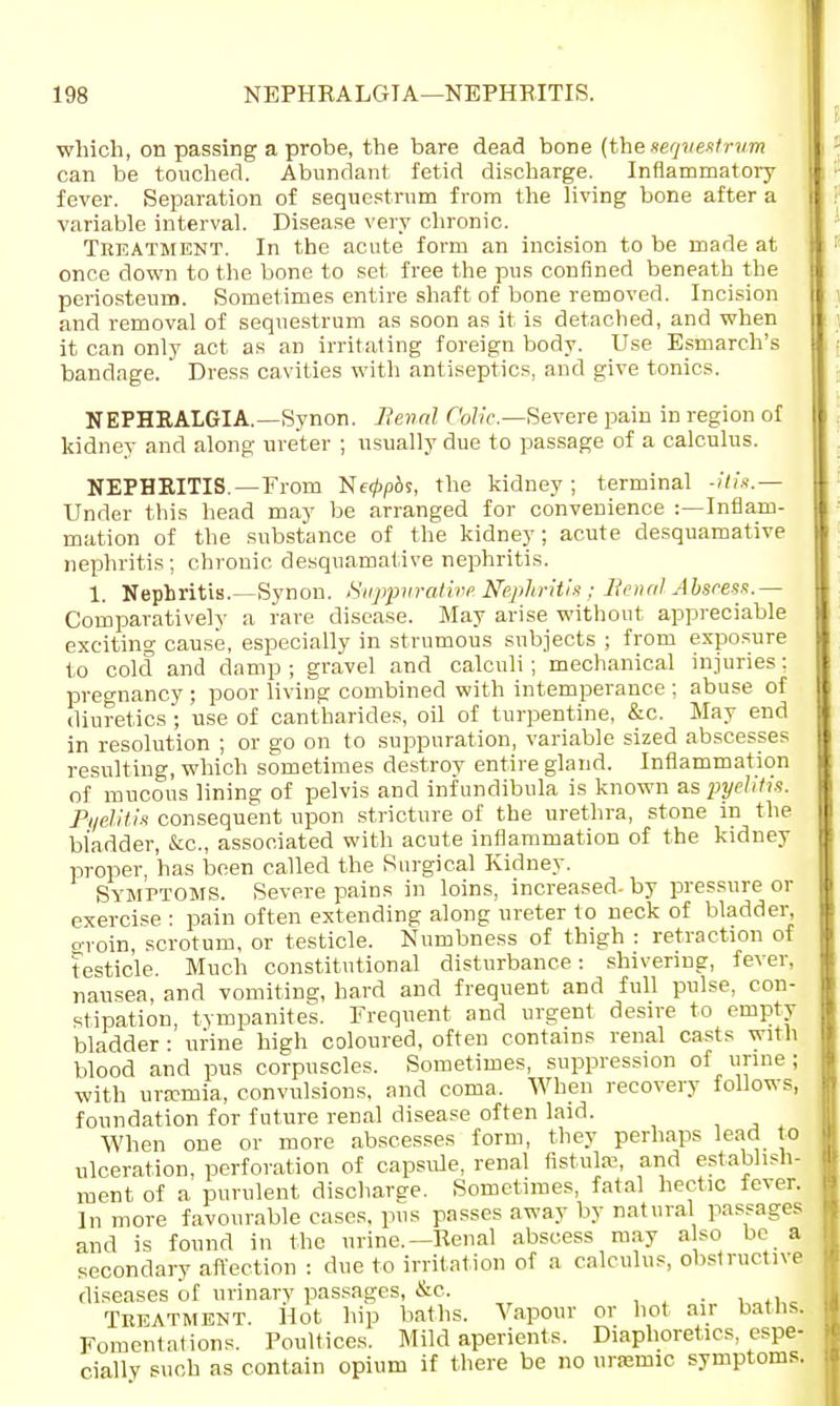 which, on passing a probe, the bare dead bone (the sequestrum can be touched. Abundant fetid discharge. Inflammatory fever. Separation of sequestrum from the living bone after a variable interval. Disease very chronic. Treatment. In the acute form an incision to be made at once down to the bone to set free the pus confined beneath the periosteum. Sometimes entire shaft of bone removed. Incision and removal of sequestrum as soon as it is detached, and when it can only act as an irritating foreign body. Use Esmarch's bandnge. Dress cavities with antiseptics, and give tonics. NEPHRALGIA.—Synon. Renal Colic—Severe pain in region of kidney and along ureter ; usually due to passage of a calculus. NEPHRITIS.—From Necppbs, the kidney; terminal -Ms.— Under this head may be arranged for convenience ^Inflam- mation of the substance of the kidney; acute desquamative nephritis; chronic desquamative nephritis. 1. Nephritis.—Synon. Suppurative. Nephritis; Renal Abscess.— Comparatively a rare disease. May arise without appreciable exciting cause, especially in strumous subjects ; from exposure to cold and damp; gravel and calculi; mechanical injuries: pregnancy ; poor living combined with intemperance ; abuse of diuretics ; use of cantharides, oil of turpentine, &c. May end in resolution ; or go on to suppuration, variable sized abscesses resulting, which sometimes destroy entire gland. Inflammation of mucous lining of pelvis and infundibula is known as pyelitis. Pyelitis consequent upon stricture of the urethra, stone in the bladder, &c, associated with acute inflammation of the kidney proper, has been called the Surgical Kidney. Symptoms. Severe pains in loins, increased- by pressure or exercise : pain often extending along ureter to neck of bladder, o-roin, scrotum, or testicle. Numbness of thigh : retraction of testicle Much constitutional disturbance: shivering, fever, nausea, and vomiting, hard and frequent and full pulse, con- stipation, tympanites. Frequent and urgent desire to empty bladder : urine high coloured, often contains renal casts with blood and pus corpuscles. Sometimes, suppression of urine; with ura:mia, convulsions, and coma, When recovery follows, foundation for future renal disease often laid. When one or more abscesses form, they perhaps lead to ulceration, perforation of capsule, renal fistulas, and establish- ment of a purulent discharge. Sometimes, fatal hectic lever. In more favourable cases, pus passes away by natural passages and is found in the urine.—Renal abscess may a so be a secondary affection : due to irritation of a calculus, obstructive diseases of urinary passages, &c. Treatment. Hot hip baths. Vapour or hot air bathsj Fomentations. Poultices. Mild aperients. Diaphoretics, espe- cially such as contain opium if there be no uremic symptoms.