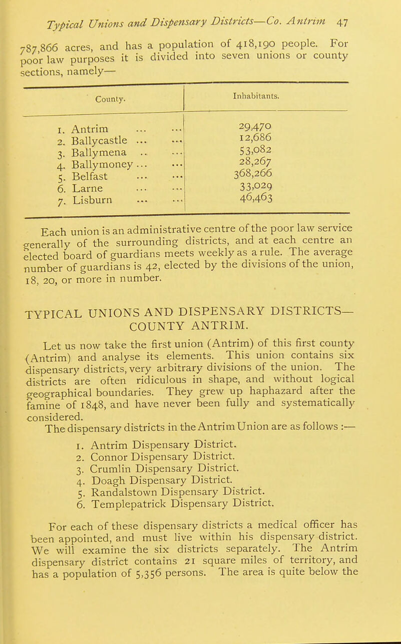 787866 acres, and has a population of 418,190 people. For poor law purposes it is divided into seven unions or county sections, namely— County. Inhabitants. 1. Antrim 2. Ballycastle . 3. Ballymena 4. Ballymoney . 5. Belfast 6. Larne 7. Lisburn 29,470 12,686 53,082 28,267 368,266 33,029 46,463 Each union is an administrative centre of the poor law service <>-enerally of the surrounding districts, and at each centre an elected board of guardians meets weekly as a rule. The average number of guardians is 42, elected by the divisions of the union, 18, 20, or more in number. TYPICAL UNIONS AND DISPENSARY DISTRICTS- COUNTY ANTRIM. Let us now take the first union (Antrim) of this first county (Antrim) and analyse its elements. This union contains six dispensary districts, very arbitrary divisions of the union. The districts are often ridiculous in shape, and without logical geographical boundaries. They grew up haphazard after the famine of 1848, and have never been fully and systematically considered. The dispensary districts in the Antrim Union are as follows :— 1. Antrim Dispensary District. 2. Connor Dispensary District. 3. Crumlin Dispensary District. 4. Doagh Dispensary District. 5. Randalstown Dispensary District. 6. Templepatrick Dispensary District. For each of these dispensary districts a medical officer has been appointed, and must live within his dispensary district. We will examine the six districts separately. The Antrim dispensary district contains 21 square miles of territory, and has a population of 5,356 persons. The area is quite below the