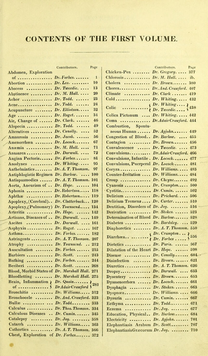 CONTENTS OF THE FIRST VOLUME. Contributors. Page Abdomen, Exploration of Abortion Abscess Abstinence Achor Acne Acupuncture Age Air, Change of Alopecia Alteratives Amaurosis Amenorrhoea Anaemia Anasarca Angina Pectoris Anodynes Anthelmintics Antiphlogistic Regimen Antispasmodics Aorta, Aneurism of .. Aphonia Aphthae Apoplexy,(Cerebral).. Apoplexy ,(Pulmonary) Arteritis Artisans, Diseases of .. Ascites Asphyxia Asthma Astringents Atrophy Auscultation Barbiers Bathing Beriberi Blood, Morbid States of Bloodletting Brain, Inflammation 1 of $ Bronchitis Bronchocele Bullas Calculus Calculous Diseases .. Catalepsy Catarrh Cathartics Chest, Exploration of Dr. Forbes 1 Dr. Lee 10 Dr. Tweedie 13 Dr. M. Hall 20 Dr. Todd 23 Dr. Todd 24 Dr. Elliotson 32 Dr. Roget 31 Dr. Clark 46 Dr. Todd 49 Dr. Conolty 52 Dr. Jacob 56 Dr. Locock 67 Dr. M. Hall 71 Dr. Darwall 72 Dr. Forbes 81 Dr. Whiting 95 Dr. A. T. Thomson. 97 Dr. Barlow 100 Dr. A. T. Thomson. 101 Dr. Hope 104 Dr. Robertson 118 Dr. Robertson 119 Dr. Clutterbuck... 120 Dr. Townsend 134 Dr. Hope 142 Dr. Darwall 149 Dr. Darwall 161 Dr. Roget 167 Dr. Forbes 182 Dr. A. T. Thomson. 207 Dr. Townsend. .. 212 Dr. Forbes 215 Dr. Scott 243 Dr. Forbes 244 Dr. Scott 268 Dr. Marshall Hall. 271 Dr. Marshall Hall. 275 Dr- Quain *oSi DrAdairCraw/ord S Dr. Williams 312 Dr. And. Crawford. 323 Dr. Todd 333 Dr. Thos. Thomson. 334 Dr. Cumin 345 Dr. Joy 358 Dr. Williams 363 Dr. A. T. Thomson. 366 Dr. Forbes 372 Contributors. Page Chicken-Pox Dr. Gregory 377 Chlorosis Dr. M. Hall ib. Cholera Dr. Brown 380 Chorea Dr. And. Crawford. 407 Climate Dr. Clark 419 Cold Dr. Whiting 432 t Dr. Whiting.... i Colic (Dr. Tweedie..... Colica Pictonum .... Dr. Whiting 442 Coma Dr. Ad air Crawford. 144 Combustion, Sponta- neous Human Dr. Apjohn 449 Congestion of Blood.. Dr. Barlow 455 Contagion Dr. Brown 456 Convalescence Dr. Tweedie 473 Convulsions Dr.AdairCrawford. 466 Convulsions, Infantile . Dr. Locock 477 Convulsions, Puerperal Dr. Locock 481 Coryza Dr. Williams 483 Counter-Irritation Croup Cyanosis Cystitis.. Dr. Williams 484 Dr. Cheyne 492 Dr. Crampton 500 Dr. Cumin 502 Delirium Dr. Prichard 506 Delirium Tremens .... Dr. Carter 510 Dentition, Disorders of Dr. Joy 516 Derivation Dr. Stokes 523 Determination of Blood Dr. Barlow 528 Diabetes Dr. Bardsley. 529 Diaphoretics Dr. A. T. Thomson. 550 t Dr. Crampton. .. } DiarrhoeaI Dr. Forbes I 556 Dietetics Dr. Paris 567 Dilatation of the Heart Dr. Hope 598 Disease Dr. Conolly 604- Disinfection Dr. Brown 621 Diuretics Dr. A. T. Thomson. 626 Dropsy Dr. Darwall 633 Dysentery Dr. Brown 653 Dysmenorrhoea Dr. Locock 661 Dysphagia Dr. Stokes 663 Dyspnoea Dr. Williams 666 Dysuria Dr. Cumin 667 Ecthyma Dr. Todd 671 Eczema Dr. Joy 677 Education, Physical.. Dr. Barlow 684 Electricity Dr. Apjohn 701 Elephantiasis Arabum Dr. Scott 707 ElephantiasisGraecorum Dr. Joy 710