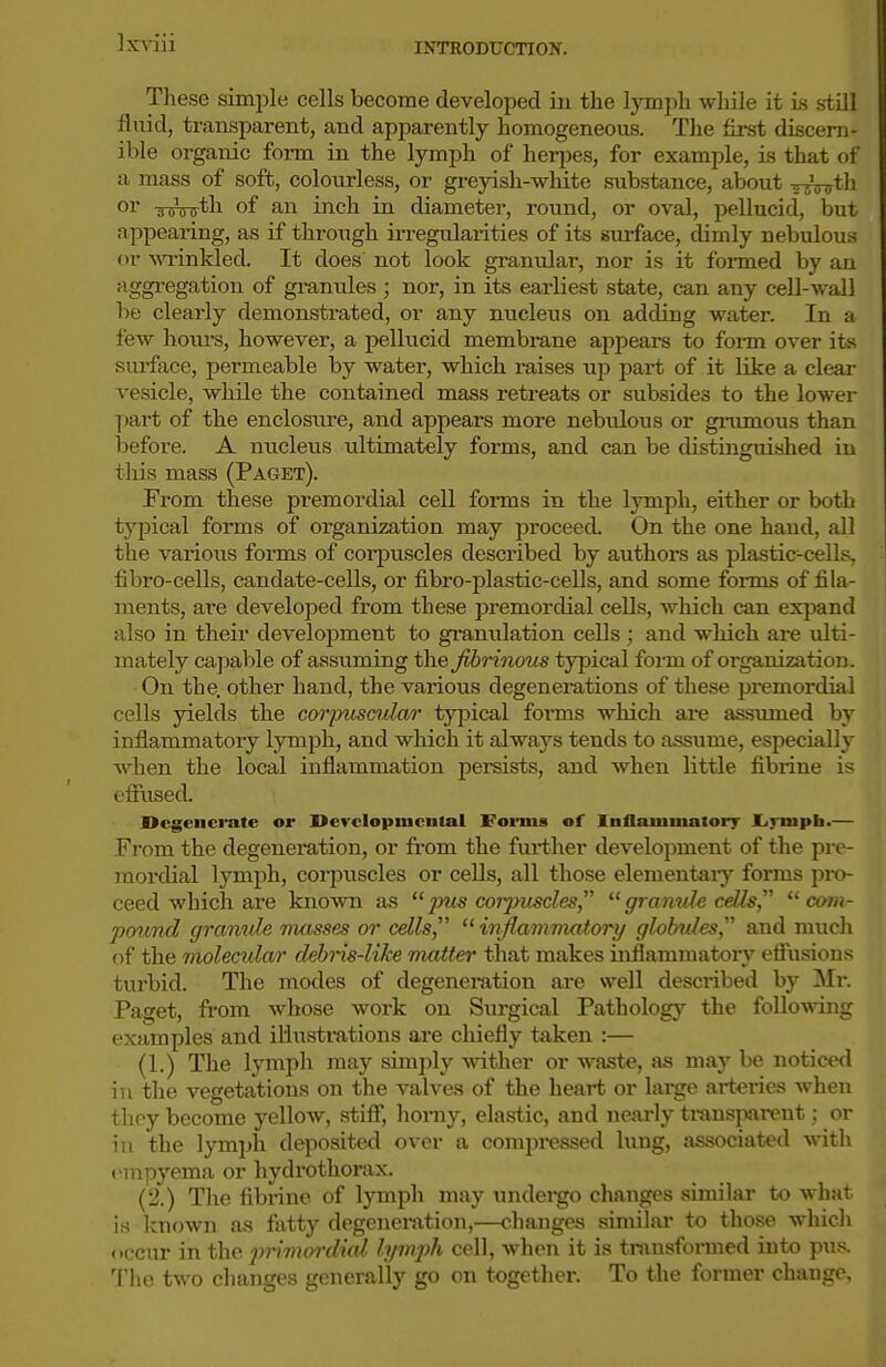 These simple cells become developed m the lymph while it is still fluid, transparent, and apparently homogeneous. The fii-st discern- ible organic form in the lymph of herpes, for example, is that of a mass of soft, colourless, or greyish-white substance, about rriWth 01 Tnnnrth of an inch in diameter, round, or oval, pellucid, but appearing, as if through irregularities of its siuface, dimly nebulous or wrinkled. It does not look grantdar, nor is it foi-med by an aggregation of granules ; nor, in its earliest state, can any cell-wall be clearly demonstrated, or any nucleus on adding water. In a few hours, however, a pellucid membrane appears to foi-m over its surface, permeable by water, which raises up part of it like a clear vesicle, while the contained mass retreats or subsides to the lower part of the enclosure, and appears more nebulous or gnimous than before. A nucleus ultimately forms, and can be distinguished iu this mass (Paget). From these premordial cell forms in the lymph, either or both typical forms of organization may proceed. On the one hand, all the varioiis forms of corpuscles described by authors as plastic-cells, fibro-cells, candate-cells, or fibro-plastic-cells, and some fonns of fila- ments, are developed from these premordial cells, wliich can expand also in their develo^jment to granulation cells ; and which are ulti- mately capable of assuming the fhrinous typical form of organization. On the. other hand, the various degenerations of these premordial cells yields the corpmaidar typical forms wliich ai-e assmned by inflammatory lymph, and which it always tends to assume, especially when the local inflammation persists, and when little fibrine is effiised. Degenerate or Developmental Forms of Inflammatory lij^pb.— From the degeneration, or from the further development of the pre- mordial lymph, corpuscles or cells, all those elementaiy forms pro- ceed which are known as pus corpuscles granule cells  com- pound granule masses or cells inflammatory globides and mucli of the molecidar debris-like matter that makes ioflammatory eflusious turbid. The modes of degeneration are well described by Mr. Paget, from whose work on Surgical Pathology the following examples and illustrations are chiefly taken :— (1.) The lymph may simply wither or waste, as may be noticed in the vegetations on the valves of the heart or large arteries when they become yellow, stiff, homy, elastic, and nearly transparent: or in the lymph deposited over a comjn-essed lung, associated with empyema or hydrothorax. (2.) The fibi-ine of lymph may undergo changes similar to what is Icnown as fatty degeneration,—changes similar to those which occur in the primordial lymj^h cell, when it i.s transformed into pus. '['he two changes generally go on together. To the former change.