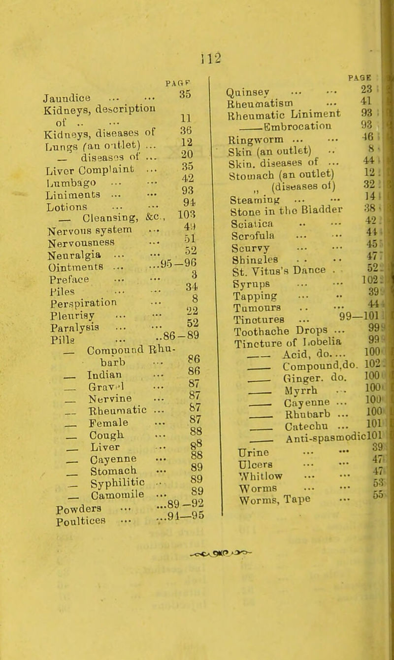 !12 PARP 35 11 36 12 20 35 42 93 91. _ Cleansing, &c,, 103 Nervous system .-. ol 52 ...95-96 3 34 8 22 52 ..86-89 Jaundice Kidneys, description of Kidneys, disseases of fiuntjs fan o itlet) ... diseases of ... Livor Complaint ... I^nmbago Liniments ... Lotions Nervousness Neuralgia .. Ointments .. Preface Hies _ •• Perspiration Pleurisy Paralysis .. Pills Comooutid Bhu- barb •■• ^6 Indian ••• 86 _ Grav.'l ... 87 Nervine ... Kbeumatic ... W Female ... 87 _ Cough ... 88 _ Liver .• 88 Cayenne ... 88 Stomach ... 89 _ Syphilitic 89 Camomile ... tsa Powders ... -89-92 Poultices ... ...ai—»o Quinsey Rheumatism Rheumatic Liniment -Embrocation P.iQK 23 41 93 93 46 I 8t 441 12! 32! 141 38 < 42 2 44 i 45i 477 52 102 39 Ringvrorm ... Skin (an outlet) Skin, diseases of ... Stomach (an outlet) ,1 (diseases oi) Steaming Stone in tlio Bladder Sciatica Scrofula Scurvy Sbinales St. Vitus's Dance . Syrups Tapping Tumours Tinctures Toothache Drops ... Tincture of Lobelia . Acid, do— . Compound.do . Ginger, do. Myrrh • ■ Cayenne ... Rhuliarb ... Catechu ... . Anti-spasmodiclOl 39 47 47 55 99—1 lOiV 100 101 Urine Ulcers Whitlow W orms Worms, Tape