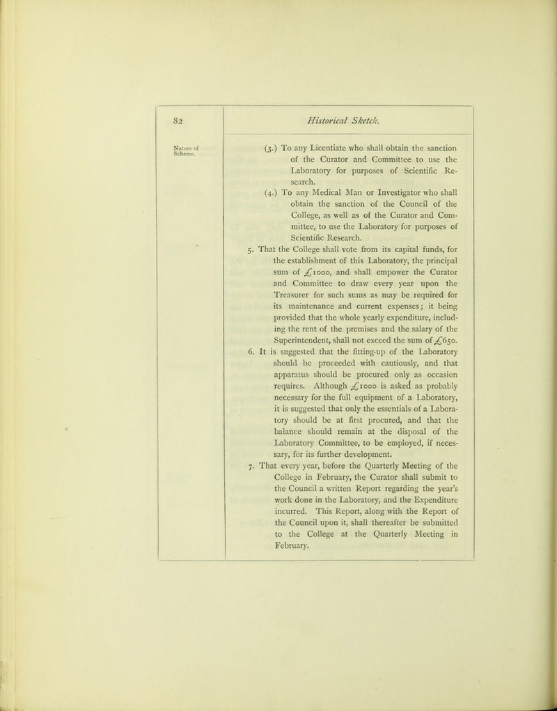 (3.) To any Licentiate who shall obtain the sanction of the Curator and Committee to use the Laboratory for purposes of Scientific Re- search. (4.) To any Medical Man or Investigator who shall obtain the sanction of the Council of the College, as well as of the Curator and Com- mittee, to use the Laboratory for purposes of Scientific Research. That the College shall vote from its capital funds, for the establishment of this Laboratory, the principal sum of ^1000, and shall empower the Curator and Committee to draw every year upon the Treasurer for such sums as may be required for its maintenance and current expenses; it being provided that the whole yearly expenditure, includ- ing the rent of the premises and the salary of the Superintendent, shall not exceed the sum of ^650. It is suggested that the fitting-up of the Laboratory should be proceeded with cautiously, and that apparatus should be procured only as occasion requires. Although £,1000 is asked* as probably necessary for the full equipment of a Laboratory, it is suggested that only the essentials of a Labora- tory should be at first procured, and that the balance should remain at the disposal of the Laboratory Committee, to be employed, if neces- sary, for its further development. That every year, before the Quarterly Meeting of the College in February, the Curator shall submit to the Council a written Report regarding the year's work done in the Laboratory, and the Expenditure incurred. This Report, along with the Report of the Council upon it, shall thereafter be submitted to the College at the Quarterly Meeting in February.