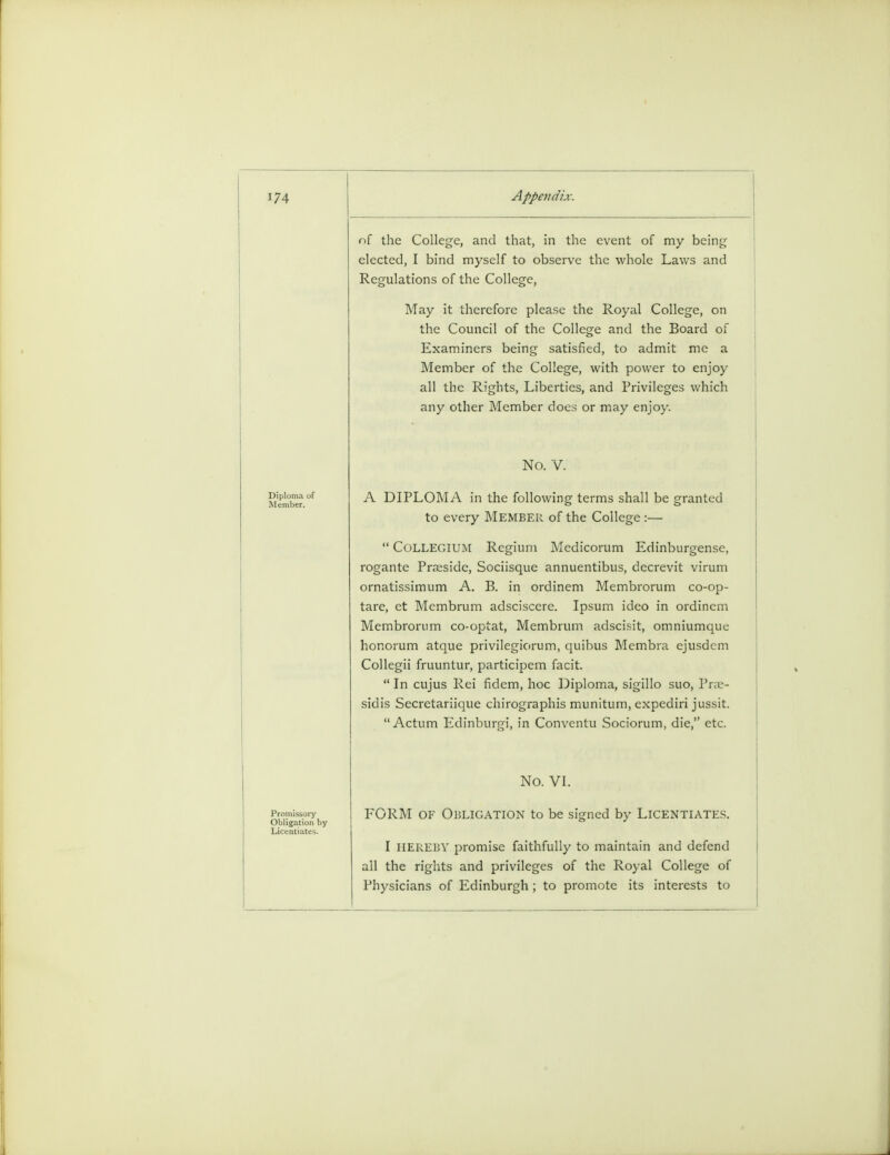 of the College, and that, in the event of my being elected, I bind myself to observe the whole Laws and Regulations of the College, May it therefore please the Royal College, on the Council of the College and the Board of Examiners being satisfied, to admit me a Member of the College, with power to enjoy all the Rights, Liberties, and Privileges which any other Member does or may enjoy. No. V. A DIPLOMA in the following terms shall be granted to every MEMBER of the College :—  Collegium Regium Medicorum Edinburgense, rogante Preside, Sociisque annuentibus, decrevit virum ornatissimum A. B. in ordinem Membrorum co-op- tare, et Membrum adsciscere. Ipsum ideo in ordinem Membrorum co-optat, Membrum adscisit, omniumque honorum atque privilegiorum, quibus Membra ejusdcm Collegii fruuntur, participem facit.  In cujus Rei fidem, hoc Diploma, sigillo suo, Prae- sidis Secretariique chirographis munitum, expediri jussit. Actum Edinburgh in Conventu Sociorum, die, etc. No. VI. FORM of Obligation to be signed by Licentiates. I HEREBY promise faithfully to maintain and defend all the rights and privileges of the Royal College of Physicians of Edinburgh; to promote its interests to