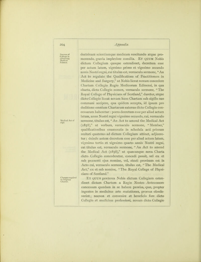 Success of College in advancing Medical Medical Act of 1858. Changes required in Original Charter. cloctrinam scientiamque medicam suscitando atque pro- movendo, gravia implevisse consilia. Et QUUM Nobis dictum Collegium quoque ostendisset, decretum esse per actum latum, vigesimo primo et vigesimo secundo annis Nostri regni, cui titulus est,vernaculo sermone, An Act to regulate the Qualifications of Practitioners in Medicine and Surgery, ut Nobis liceat novam concedere Chartam Collegio Regio Medicorum Edinensi, in qua charta, dicto Collegio nomen, vernaculo sermone,  The Royal College of Physicians of Scotland, daretur, utque dicto Collegio liceat novam hanc Chartam sub sigillo suo communi accipere, qua quidem accepta, id ipsum pro deditione omnium Chartarum eatenus dicto Collegio con- cessarum haberetur : porro decretum esse per aliud actum latum, anno Nostri regni vigesimo secundo, cui, vernaculo sermone, titulus est, An Act to amend the Medical Act (1858), ut vcrbum, vernaculo sermone, Member, qualificationibus enumeratis in schedula acti primum recitati quatenus ad dictum Collegium attinet, adjicere- tur: deinde autem decretum esse per aliud actum latum, vigesimo tertio et vigesimo quarto annis Nostri regni, cui titulus est, vernaculo sermone,  An Act to amend the Medical Act (1858), ut quaecunque nova Charta dicto Collegio concederetur, concedi possit, vel ex et sub praesenti ejus nomine, vel, sicuti provisum est in Acto cui, vernaculo sermone, titulus est,  The Medical Act, ex et sub nomine, The Royal College of Physi- cians of Scotland. Et QUUM praeterca Nobis dictum Collegium osten- disset dictam Chartam a Regio Nostro Antecessorc conccssam quaedam in se habere provisa, quae, propter ingentes in medicinae arte mutationes, prorsus obsole- verint; necnon et convenire et beneficio fore dicto Collegio et medicinae professioni, novam dicto Collegio