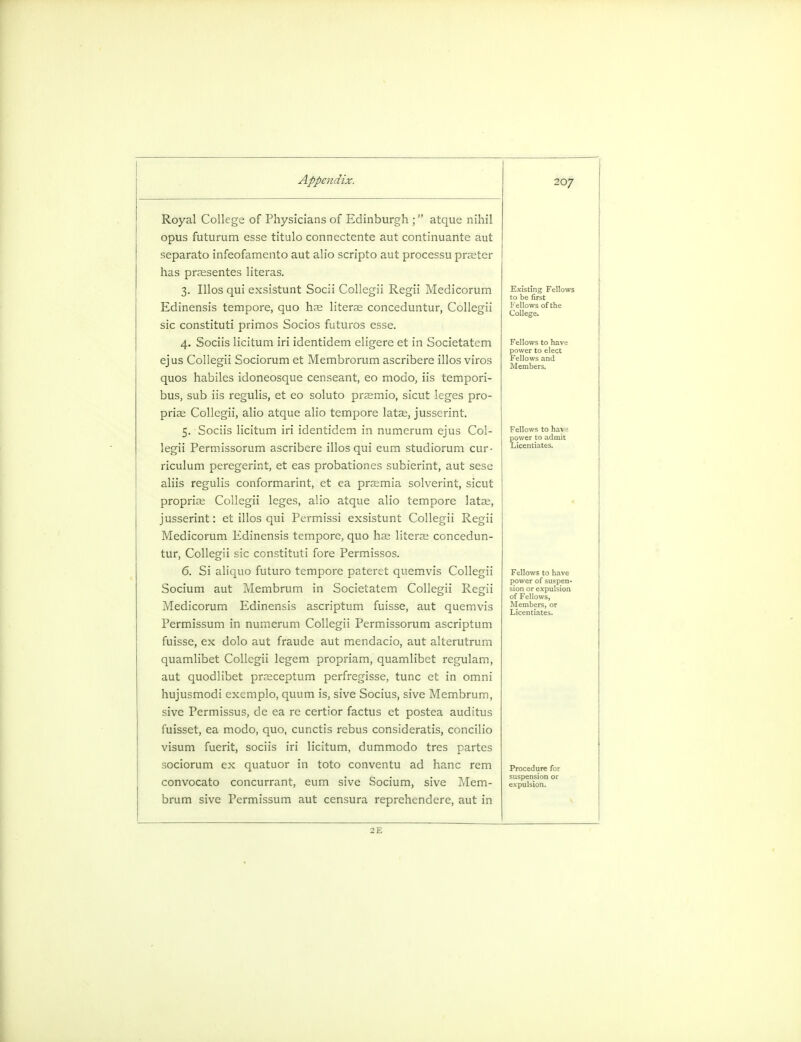 Royal College of Physicians of Edinburgh ; atque nihil opus futurum esse titulo connectente aut continuante aut separato infeofamento aut alio scripto aut processu praeter has prsesentes literas. 3. Illos qui exsistunt Socii Collegii Regii Medicorum Edinensis tempore, quo hae literas conceduntur, Collegii sic constituti primos Socios futuros esse. 4. Sociis licitum iri identidem eligere et in Societatcm ejus Collegii Sociorum et Membrorum ascribere illos viros quos habiles idoneosque censeant, eo modo, iis tempori- bus, sub iis regulis, et eo soluto praemio, sicut leges pro- prise Collegii, alio atque alio tempore latse, jusserint. 5. Sociis licitum iri identidem in numerum ejus Col- legii Permissorum ascribere illos qui eum studiorum cur- riculum peregerint, et eas probationes subierint, aut sese aliis regulis conformarint, et ea prsemia solverint, sicut propria; Collegii leges, alio atque alio tempore lata;, jusserint: et illos qui Permissi exsistunt Collegii Regii Medicorum Edinensis tempore, quo hae literae concedun- tur, Collegii sic constituti fore Permissos. 6. Si aliquo futuro tempore pateret quemvis Collegii Socium aut Membrum in Societatem Collegii Regii Medicorum Edinensis ascriptum fuisse, aut quemvis Permissum in numerum Collegii Permissorum ascriptum fuisse, ex dolo aut fraude aut mendacio, aut alterutrum quamlibet Collegii legem propriam, quamlibet regulam, aut quodlibet prseceptum perfregisse, tunc et in omni hujusmodi excmplo, quum is, sive Socius, sive Membrum, sive Permissus, de ea re certior factus et postea auditus fuisset, ea modo, quo, cunctis rebus consideratis, concilio visum fuerit, sociis iri licitum, dummodo tres partes sociorum ex quatuor in toto conventu ad hanc rem convocato concurrant, eum sive Socium, sive Mem- brum sive Permissum aut censura reprehendere, aut in Existing Fellows to be first Fellows of the College. Fellows to have power to elect Fellows and Members. Fellows to ha\ power to admit Licentiates. Fellows to have power of suspen- sion or expulsion of Fellows, Members, or Licentiates. 2E