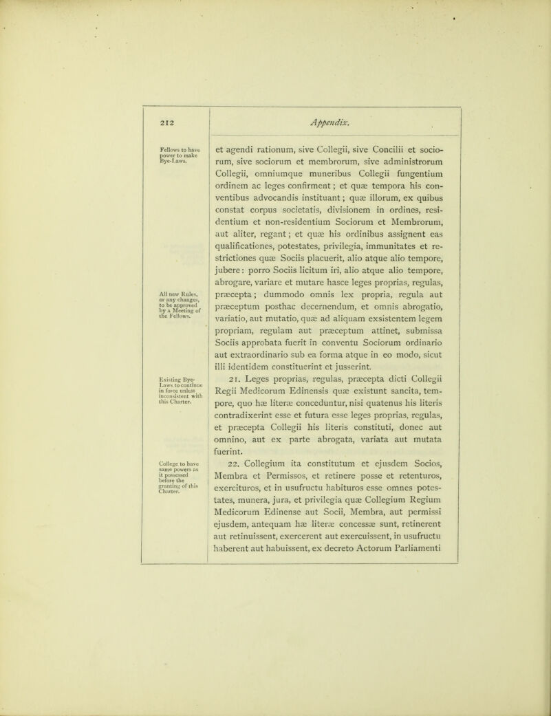 Fellows to have power to make Bye-Laws. All new Rules, or any changes, to be approved by a Meeting of the Fellows. KxNting Bye- Laws to continue in force unless inconsistent with this Charter. College to have same powers as it possessed before the granting of this Charter. et agendi rationum, sive Collegii, sive Concilii et socio- rum, sive sociorum et membrorum, sive administrorum Collegii, omniumque muneribus Collegii fungentium ordinem ac leges confirment; et quae tempora his con- ventibus advocandis instituant; quae illorum, ex quibus constat corpus societatis, divisionem in ordines, resi- dentium et non-residentium Sociorum et Membrorum, aut aliter, regant; et quae his ordinibus assignent eas qualificationes, potestates, privilegia, immunitates et re- strictiones quae Sociis placuerit, alio atque alio tempore, jubere: porro Sociis licitum iri, alio atque alio tempore, abrogare, variare et mutare hasce leges proprias, regulas, praecepta; dummodo omnis lex propria, rcgula aut praeceptum posthac decernendum, et omnis abrogatio, variatio, aut mutatio, quae ad aliquam exsistentem legem propriam, regulam aut praeceptum attinet, submissa Sociis approbata fuerit in cOnventu Sociorum ordinario aut extraordinario sub ea forma atque in eo modo, sicut illi identidem constituerint et jusserint. 21. Leges proprias, regulas, praecepta dicti Collegii Regii Medicorum Edinensis quae existunt sancita, tem- pore, quo hae literae conceduntur, nisi quatenus his Uteris contradixerint esse et futura esse leges proprias, regulas, et praecepta Collegii his Uteris constituti, donee aut omnino, aut ex parte abrogata, variata aut mutata fuerint. 22. Collegium ita constitutum et ejusdem Socios, Membra et Permissos, et retinere posse et retenturos, exercituros, et in usufructu habituros esse omnes potes- tates, munera, jura, et privilegia quae Collegium Regium Medicorum Edinense aut Socii, Membra, aut permissi ejusdem, antequam hae literae concessae sunt, retinerent aut retinuissent, exercerent aut exercuissent, in usufructu haberent aut habuissent, ex decreto Actorum Parliament!