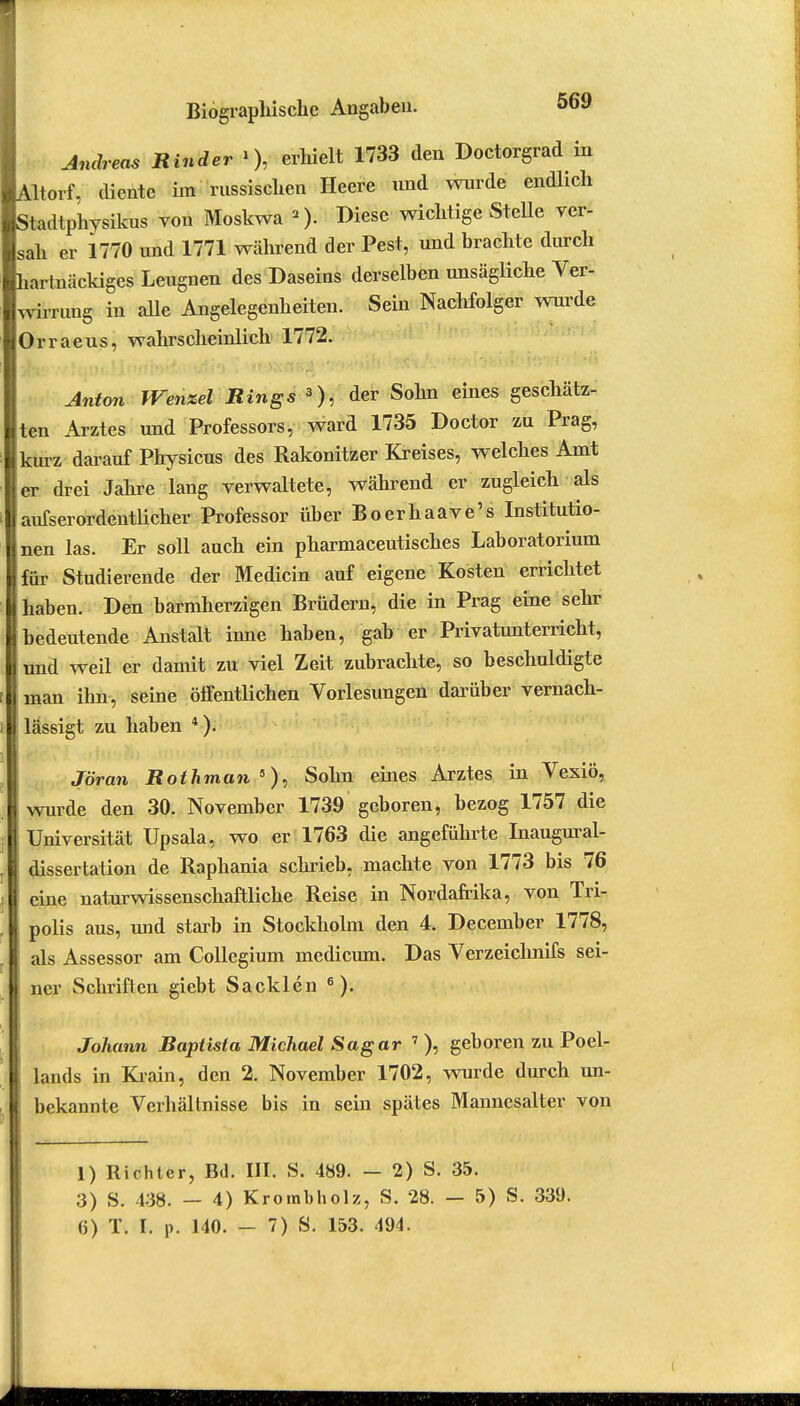Andreas Rinder >), erhielt 1733 den Doctorgrad in Altorf, diente im russischen Heere und wurde endlich Stadtphysikus von Moskwa Diese wichtige SteUe ver- sah er 1770 und 1771 während der Pest, und brachte durch hartnäckiges Leugnen des Daseins derselben unsägliche Ver- wirrung in alle Angelegenheiten. Sein Nachfolger wurde Orraeus, wahrscheinlich 1772. Anton Wenzel Rings 3), der Sohn eines geschätz- ten Arztes und Professors, ward 1735 Doctor zu Prag, kurz darauf Physicus des Rakonitzer Kreises, welches Amt er drei Jahre lang verwaltete, während er zugleich als aufserordentlicher Professor über Boerhaave's Institutio- nen las. Er soll auch ein pharmaceutisches Laboratorium für Studierende der Medicin auf eigene Kosten errichtet haben. Den barmherzigen Brüdern, die in Prag eine sehr bedeutende Anstalt inne haben, gab er Privatunterricht, und weil er damit zu viel Zeit zubrachte, so beschuldigte man ihn, seine öffentlichen Vorlesungen darüber vernach- lässigt zu haben 4). Jbran Rothman 5), Sohn eines Arztes in Vexiö, wurde den 30. November 1739 geboren, bezog 1757 die Universität Upsala, wo er 1763 die angeführte Inaugural- dissertation de Raphania schrieb, machte von 1773 bis 76 eine naturwissenschaftliche Reise in Nordafrika, von Tri- polis aus, und starb in Stockholm den 4. December 1778, als Assessor am Collegium medicum. Das Verzeichnifs sei- ner Schriften giebt Sacklen 6). Johann Raptisla Michael Sagar 7 ), geboren zu Poel- lands in Krain, den 2. November 1702, wurde durch un- bekannte Verhältnisse bis in sein spätes Mannesalter von 1) Richter, Bd. III. S. 489. - 2) S. 35. 3) S. 438. — 4) Krombholz, S. 28. — 5) S. 339. 6) T. I. p. 140. - 7) S. 153. 494.