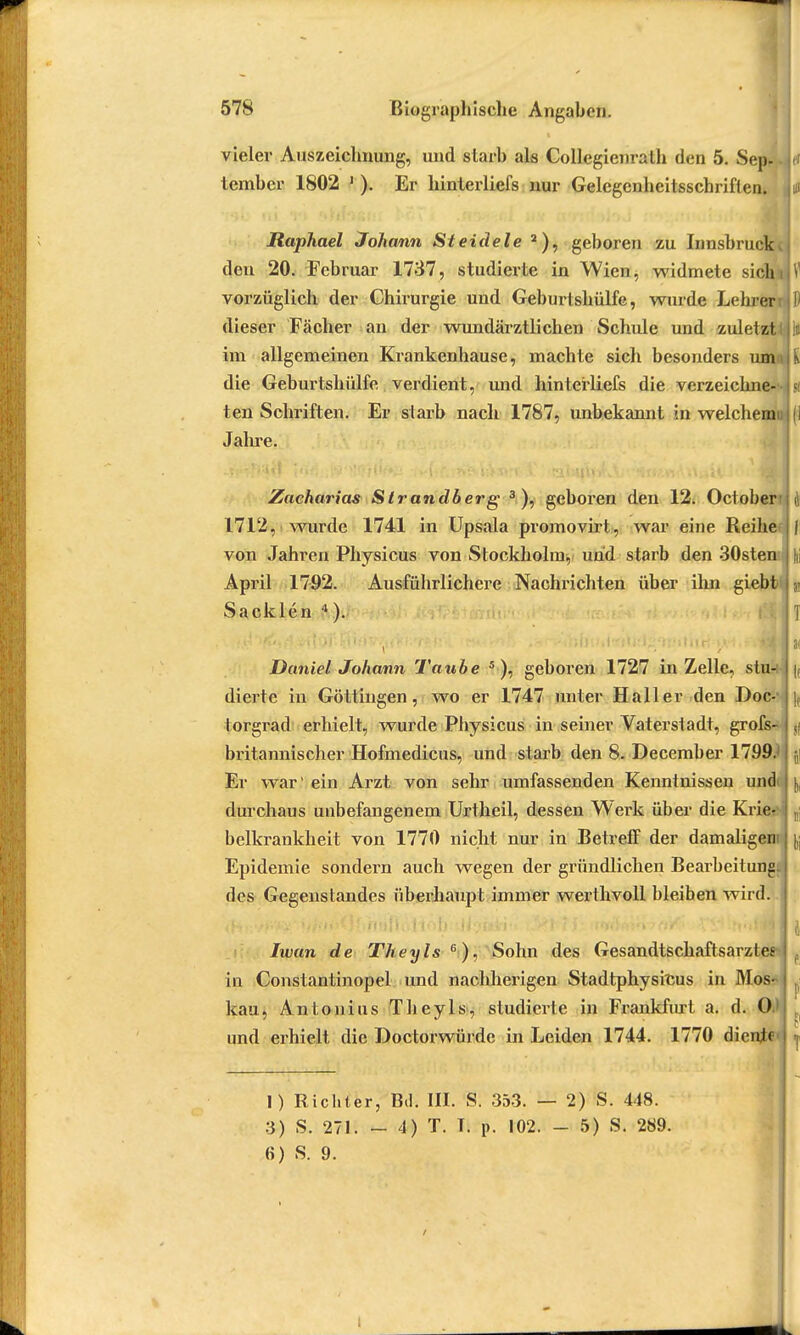 vieler Auszeichnung, und starb als Collegienralh den 5. Sep- tembcr 1802 1 ). Er hinterliefs nur Gelcgenheitsschriften. Raphael Johann Steidele 2), geboren zu Innsbruck, den 20. Februar 1737, studierte in Wien, widmete sich vorzüglich der Chirurgie und Geburtshülfe, wurde Lehren dieser Fächer an der wundärztlichen Schule und zuletzt! im allgemeinen Krankenhause, machte sich besonders um: die Geburtshülfe verdient, und hinterliefs die verzeichne- ten Schriften. Er starb nach 1787, unbekannt in welchemi Jahre. Zacharias Strandberg 3 ), geboren den 12. October 1712, wurde 1741 in Upsala promovirt, war eine Reihe von Jahren Physicus von Stockholm, und starb den 30sten April 1792. Ausführlichere Nachrichten über ihn giebt Sacklen 4). Daniel Johann Taube 5 ), geboren 1727 in Zelle, stu-r dierte in Güttingen, wo er 1747 unter Hall er den Doc- torgrad erhielt, wurde Physicus in seiner Vaterstadt, grofs- britannischer Hofmedicus, und starb den 8. December 1799.' Er war' ein Arzt von sehr umfassenden Kenntnissen undi durchaus unbefangenem Urtheil, dessen Werk über die Krie? belkrankheit von 1770 nicht nur in Betreff der damaligem Epidemie sondern auch wegen der gründlichen Bearbeitung: des Gegenstandes überhaupt immer werthvoll bleiben wird. Iwan de Theyls 6), Sohn des Gesandtschaftsarztes in Constantinopel und nachherigen Stadtphysicus in Mos- kau, Antonius Theyls, studierte in Frankfurt a. d. O.1 und erhielt die Doctorwürdc in Leiden 1744. 1770 diente 1) Richter, Bd. III. S. 353. — 2) S. 448. 3) S. 271. - 4) T. T. p. 102. - 5) S. 289. 6) S. 9.