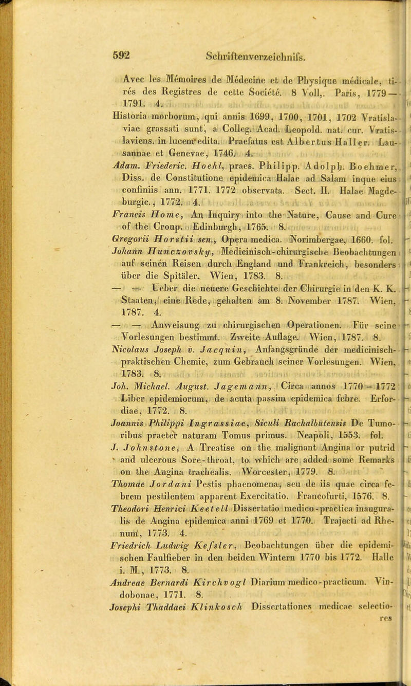 Avec les Memoires de Mudecinc et de Physirpie medicale, ti- res des Registres de cette Soci.'lc. 8 Voll,. Paris, 1779 — 1791. 4. Historia morborum, *juI amiis 1699, 1700, 1701, 1702 Vralisla- viae grassati sunt', a Collcg. Acad. Leopold, nat. cur. Vratis- laviens. in lucenredita. Praefatus est Albertus Haller. Lau- sannae et Genevae, 1746. 4. Adam. Friederic. Hoehl, praes. Philipp. Adolph. Boehrner, Diss. de Constitutione epidemica Halae ad Salam inque eius confiniis ann. 1771. 1772 observata. Sect. II. Halae Magde- burgic., 1772. 4. Francis Home, An Inquiry into the Nature, Cause and Cure of the Croup. Edinburgh, 1765. 8. Gregorii Horstii sen., Opera raedica. Norimbergae, 1660. fol. Johann Hunczovsky, Medicinisch-chirurgische Beobachtungen auf seinen Reisen durch England und Frankreich, besonders über die Spitäler. Wien, 1783. 8. — — Ueber die neuere Geschichte der Chirurgie in den K. K. Staaten^ eine Rede, gehalten am 8. November 1787. Wien, 1787. 4. —: — Anweisung zu chirurgischen Operationen. Für seine Vorlesungen bestimmt. Zweite Auflage. Wien, 1787. 8. Nicolaus Joseph v. Jacquin, Anfangsgründe der medicinisch- praktrschen Chemie, zum Gebrauch seiner Vorlesungen. Wien, 1783. 8. Joh. Michael. August. Jagemann, Circa annos 1770 — 1772 Lühes epidemiorum, de acuta passim epidemica febre. Erfor- diae, 1772. 8. Joannis Philippi Ingrassiae, Siculi Rachalbulensis De Tumo- ribus praeter naturam Tomus primus. Neapoli, 1553. fol. J. Johnsto?ie, A Treatise on the malignant Angina or putrid v and ulcerous Sore-throat, to. which are added some Remarks on the Angina trachealis. Worcester, 1779. 8. Thomae Jordani Pestis phaenomena, seu de iis quae circa fe- brem pestilentem apparent Exercitatio. Francofurti, 1576. 8. Theodori Henrici Keetell Dissertatio medico-practica inaugura- lis de Angina epidemica anni 1769 et 1770. Trajccti ad Rhe- num, 1773. 4. Friedrich Ludwig Kefsler, Beobachtungen über die epidemi- schen Faulfieber in den beiden Wintern 1770 bis 1772. Halle i. M., 1773. 8. Andreae Bernardi Kirchv ogl Diarium medico-praclicum. Vin- dobonae, 1771. 8. Josephi Thaddaei Klinkosch Disserlatione.s medieae selectio- rca
