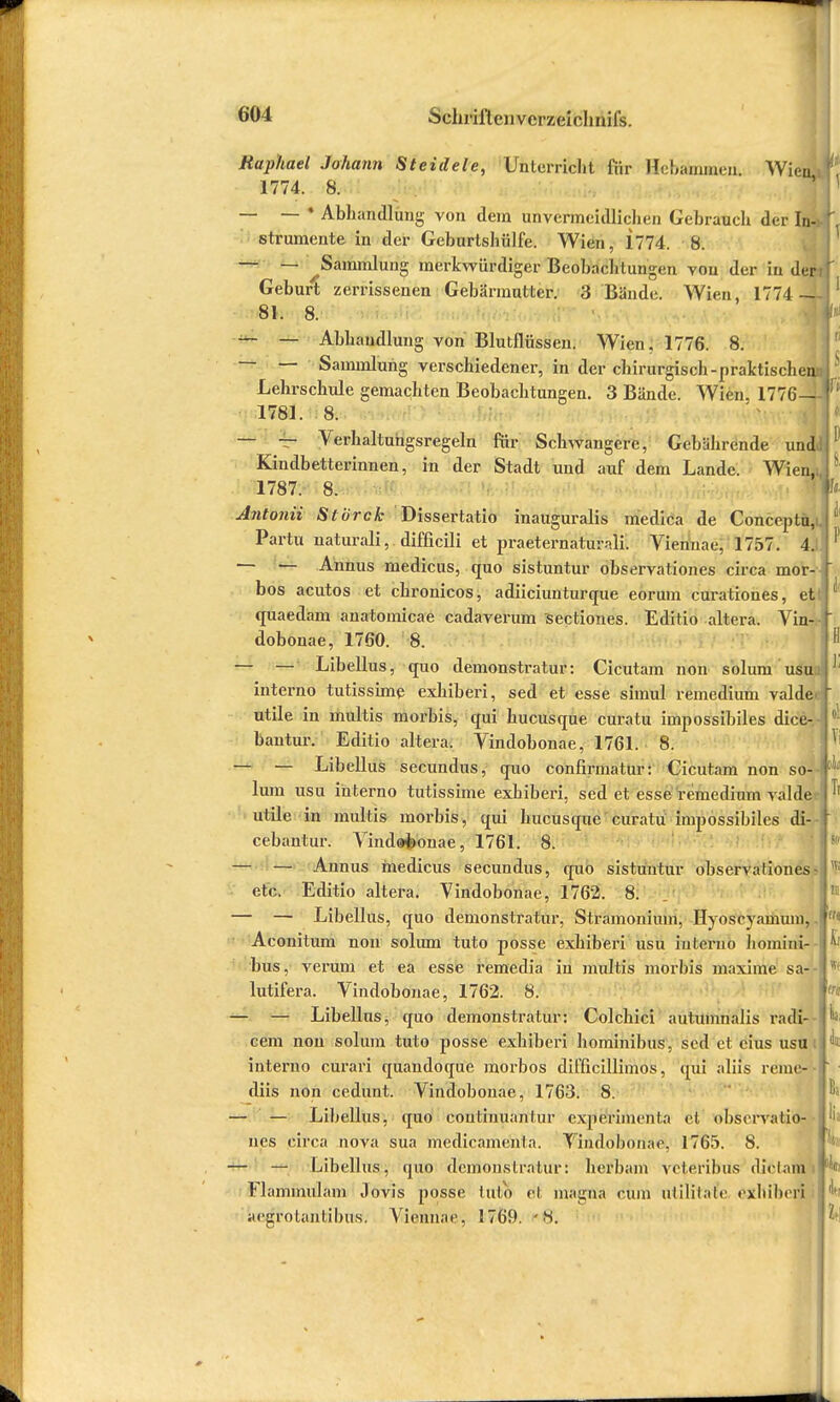 Raphael Johann Steidele, Unterricht für Hebäknmen. Wien, 1774. 8. — — • Abhandlung von dem unvermcidliclien Gebrauch der In-: strumente in der Geburtshülfe. Wien, i?74. 8. — — ^Sammlung merkwürdiger Beobachtungen von der iu der Geburt zerrissenen Gebärmutter. 3 Bände. Wien, 1774 — 81. 8. — — Abhandlung von Blutflüsseu. Wien. 1776. 8. — — Sammlung verschiedener, in der chirurgisch-praktischem Lehrschule gemachten Beobachtungen. 3 Bände. Wien, 1776— 1781. 8. — — Verhaltuhgsregeln für Schwangere, Gebährende undi Kindbetterinnen, in der Stadt und auf dem Lande. Wien,! 1787. 8. AjUonii Slbrck Dissertatio inauguralis medica de Conceptü,i Partu naturali, difficili et praeternaturali. Viennae, 1757. 4.: — — Annus medicus, quo sistuntur observationes circa mor- bos acutos et chronicos, adiieiunturque eorum curationes, et quaedam anatomicae cadaverum sectiones. Editio altera. Vin- dobonae, 1760. 8. - — Libellus, quo demonstratur: Cicutam non solum usu interno tutissime exliiberi, sed et esse simul remedium valde> utile in multis morbis, qui hueusque curatu impossibiles dice- bantur. Editio altera. Vindobonae, 1761. 8. - — Libellus secundus, quo confirmatur: Cicutam non so- lum usu interno tutissime exhiberi, sed et esse remedium valde utile in multis morbis, qui hueusque curatu impossibiles di- cebantur. Vindafconae, 1761. 8. - — Annus medicus secundus, quo sistuntur observationes- etc. Editio altera. Vindobonae, 1762. 8. - — Libellus, quo demonstratur, Stramonium, Hyoscyamuni, Aconitum non solum tuto posse exhiberi usu interno homini- bus, verum et ea esse remedia in multis morbis maxime sa- lutifera. Vindobonae, 1762. 8. • — Libellus, quo demonstratur: Colchici autumnalis radi- cem nou solum tuto posse exhiberi hominibus, sed et cius usu interno curari quandoque morbos difficillimos, qui aliis reme- diis non cedunt. Vindobonae, 1763. 8. — Libellus, quo coutinuanfur experimenta et observatio- nes circa nova sua medicamcnla. Vindobonae: 1765. 8. — Libellus, quo demonstratur: herbam veteribus diclara Flammulam Jovis posse tuto cl magna cum ntilital'e exhiberi aegrotanlibus. \ iciin.tr. 1769. ' H.