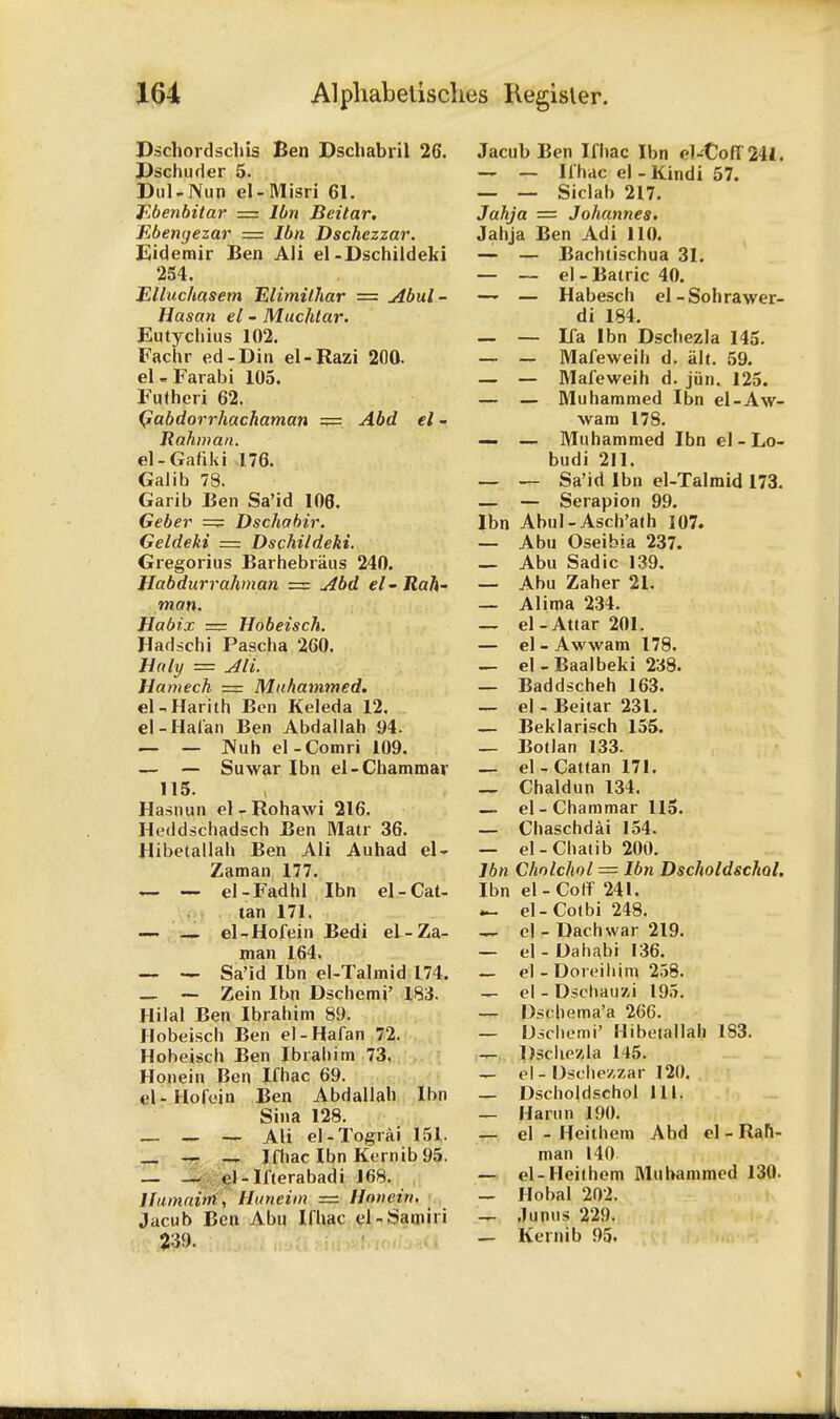 Dschordscbis Ben Dschabril 26. Dschuder 5. Dul-Nun el-Misri 61. T'benbitar = lbn Beitar, Ebenyezar = lbn Dschezzar. Eidemir Ben Ali el-Dschildeki 254. Elluchasem Eiimithar = Abul- Hasctn el - Muchlar. Eutychius 102. Fachr ed-Din el-Razi 200. el-Farabi 105. Futheri 62. Gabdorrhachaman = Abd el - Rahman. el-Gafiki 1.76. GaJib 78. Garib Ben Sa'id 106. Geber = Dschabir. Geldeki = Dschildeki. Gregorius Barhebraus 240. Habdurrahman = Abd el-Rah- man. JHabix = Hobeisch. Hadschj Pascha 260. Holy = Ali. Hamech — Muhammed. el-Harith Ben Keleda 12. el-Hafan Ben Abdallah 94. — — IVuh el-Comri 109. — — Suwar lbn el-Chammav 115. Hasnun el-Rohawi 216. Heddschadsch Ben Matr 36. Hibetallah Ben Ali Auhad el- Zaman 177. — — el-Fad hi lbn el-Cat- tan 171. — — el-Hofein Bedi el-Za- man 164. — — Sa'id lbn el-Talmid 174. _ — Zein lbn Dschemi' 183. filial Ben Ibrahim 89. Hobeisch Ben el-Hafan 72. Hobeisch Ben Ibrahim 73. Honein Ben Ifhac 69. el-Hofoin Ben Abdallah lbn Sina 128. _ _ _ Ali el-Tograi 151. _ _ Ifhac lbn Kernib 95. _ __ el-Ifterabadi 168. Humaimr, Huneim = Honein. Jacub Ben Abu Ifhac el-Samiri 239. Jacub Ben Ifhac lbn eJ-Cofi 241. — — Ifhac el -Kindi 57. — — Siclah 217. Jahja = Johannes. Jahja Ben Adi 110. — — Bachtischua 31. — — el-Batric 40. — — Habesch el-Sohrawer- di 184. — — Ifa lbn Dscliezla 145. — — Mafeweih d. alt. 59. — — Mafeweih d. jiin. 125. — — Muhammed lbn el-Aw- wam 178. — — Muhammed lbn el - Lo- budi 211. — — Sa'id lbn el-Talmid 173. — — Serapion 99. lbn Abul-Asch'ath 107. — Abu Oseibia 237. — Abu Sadie 139, — Abu Zaher 21. — Alima 234. — el-Attar 201. — el-Awwam 178. — el-Baalbeki 238. — Baddscheh 163. — el - Beitar 231. — Beklarisch 155. — Botlan 133. _ el-Cattan 171. — Chaldun 134. — el-Chammar 115. — Chaschdai 154. — el-Chatib 200. lbn Cholchol = lbn Dscholdschol. lbn el-Coif 241. ~- el-Cotbi 248. — el - Uachwar 219. — el - Dahabi 136. _ el - Doreihim 258. — el - Dschauzi 195. — Dsebema'a 266. — Dschemi' Hibetallali 183. — Dsclie/la 145. — el- Dsehezzar 120. _ Dscholdschol 111. — Harun 190. — el - Heithem Abd el - Rah- man 140 — el-Heithem Muhammed 130. — Hobal 202. — .lunus 229. — Kernib 95.