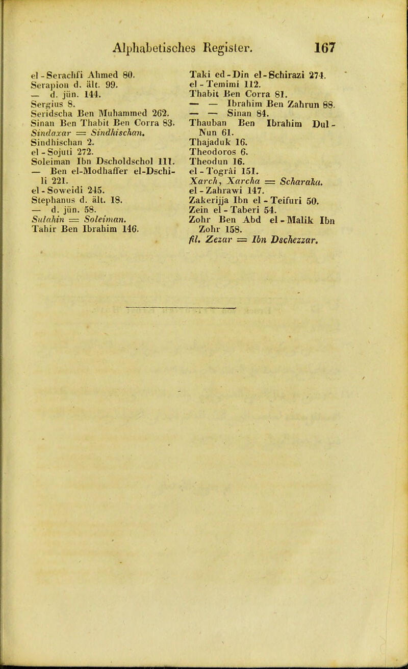 el -Seraclifi Ahmed 80. Serapion d. alt. 99. — d. jun. 144. Sergius 8. Seridscha Ben Muhammed 262. Sinan Ben Thabit Ben Corra 83. St7idaxar = Sindhischan. Sindhischan 2. el - Sojuti 272. Soleiman Ibn Dscholdschol 111. — Ben el-Mod naffer el-Dschi- li 221. el - Soweidi 245. Stephanus d. alt. 18. — d. jun. 58. Sulahin = Soleiman. Tahir Ben Ibrahim 146. Taki ed-Din el-Schirazi 274. el - Temimi 112. Thabit Ben Corra 81. —- — Ibrahim Ben Zahrun 88. — — Sinan 84. Thauban Ben Ibrahim Dul - Nun 61. Thajaduk 16. Theodoros 6. Theodun 16. el-Tograi 151. Xarch, Xarcha = Scharaha. el-Zahrawi 147. Zakerijja Ibn el - Teifuri 50. Zein el - Taberi 54. Zohr Ben Abd el-Malik Ibn Zohr 158. fil. Zezar = Ibn Dschezzar.