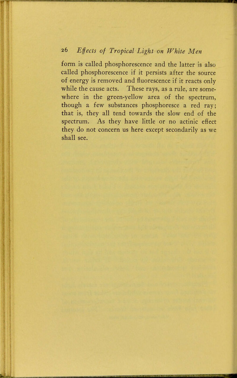 form is called phosphorescence and the latter is also called phosphorescence if it persists after the source of energy is removed and fluorescence if it reacts only while the cause acts. These rays, as a rule, are some- where in the green-yellow area of the spectrum, though a few substances phosphoresce a red ray; that is, they all tend towards the slow end of the spectrum. As they have little or no actinic effect they do not concern us here except secondarily as we shall see.