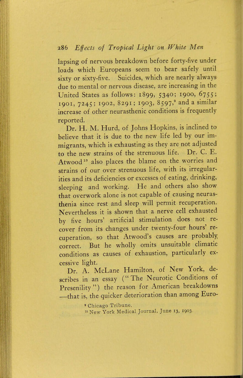 lapsing of nervous breakdown before forty-five under loads which Europeans seem to bear safely until sixty or sixty-five. Suicides, which are nearly always due to mental or nervous disease, are increasing in the United States as follows: 1899, 534°; 1900^ 6755 ? 1901, 7245; 1902, 8291; 1903, 8597,° and a similar increase of other neurasthenic conditions is frequently reported. Dr. H. M. Hurd, of Johns Hopkins, is inclined to believe that it is due to the new life led by our im- migrants, which is exhausting as they are not adjusted to the new strains of the strenuous life. Dr. C. E. Atwood10 also places the blame on the worries and strains of our over strenuous life, with its irregular- ities and its deficiencies or excesses of eating, drinking, sleeping and working. He and others also show that overwork alone is not capable of causing neuras- thenia since rest and sleep will permit recuperation. Nevertheless it is shown that a nerve cell exhausted by five hours' artificial stimulation does not re- cover from its changes under twenty-four hours' re- cuperation, so that Atwood's causes are probably correct. But he wholly omits unsuitable climatic conditions as causes of exhaustion, particularly ex- cessive light. Dr. A. McLane Hamilton, of New York, de- scribes in an essay (The Neurotic Conditions of Presenility ) the reason for American breakdowns that is, the quicker deterioration than among Euro- 9 Chicago Tribune. 10 New York Medical Journal, June 13, 1903-