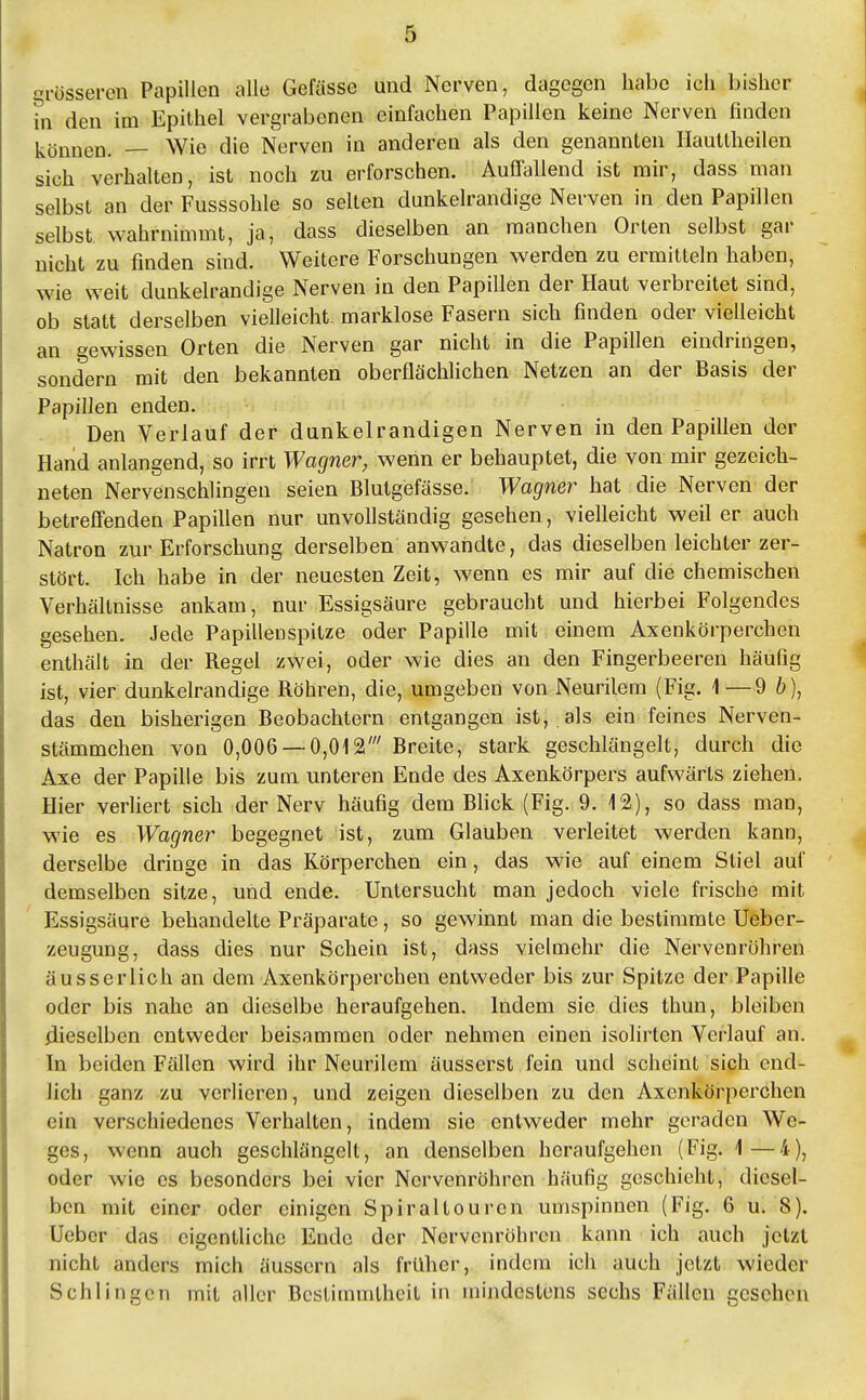 grösseren Papillen alle Gefässe und Nerven, dagegen habe ich bisher in den im Epithel vergrabenen einfachen Papillen keine Nerven finden können. — Wie die Nerven in anderen als den genannten llautlheilen sich verhalten, ist noch zu erforschen. Auffallend ist mir, dass man selbst an der Fusssohle so selten dunkelrandige Nerven in den Papillen selbst wahrnimmt, ja, dass dieselben an manchen Orten selbst gar nicht zu finden sind. Weitere Forschungen werden zu ermitteln haben, wie weit dunkelrandige Nerven in den Papillen der Haut verbreitet sind, ob statt derselben vielleicht marklose Fasern sich finden oder vielleicht an gewissen Orten die Nerven gar nicht in die Papillen eindringen, sondern mit den bekannten oberflächlichen Netzen an der Basis der Papillen enden. Den Verlauf der dunkelrandigen Nerven in den Papillen der Hand anlangend, so irrt Wagner, wenn er behauptet, die von mir gezeich- neten Nervenschlingen seien Blutgefässe. Wagner hat die Nerven der betreffenden Papillen nur unvollständig gesehen, vielleicht weil er auch Natron zur Erforschung derselben anwandte, das dieselben leichter zer- stört. Ich habe in der neuesten Zeit, wenn es mir auf die chemischen Verhältnisse ankam, nur Essigsäure gebraucht und hierbei Folgendes gesehen. Jede Papillen spitze oder Papille mit einem Axenkörperchen enthält in der Regel zwei, oder wie dies an den Fingerbeeren häufig ist, vier dunkelrandige Röhren, die, umgeben von Neurilem (Fig. 4—9 b), das den bisherigen Beobachtern entgangen ist, als ein feines Nerven- stämmchen von 0,006 — 0,012' Breite, stark geschlängelt, durch die Axe der Papille bis zum unteren Ende des Axenkörpers aufwärts ziehen. Hier verliert sich der Nerv häufig dem Blick (Fig. 9. 12), so dass man, wie es Wagner begegnet ist, zum Glauben verleitet werden kann, derselbe dringe in das Körperchen ein, das wie auf einem Stiel auf demselben sitze, und ende. Untersucht man jedoch viele frische mit Essigsäure behandelte Präparate, so gewinnt man die bestimmte Ueber- zeugung, dass dies nur Schein ist, dass vielmehr die Nervenröhren äusserlich an dem Axenkörperchen entweder bis zur Spitze der Papille oder bis nahe an dieselbe heraufgehen. Indem sie dies thun, bleiben dieselben entweder beisammen oder nehmen einen isolirten Verlauf an. In beiden Fällen wird ihr Neurilem äusserst fein und scheint sich end- lich ganz zu verlieren, und zeigen dieselben zu den Axenkörperchen ein verschiedenes Verhalten, indem sie entweder mehr geraden We- ges, wenn auch geschlängelt, an denselben heraufgehen (Fig. 1—i), oder wie es besonders bei vier Nervenröhren häufig geschieht, diesel- ben mit einer oder einigen Spiraltouren umspinnen (Fig. 6 u. 8). Ueber das eigentliche Ende der Nervenröhren kann ich auch jetzt nicht anders mich äussern als früher, indem ich auch jetzt wieder Schlingen mit aller Bestimmtheit in mindestens sechs Fällen geschm