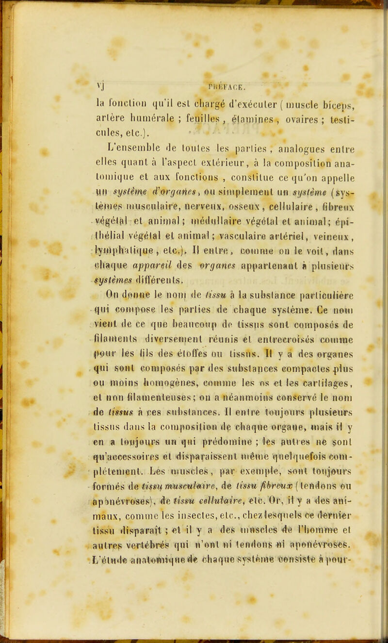 VJ PMSFARE. la fonction qu'il esl chargé d'exéculer ( muscle biceps, artère numérale ; feuilles, élamines , ovaires; testi- cules, etc.). L'ensemble de toutes les parties, analogues entre elles quant à l'aspect extérieur, à la composition aua- lomique et aux fonctions , constitue ce qu'on appelle U!i système d'organes, ou simplement un système (sys- tèmes musculaire, nerveux, osseux, cellulaire, fibreux végétal et animal; médullaire végétal et animal ; épt- (hélial végétal et animal ; vasculaire artériel, veineux , lymphatique, etc.). II entre, comme on le voit, dans chaque appareil des organes appartenant à plusieurs systèmes différents. On donne le nom de tissu à la substance particulière qui compose les parties de chaque système. Ce nom vient de ce que beaucoup de tissus sont composés de filaments diversement réunis et entrecroisés comme 0m les lils des étoffes ou tissus. Il y a des organes qui sont composés par des substances compactes plus ou moins homogènes, comme les os et les cartilages, et non filamenteuses; on a néanmoins conservé le nom de tissus à ces substances. Il entre toujours plusieurs tissus dans la composition de chaque organe, niais il y en a toujours un qui prédomine ; les autres ne sont qu'accessoires et disparaissent mémo quelquefois coni- plétement. Les muscles, par exemple, sont toujours formés de tissu musculaire, de tissu fibreux ( tendons ou aponévroses), de t/h&it cellulaire, etc. Or, il y a des ani- maux, comme les insectes, etc., chealesqucls ce dernier tissu disparaît ; et il y a des muscles de l'homme et autres vertébrés qui n'ont ni tendons ni aponévroses. L'élude anatoimiquede chaque système consiste à pour-