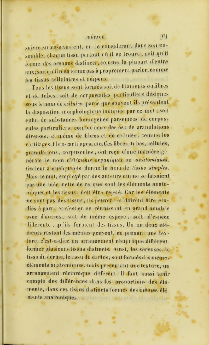 HUWM sm ccssiveii eiiL, en le considérant dans son en- ttUlIfift chaque tissu partout où il se trouve, soit qu'il l'urine des organes distincts, comme la plupart d'entre liiix; soit qu'il n'en l'orme pas à proprement parler, comme les tissus cellulaires et adipeux. Tous les tissus sont formât soit de lilamenls ou libres et de tubes, soit de corpuscules particuliers désignés sous le nom de cellules, parce que souvent ils présentent la disposition morphologique indiquée par ce mot ; soit enfin de substances homogènes parsemées de corpus- cules particuliers, connue ceux des os ; de granulations diverses, et même de libres et de cellules , comme les cartilages, fibro-cartilages, etc.Ces fibres, tubes, cellules, granulations, corpuscules , ont reçu d'une manière gé- nérale le nom (Vêlements organiques ou anafomiqucs. Un leur a quelquefois donné le nom de tissus simples. Mais ce mol, employé par des ailleurs qui ne se faisaient pas une idée nette de ce que sont les éléments anato- miques cl les lissus . doit être rejeté. Car les éléments ne sont pas des tissus, ils peuvent et doivent être étu- diés à part; el c'est en se réunissant en grand nombre avec d'antres, suit de même espèce, soit d'espèce difiérenle , qu'ils forment des tissus. Un ou deux élé- ments restant les mêmes peuvent, en prenant une tex- ture, c'est-à-dire un arrangement réciproque différent, former plusieurs lissus distincts. Ainsi, les séreuses, le tissu du derme, le tissu du <Jarlos, sont formés des mêmes éléments anatomiques, mais présentant une texture, un arrangement réciproque différent. Il faut aussi tenir compte des différences dans les proportions n'es élé- ments, dans ces lissus distincts formés des mêmes élé- ments anatomiques.