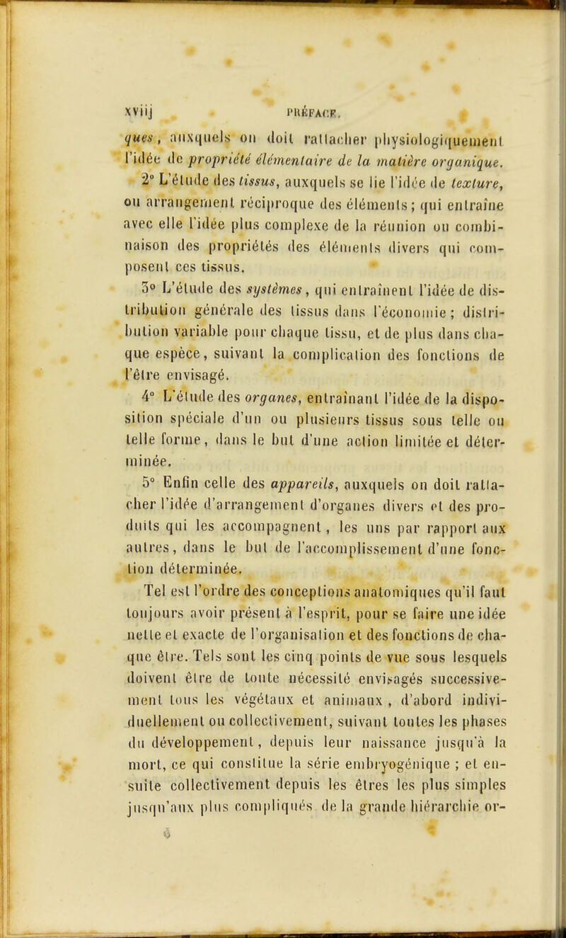 XViij IMtlÏFAC.F. quçs, auxquels on doii rattacher pliysiologiqueiiietii l'idée de propriété élémentaire de la matière organique. 2° L'élude des tissus, auxquels se lie l'idée de texture, ou arrangement réciproque des éléments ; qui entraîne avec elle l'idée plus complexe de la réunion ou combi- naison des propriétés des éléments divers qui com- posent ces tissus. 3° L'élude des systèmes, qui enlraînenl l'idée de dis- tribution générale des tissus dans l'économie; distri- bution variable pour cbaque tissu, et de plus dans cha- que espèce, suivant la complication des fonctions de l'être envisagé. 4° L'élude des organes, entraînant l'idée de la dispo- sition spéciale d'un ou plusieurs tissus sous telle ou telle forme, dans le but d'une action limitée et déter- minée. 5° Enfin celle des appareils, auxquels on doil ratta- cher l'idée d'arrangement d'organes divers cl des pro- duits qui les accompagnent, les uns par rapport aux aulres, dans le but de l'accomplissement d'une fonc- tion déterminée. Tel est l'ordre des conceptions analomiques qu'il faut toujours avoir présenta l'esprit, pour se faire une idée nelle el exacte de l'organisation et des fonctions de cha- que être. Tels sont les cinq points de vue sous lesquels doivent être de toute nécessité envisagés successive- ment tous les végétaux et animaux , d'abord indivi- duellement ou collectivement, suivant toutes les phases du développement, depuis leur naissance jusqu'à la mort, ce qui constitue la série embryogénique ; el en- suite collectivement depuis les êtres les plus simples jusqu'aux plus compliqués de la grande hiérarchie or-