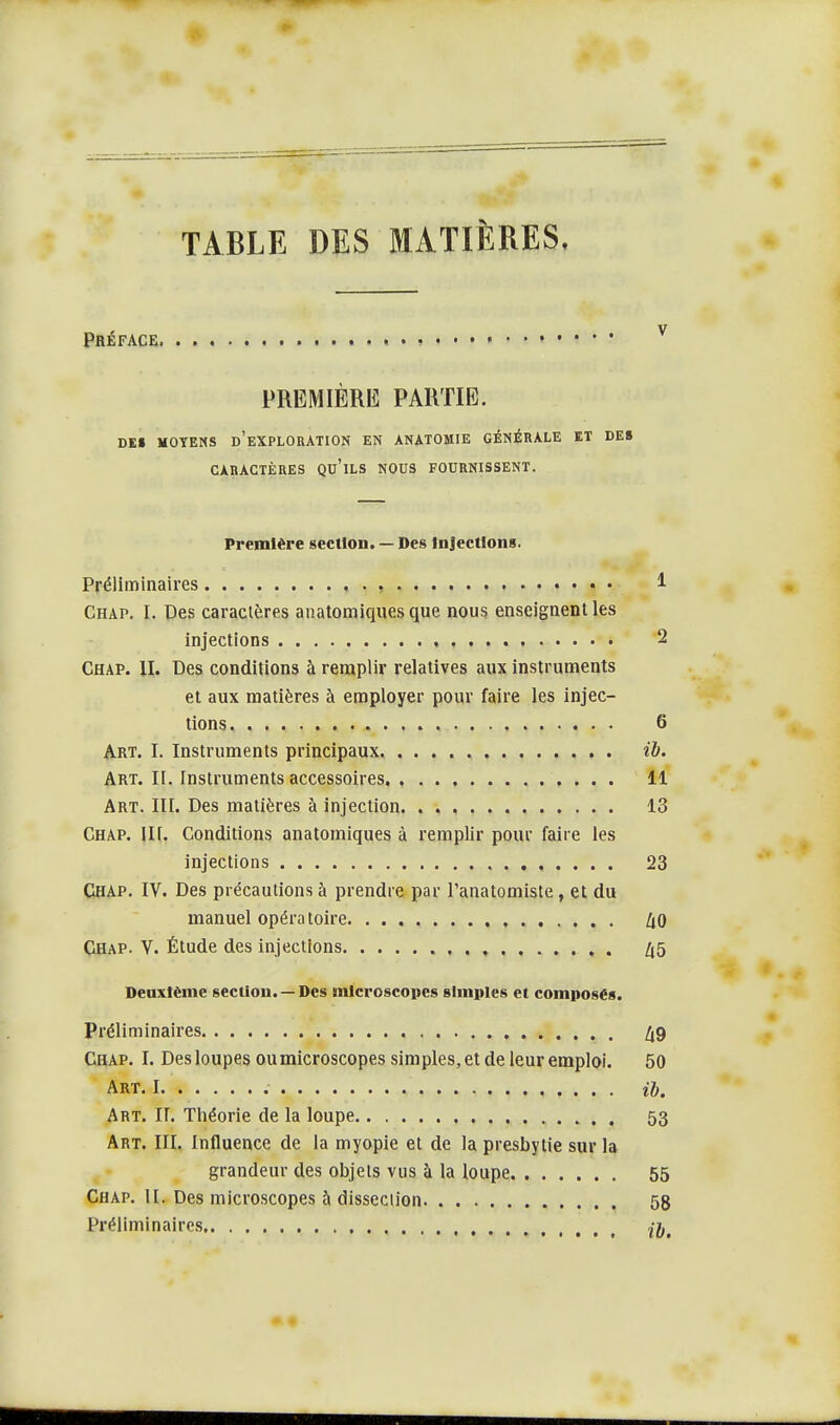 TABLE DES MATIÈRES, Préface PREMIÈRE PARTIE. DEi MOYENS D'EXPLORATION EN ANATOMIE GÉNÉRALE ET DE» CARACTÈRES QU'ILS NOUS FOURNISSENT. Première section. — Des Injections. Préliminaires Chap. I. Des caractères anatomiques que nous enseignent les injections Chap. II. Des conditions à remplir relatives aux instruments et aux matières à employer pour faire les injec- tions 6 Art. I. Instruments principaux. ib. Art. II. Instruments accessoires 11 Art. III. Des matières à injection. 13 Chap. III. Conditions anatomiques à remplir pour faire les injections 23 Chap. IV. Des précautions à prendre par l'anatomiste , et du manuel opératoire 40 Chap. V. Étude des injections , 45 Deuxième section. —Des microscopes simples et composés. Préliminaires 49 Chap. I. Des loupes oumicroscopes simples, et de leur emploi. 50 Art. I ib. Art. II. Théorie de la loupe 53 Art. III. Influence de la myopie et de la presbytie sur la grandeur des objets vus à la loupe 55 Chap. II. Des microscopes a dissection 58 Préliminaires ?-^>