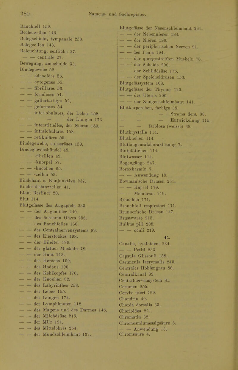Bauchl'ell 159. Becherzollen 14G. Belegschicht, tyinpanale'250. Belegzellen 143. Beleuchtung, seitliche 27. — — centrale 27. Bewegung, anioeboide 33. Bindegewebe 52. — — adenoides 55. — — cytogenes 55. — — fibrilläres 53. — — formloses 54. — — gallertartiges 52. — — geformtes 54. interlobulares, der Leber 158. — der Lungen 173. — — interstitielles, der Nieren 180. — — intralobulares 158. — — retikuläres 55. Bindegewebe, subseröses 159. Bindegewebsbiludel 49. fibrillen 49. — — -knorjoel 57. — — -knochen 65. — — -Zellen 53. Bindehaut s. Konjunktiva 237. Biudesubstanzzellen 41. Blau, Berliner 20. Blut 114. Blutgerässe des Augapfels 233. — — der Augenlider 240. — — des äusseren Ohres 256. — — des Bauchfelles 160. — — des Centrainervensystems 89. -— — des Eierstockes 198. der Eileiter 199. — — der glatten Muskeln 78. der Haut 213. — — des Herzens 109. — — des Hodens 190. des Kehlkopfes 170. — — der Knochen 62. — — des Labyrinthes 253. — — der Leber 155. — — der Lungen 174. — — der Lymphknoten 118. — — des Magens und des Darmes 148. — - der Milchdrüse 215. der Milz 121. — — des Mittelohres 254. — — der Mundschleiinhaut 132. I Blutgefässe der Nasenschleimhaut 261. I — — der Nebennieren 184. der Nieren 180. — — der peripherischen Nerven 91. des Penis 194. — ■— der quergestreiften Muskeln 78. ' der Scheide 200. der Schilddrüse 175. — — der Speicheldrüsen 153. Blutgeiassystem 108. Blutgefässe der Thymus 120. des Uterus 200. der Zungenschleimhaut 141. Blutkörperchen, farbige 38. — — — Stroma ders. 38. — — — Entvvickeluiig 115. — — farblose (weisse) 38. Blutkrystalle 114. Blutkuchen 114. Blutlaugensalzboraxlösung 7. Blutplättchen 114. Blutwasser 114. Bogengänge 247. Boraxkarmin 7. — — Anwendung 18. Bowman'sche Drüsen 261. — — Kaprel 179. I — — Membram 219. j Bronchen 171. I Bronchioli respiratori 171. j Brunner'sche Drüsen 147. ! Brustwarze 215. Bulbus pili 208. oculi 219. C. Canalis, hyaloideus 234. Petiti 233. Capsula Glissonii 158. Caruncula lacr3'malis 240. Centrales Höhlengrau 86. Centralkanal 82. Centrainervensystem 81. Cerumen 255. Cervix uteri 199. Chondrin 49. Chorda dorsalis 63. Chorioidea 221. Chromatin 32. Chromosmiumessigsäure 5. — — Auwendung 13. Chromsäure 4,