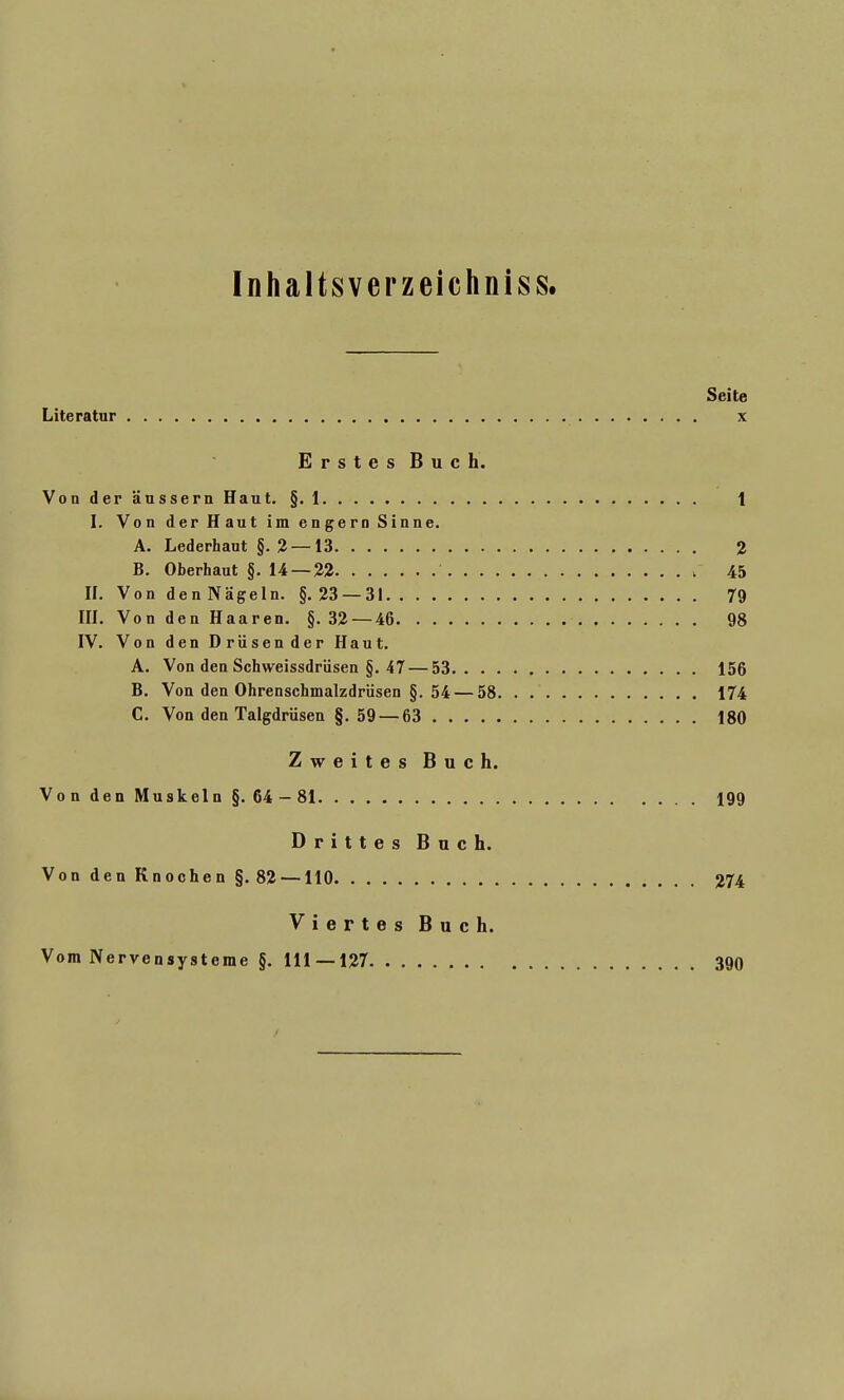 Inhaltsverzeichniss. Seite Literatur x Erstes Buch. Von der änssem Haut. §. 1 1 I. Von der Haut im engern Sinne. A. Lederhaut §.2 —13 2 B. Oberhaut §. 14 — 22 > 45 II. Von denNägeln. §.23 — 31 79 III. Von den Haaren. §.32 — 46 98 IV. Von den Drüsen der Haut. A. Von den Schweissdrüsen §. 47— 53 156 B. Von den Ohrenschmalzdrüsen §. 54 — 58 174 C. Von den Talgdrüsen §.59 — 63 180 Zweites Buch. Von den Muskeln §. 64-81 199 Drittes Buch. Von den Knochen §. 82 — 110 274 Viertes Buch. Vom Nervensysteme §. 111 —127 390