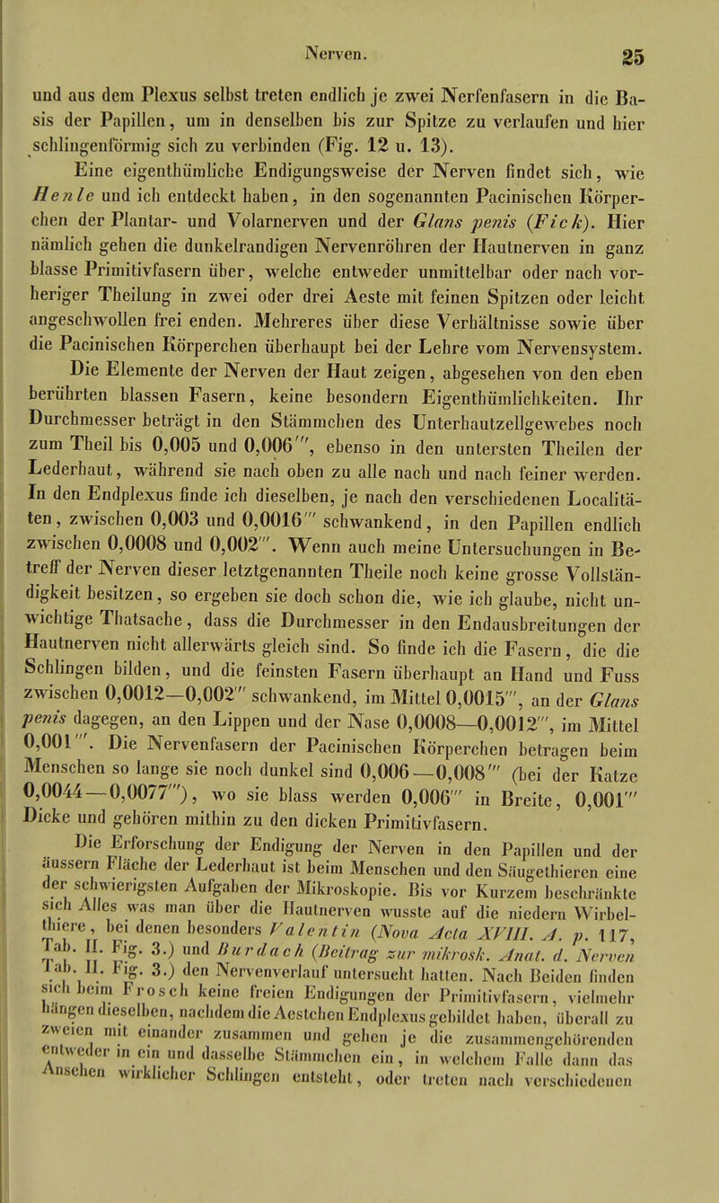 und aus dem Plexus selbst treten endlich je zwei Ncrfenfascrn in die Ba- sis der Papillen, um in denselben bis zur Spitze zu verlaufen und liier schlingenformig sich zu verbinden (Fig. 12 u. 13). Eine eigentümliche Endigungsweise der Nerven findet sich, wie Henle und ich entdeckt haben, in den sogenannten Pacinischen Körper- eben der Plantar- und Volarnerven und der Glans penis (Fick). Hier nämlich gehen die dunkelrandigen Nervenröhren der Ilautnerven in ganz blasse Primitivfasern über, Avelche entweder unmittelbar oder nach vor- heriger Theilung in zwei oder drei Aeste mit feinen Spitzen oder leicht angeschwollen frei enden. Mehreres über diese Verhältnisse sowie über die Pacinischen Körperchen überhaupt bei der Lehre vom Nervensystem. Die Elemente der Nerven der Haut zeigen, abgesehen von den eben berührten blassen Fasei’n, keine besondern Eigentümlichkeiten. Ihr Durchmesser beträgt in den Stämmcben des Unterhautzellgewebes noch zum Theil bis 0,005 und 0,006 ', ebenso in den untersten Theilen der Lederhaut, während sie nach oben zu alle nach und nach feiner werden. In den Endplexus finde ich dieselben, je nach den verschiedenen Localitä- ten, zwischen 0,003 und 0,0016 schwankend, in den Papillen endlich zwischen 0,0008 und 0,002 . Wenn auch meine Untersuchungen in Be- treff der Nerven dieser letztgenannten Theile noch keine grosse Vollstän- digkeit besitzen, so ergeben sie doch schon die, wie ich glaube, nicht un- wichtige Thatsache, dass die Durchmesser in den Endausbreitungen der Hautnerven nicht allerwärts gleich sind. So finde ich die Fasern, die die Schlingen bilden, und die feinsten Fasern überhaupt an Hand und Fuss zwischen 0,0012-0,002' schwankend, im Mittel 0,0015', an der Glans penis dagegen, an den Lippen und der Nase 0,0008—0,0012', im Mittel 0,001'. Die Nervenfasern der Pacinischen Körperchen betragen beim Menschen so lange sie noch dunkel sind 0,006—0,008' (bei der Katze 0,0044 — 0,0077'), wo sie blass werden 0,006' in Breite, 0,001' Dicke und gehören mithin zu den dicken Primitivfasern. Die Erforschung der Endigung der Nerven in den Papillen und der äussern Fläche der Lederhaut ist beim Menschen und den Säugethieren eine der schwierigsten Aufgaben der Mikroskopie. Bis vor Kurzem beschränkte sich Alles was man über die Ilautnerven wusste auf die niedern Wirbel- Ünere, bei denen besonders Valentin (Nova Acla XVIII. A. p. 117, T i ti Sg* Und Hurdaeh (Beitrag zur mikrosk. Anal. d. Nerven . j . h30 den Nervenverlauf untersucht hatten. Nach Beiden finden si< i leim losch keine freien Endigungen der Primitivfasern, vielmehr Hängen dieselben, nachdem die Aestchen Endplexus gebildet haben, überall zu zweien mit einander zusammen und gehen je die zusammengehürenden entweder m ein und dasselbe Stiiinmchen ein, in welchem Falle dann das nsc ich wiiklichcr Schlingen entsteht, oder treten nach verschiedenen