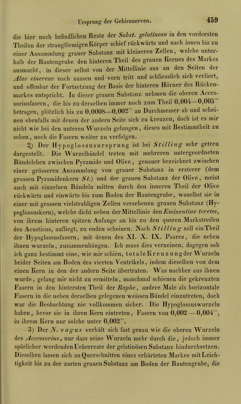 die hier noch befindlichen Resle der Subst. gelatinosa in den vordersten Theilen der slrangförmigen Körper schief rückwärts und nach innen bis zu einer Ansammlung grauer Substanz mit kleineren Zellen, welche unter- halb der Rautengrube den hinteren Theil des grauen Kernes des Markes ausmacht, in dieser selbst von der Mittellinie aus an den Seiten dei Alae cinereae nach aussen und vorn tritt und schliesslich sich verliert, und offenbar der Fortsetzung der Basis der hinteren Hörner des Rücken- markes entspricht. In dieser grauen Substanz nehmen die oberen Acces- soriusfasern, die bis zu derselben immer noch zum Theil 0,004 0,005 betragen, plötzlich bis zu 0,0008—0,002' an Durchmesser ab und schei- nen ebenfalls mit denen der andern Seite sich zu kreuzen, doch ist es mir nicht wie bei den unteren Wurzeln gelungen, dieses mit Bestimmtheit zu sehen, noch die Fasern weiter zu verfolgen. 2j Der Hypoglossusursprung ist bei Stilling sehr getreu dargestellt. Die Wurzelbündel treten mit mehreren untergeordneten Bündelchen zwischen Pyramide und Olive, genauer bezeichnet zwischen einer grösseren Ansammlung von grauer Substanz in ersterer (dem grossen Pyramidenkern St.) und der grauen Substanz der Olive, meist auch mit einzelnen Bündeln mitten durch den inneren Theil der Olive rückwärts und einwärts bis zum Boden der Raulengrube, woselbst sie in einer mit grossen vielstrahligen Zellen versehenen grauen Substanz (Hy- poglossuskern), welche dicht neben der Mittellinie denEminenfiae teretes, von ihrem hinteren spitzen Anfänge an bis zu den queren Markstreifen des Acusticus, aufliegt, zu enden scheinen. Nach Stilling soll einTheil der Hypoglossusfasern, mit denen des XI. X. IX. Paares, die neben ihnen wurzeln, Zusammenhängen. Ich muss dies verneinen, dagegen sah ich ganz bestimmt eine, wie mir schien, totaleKreuzungder Wurzeln beider Seiten am Boden des vierten Ventrikels, indem dieselben von dem einen Kern in den der andern Seite übertraten. Was nachher aus ihnen wurde, gelang mir nicht zu ermitteln, manchmal schienen die gekreuzten Fasern in den hintersten Theil der Rap he, andere Male als horizontale Fasern in die neben derselben gelegenen weissen Bündel einzulreten, doch war die Beobachtung nie vollkommen sicher. Die Hypoglossuswurzeln haben, bevor sie in ihren Kern eintreten, Fasern von 0,002 — 0,004', in ihrem Kern nur solche unter 0,002. 3) Der N. vagus verhält sich fast genau wie die oberen Wurzeln des Accessorius, nur dass seine Wurzeln mehr durch die, jedoch immer spärlicher werdenden Ueberrcste der gelatinösen Substanz hindurchsetzen. Dieselben lassen sich an Querschnitten eines erhärteten Markes mit Leich- tigkeit bis zu der zarten grauen Substanz am Boden der Rautengrube, die