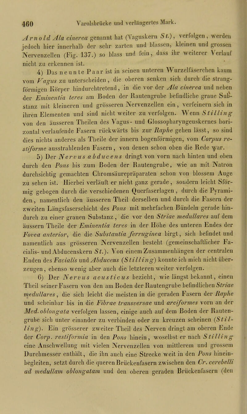 Arnold Ala cinerea genannt hat (Vaguskern St.), verlolgcn, werden jedoch liier innerhalb der sehr zarten und blassen, kleinen und grossen Nervenzellen (Fig. 137.) so blass und lein, dass ihr weiterer Verlauf nicht zu erkennen ist. 4) Das neunte Paar ist in seinen unteren Wurzelfäserchen kaum vom Vagus zu unterscheiden, die oberen senken sich durch die strang- förmigen Körper hindurchtretend, in die vor der Ala cinerea und neben der Emincntia leres am Boden der Rautengrube befindliche graue Sub- stanz mit kleineren und grösseren Nervenzellen ein, verfeinern sich in ihren Elementen und sind nicht weiter zu verfolgen. Wenn Stilling von den äusseren Theilen des Vagus - und Glossopharyngeuskernes hori- zontal verlaufende Fasern rückwärts bis zur Raphe gehen lässt, so sind dies nichts anderes als Theile der innern bogenförmigen, vom Corpus re- stiforme ausstrahlenden Fasern, von denen schon oben die Rede yar. 5) Der Nervus ab duc ens dringt von vorn nach hinten und oben durch den Potis bis zum Boden der Rautengrube, wie an mit Natron durchsichtig gemachten Chromsäurepräparaten schon von blossem Auge zu sehen ist. Hierbei verläuft er nicht ganz gerade, sondern leicht Sför- mig gebogen durch die verschiedenen Querfaserlagen, durch die Pyrami- den, namentlich den äusseren Theil derselben und durch die Fasern der zweiten Längsfaserschicht des Pons mit mehrfachen Bündeln gerade hin- durch zu einer grauen Substanz, die vor den Striae medulläres auf dem äussern Theile der Eminentia teres in der Höhe des unteren Endes der Fovea anterior, die die Substantia ferruginea birgt, sich befindet und namentlich aus grösseren Nervenzellen besteht (gemeinschaftlicher Fa- cialis- undAbducenskern St.). Von einem Zusammenhängen der centralen Enden des Facialis und Abducens (Stilling) konnte ich mich nicht über- zeugen, ebenso wenig aber auch die letzteren weiter verfolgen. G) Der Nervus acusticus bezieht, wie längst bekannt, einen Theil seiner Fasern von den am Boden der Rautengrube befindlichen Striae medulläres, die sich leicht die meisten in die geraden Fasern der Raphe und scheinbar bis in die Fibrae transversae und arciformcs vorn an der Med. oblongata verfolgen lassen, einige auch auf dem Boden der Rauten- grube sich unter einander zu verbinden oder zu kreuzen scheinen (Stil- lin g). Ein grösserer zweiter Theil des Nerven dringt am oberen Ende der Corp. restiformia in den Pons hinein, woselbst er nach Stilding eine Anschwellung mit vielen Nervenzellen von mittlerem und grossem Durchmesser enthält, die ihn auch eine Strecke weit in den Pons liinein- bcglcitcn, setzt durch die queren Brücken fasern zwischen den Cr. ccrebelli ad medullam oblongalam und den oberen geraden Brücken fasern (den