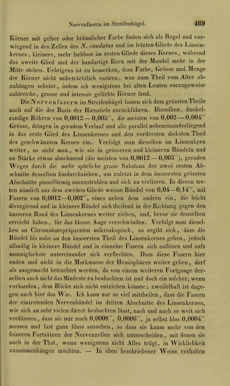 Körner mit gelber oder bräunlicher Farbe finden sich als Regel und vor- wiegend in den Zellen des iV. caudatus und im letzten Gliede des Linsen- kernes , kleinere, mehr farblose im ersten Gliede dieses Kernes, während das zweite Glied und der bandartige Kern mit der Mandel mehr in der Mitte stehen. Uebrigens ist zu bemerken, dass Farbe, Grösse und Menge der Körner nicht unbeträchtlich variren, Avas zum Theil vom Alter ab- zuhängen scheint, indem ich wenigstens bei alten Leuten vorzugsweise zahlreiche, grosse und intensiv gefärbte Körner fand. Die Nervenfasern im Streifenhügel lassen sich dem grössten Theile nach auf die der Basis der Hirnstiele zurückführen. Dieselben, dunkel- randige Röhren von 0,0012 — 0,005', die meisten von 0,002 — 0,004' Grösse, dringen in geradem Verlauf und alle parallel nebeneinanderliegend in das erste Glied des Linsenkernes und den vordersten dicksten Theil des geschwänzten Kernes ein. Verfolgt man dieselben im Linsenkern weiter, so sieht man, wie sie in grösseren und kleineren Bündeln und an Stärke etwas abnehmend (die meisten von 0,0012 — 0,003 '), geraden Weges durch die mehr spärliche graue Substanz der zwei ersten Ab- schnitt« desselben hindurchziehen, um zuletzt in dem äussersten grössten Abschnitte pinselförmig auszustrahlen und sich zu verlieren. In diesen tre- ten nämlich aus dem zweiten Gliede weisse Bündel \ron 0,04—0,14 , mit Fasern von 0,0012—0,002, eines neben dem andern ein, die leicht divergirend und in kleinere Bündel sichtheilend in der Richtung gegen den äusseren Rand des Linsenkernes weiter ziehen, und, bevor sie denselben erreicht haben, für das blosse Auge verschwinden. Verfolgt man diesel- ben an Chromsäurepräparaten mikroskopisch, so ergibt sich , dass die Bündel bis nahe an den äussersten Theil des Linsenkernes gehen, jedoch allmälig in kleinere Bündel und in einzelne Fasern sich auflösen und aufs mannigfachste untereinander sich verflechten. Dass diese Fasern hier enden und nicht in die Markmasse der Hemisphären weiter gehen, darf als ausgemacht betrachtet werden, da von einem weiteren Fortgange der- selben auch nicht das Mindeste zu beobachten ist und doch ein solcher, wenn vorhanden, dem Blicke sich nicht entziehen könnte; zweifelhaft ist dage- gen auch hier das Wie. Ich kann nur so viel mittheilen, dass die Fasern der eintretenden Nervenbündel im dritten Abschnitte des Linsenkernes, Avie sich an sehr vielen direct beobachten lässt, nach und nach so weit sich verdünnen, dass sie nur noch 0,0008', 0,0006', ja selbst blos 0,0004’ messen und fast ganz blass aussehen, so dass sie kaum mehr von den feineren Fortsätzen der Nervenzellen sich unterscheiden, mit denen sie auch in derThat, wenn wenigstens nicht Alles trügt, in Wirklichkeit Zusammenhängen möchten. — In eben beschriebener Weise verhalten