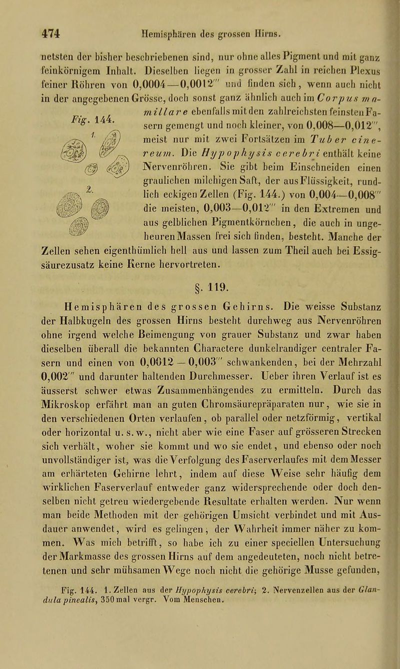 netsten der bisher beschriebenen sind, nur ohne alles Pigment und mit ganz feinkörnigem Inhalt. Dieselben liegen in grosser Zahl in reichen Plexus feiner Röhren von 0,0004—0,0012' und finden sich, wenn auch nicht in der angegebenen Grösse, doch sonst ganz ähnlich auch im Cor pus mo- rn illare ebenfalls mit den zahlreichsten feinsten Fa- sern gemengt und noch kleiner, von 0,008—0,012 , meist nur mit zwei Fortsätzen im Tuber cine- rcum. Die Hypop hy sis cereb r i enthält keine Nervenröhren. Sie gibt beim Einschneiden einen graulichen milchigen Saft, der aus Flüssigkeit, rund- lich eckigen Zellen (Fig. 144.) von 0,004—0,008' die meisten, 0,003—0,012' in den Extremen und aus gelblichen Pigmentkörnchen, die auch in unge- heuren Massen frei sich finden, besteht. Manche der Zellen sehen eigenthümlich hell aus und lassen zum Theil auch bei Essig- säurezusatz keine Kerne hervortreten. §. 119. Hemisphären des grossen Gehirns. Die weisse Substanz der Halbkugeln des grossen Hirns besteht durchweg aus Nervenröhren ohne irgend welche Beimengung von grauer Substanz und zwar haben dieselben überall die bekannten Charactere dunkelraudiger centraler Fa- sern und einen von 0,0012 — 0,003 schwankenden, bei der Mehrzahl 0,002  und darunter hallenden Durchmesser. Ueber ihren Verlauf ist es äusserst schwer etwas Zusammenhängendes zu ermitteln. Durch das Mikroskop erfährt man an guten Chromsäurepräparaten nur, wie sie in den verschiedenen Orten verlaufen, ob parallel oder netzförmig, vertikal oder horizontal u. s.w., nicht aber wie eine Faser auf grösseren Strecken sich verhält, woher sie kommt und wo sie endet, und ebenso oder noch unvollständiger ist, was die Verfolgung des Faserverlaufes mit demMesser am erhärteten Gehirne lehrt, indem auf diese Weise sehr häufig dem wirklichen Faserverlauf entweder ganz widersprechende oder doch den- selben nicht getreu wiedergebende Resultate erhallen werden. Nur wrenn man beide Methoden mit der gehörigen Umsicht verbindet und mit Aus- dauer anwendet, wird es gelingen, der Wahrheit immer näher zu kom- men. Was mich betrifft, so habe ich zu einer speciellen Untersuchung der Markmasse des grossen Hirns auf dem angedeuteten, noch nicht betre- tenen und sehr mühsamen Wege noch nicht die gehörige Müsse gefunden, Fig. 144. 1. Zellen .aus der Hypophysis cerebri-, 2. Nervenzellen aus der Glan- dulapincalis, 350mal vergr. Vom Menschen.