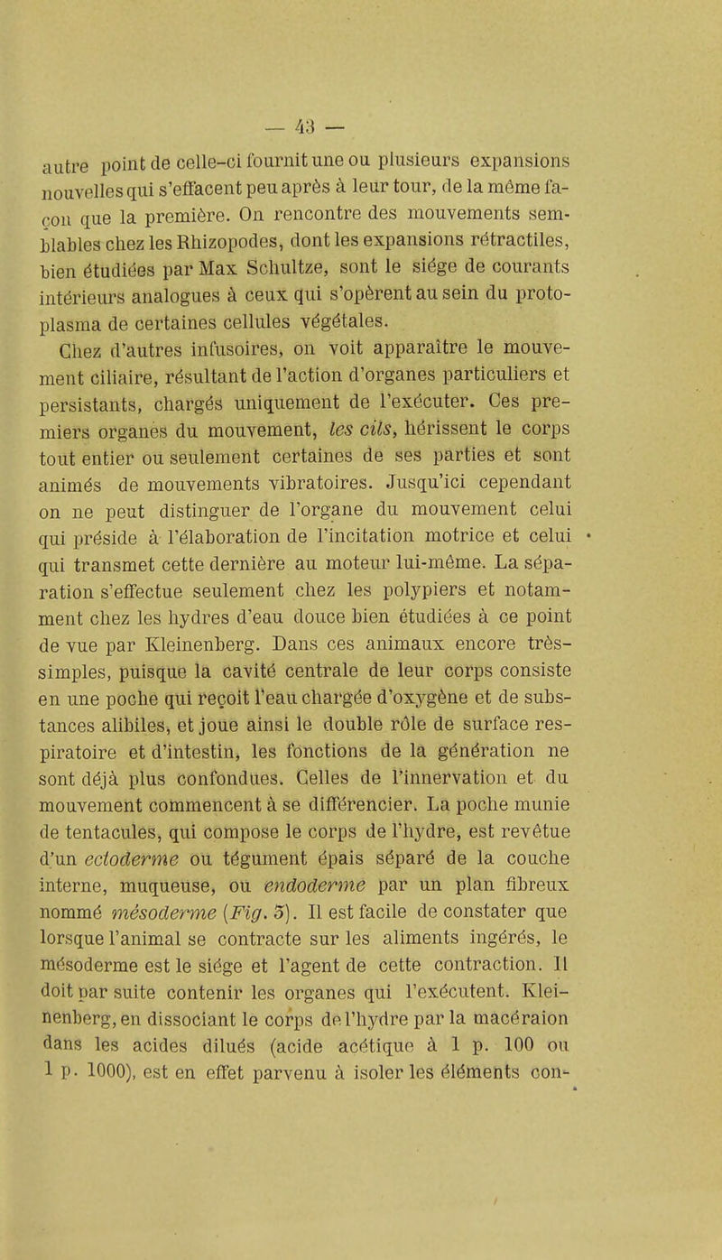 autre point de celle-ci fournit une ou plusieurs expansions nouvelles qui s'effacent peu après à leur tour, de la même fa- cou que la première. On rencontre des mouvements sem- blables chez les Rliizopodes, dont les expansions rétractiles, bien étudiées par Max Schultze, sont le siège de courants intérieurs analogues à ceux qui s'opèrent au sein du proto- plasma de certaines cellules végétales. Chez d'autres infusoires, on voit apparaître le mouve- ment ciliaire, résultant de l'action d'organes particuliers et persistants, chargés uniquement de l'exécuter. Ces pre- miers organes du mouvement, les cils, hérissent le corps tout entier ou seulement certaines de ses parties et sont animés de mouvements vibratoires. Jusqu'ici cependant on ne peut distinguer de l'organe du mouvement celui qui préside à l'élaboration de l'incitation motrice et celui • qui transmet cette dernière au moteur lui-même. La sépa- ration s'effectue seulement chez les polypiers et notam- ment chez les hydres d'eau douce bien étudiées à ce point de vue par Kleinenberg. Dans ces animaux encore très- simples, puisque la cavité centrale de leur corps consiste en une poche qui reçoit l'eau chargée d'oxygène et de subs- tances alibiles, et joue ainsi le double rôle de surface res- piratoire et d'intestin, les fonctions de la génération ne sont déjà plus confondues. Celles de l'innervation et du mouvement commencent à se différencier. La poche munie de tentacules, qui compose le corps de l'hydre, est revêtue d'un ectoderme ou tégument épais séparé de la couche interne, muqueuse, ou endoderme par un plan fibreux nommé mésoderme [Fig. 5). Il est facile de constater que lorsque l'animal se contracte sur les aliments ingérés, le mésoderme est le siège et l'agent de cette contraction. Il doit par suite contenir les organes qui l'exécutent. Klei- nenberg, en dissociant le corps de l'hydre par la macéraion dans les acides dilués (acide acétique à 1 p. 100 ou