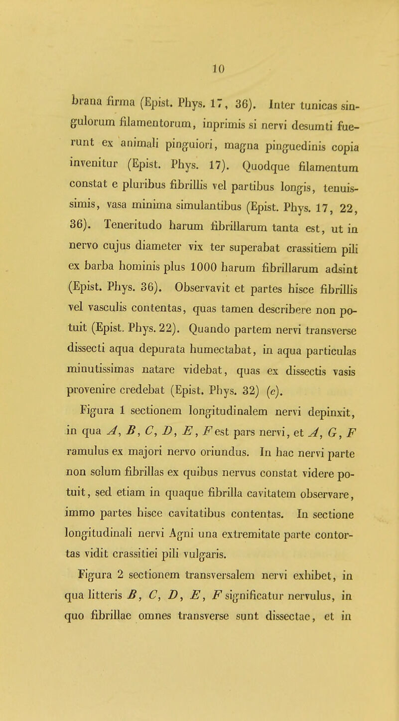 brana firma (Epist. Phys. 17, 36). Inter tunicas sin- gulorum filamentorum, inprimis si nervi desumti fue- runt ex animali pinguiori, magna pinguedinis copia invenitur (Epist. Phys. 17). Quodque filamentum constat e pluribus fibrillis vel partibus longis, tenuis- simis, vasa minima simulantibus (Epist. Phys. 17, 22, 36). Teneritudo harum fibrillarum tanta est, ut in nervo cujus diameter vix ter superabat crassitiem pili ex barba hominis plus 1000 harum fibrillarum adsint (Epist. Phys. 36). Observavit et partes hisce fibrillis vel vasculis contentas, quas tamen describere non po- tuit (Epist. Phys. 22). Quando partem nervi transverse dissecti aqua depurata humectabat, in aqua particulas minutissimas natare videbat, quas ex dissectis vasis provenire credebat (Epist. Phys. 32) (c). Figura 1 sectionem longitudinalem nervi depinxit, in qua A, B, C, D, E, Fest pars nervi, et A, G, F ramulus ex majori nervo oriundus. In hac nervi parte non solum fibrillas ex quibus nervus constat videre po- tuit, sed etiam in quaque fibrilla cavitatem observare, immo partes hisce cavitatibus contentas. In sectione longitudinali nervi Ag-ni una extremitate parte contor- tas vidit crassitiei pih vulgaris. Figura 2 sectionem transversalem nervi exhibet, in qua litteris jff, C, D, E, F significatur nervulus, in quo fibrillae omnes transverse sunt dissectae, et in