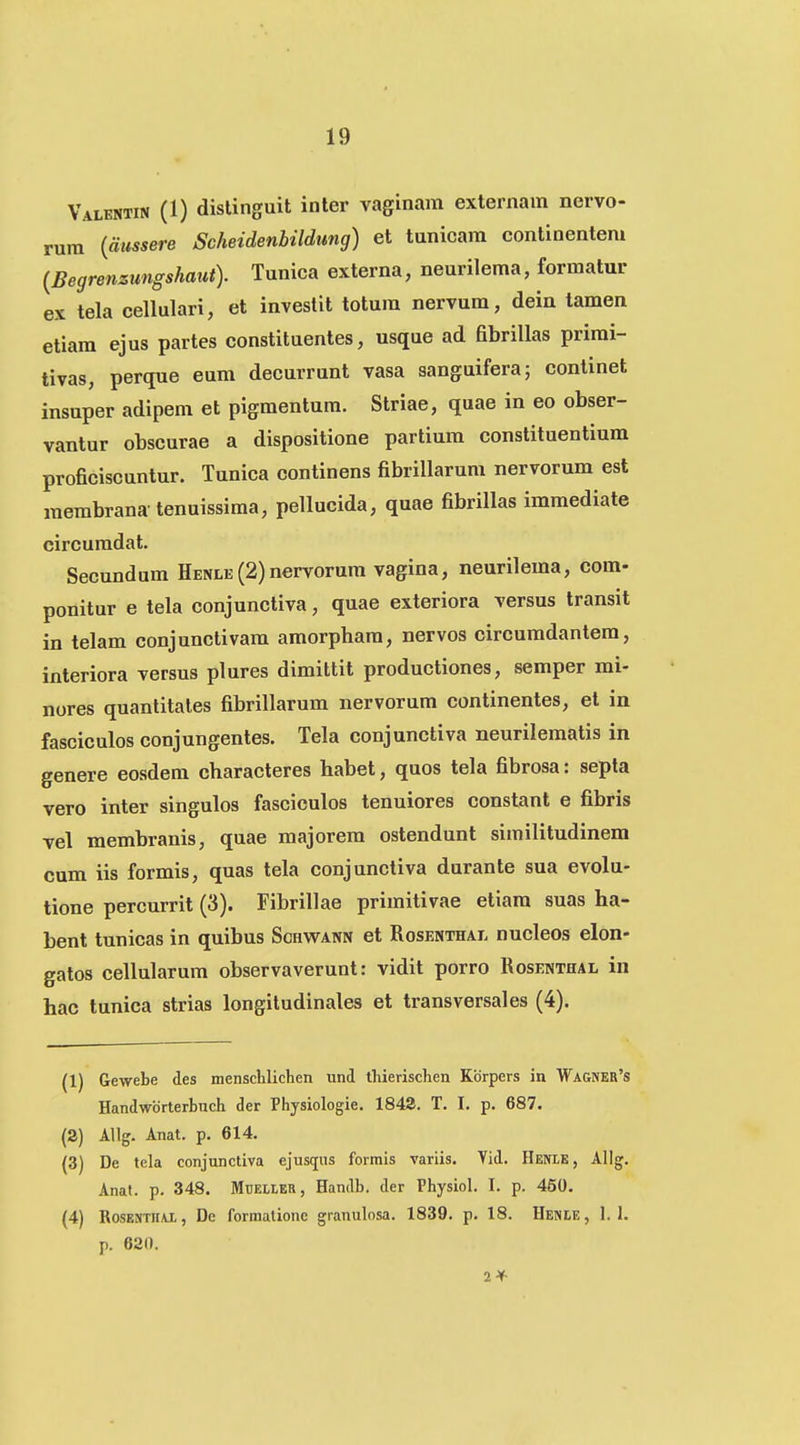 Valentin (1) dislinguit inter vaginam externain nervo- rum {dussere Scheidenbildtmg) et tunicara continentem (Begrenztmgshaut). Tunica externa, neurilema, formatur ex tela cellulari, et investit totum nervum, dein tamen etiam ejus partes constituentes, usque ad fibrillas primi- tivas, perque eum decurrunt vasa sanguifera; continet insuper adipem et pigmentum. Striae, quae in eo obser- vantur obscurae a dispositione partium constituentium proficiscuntur. Tunica continens fibrillarum nervorum est raerabrana tenuissima, pellucida, quae fibrillas imraediate circuradat. Secundum Henle(2)nervorum vagina, neurilema, com- ponitur e tela conjunctiva, quae exteriora versus transit in telam conjunctivam amorphara, nervos circuradantem, interiora versus plures dimittit productiones, semper mi- nores quantitales fibrillarura nervorura continentes, et in fasciculos conjungentes. Tela conjunctiva neurileraatis in genere eosdem characteres habet, quos tela fibrosa: sepla vero inter singulos fasciculos tenuiores constant e fibris vel membranis, quae majorera ostendunt similitudinem cum iis forrais, quas tela conjunctiva durante sua evolu- tione percurrit (3). Fibrillae primitivae etiara suas ha- bent tunicas in quibus Schwann et Rosenthal nucleos elon- gatos cellularura observaverunt: vidit porro Rosenthal in hac tunica strias longiludinales et transversales (4). (1) Gewebe des menscliliclien unJ tliierisclien Kbrpers in Wagner^s Handwbrterbuch der Physiologie. 1843. T, I, p, 687. (2) Allg. Anat. p, 614, (3) De tela conjunctiva ejusijus forrais variis. Tid. Henie, Allg. Anat. p. 348. Mueiler, Handb. der Physiol. I. p. 450. (4) RosESTH/u,, Dc formationc granulosa. 1839. p. 18. Henie, 1. I. p. 620.