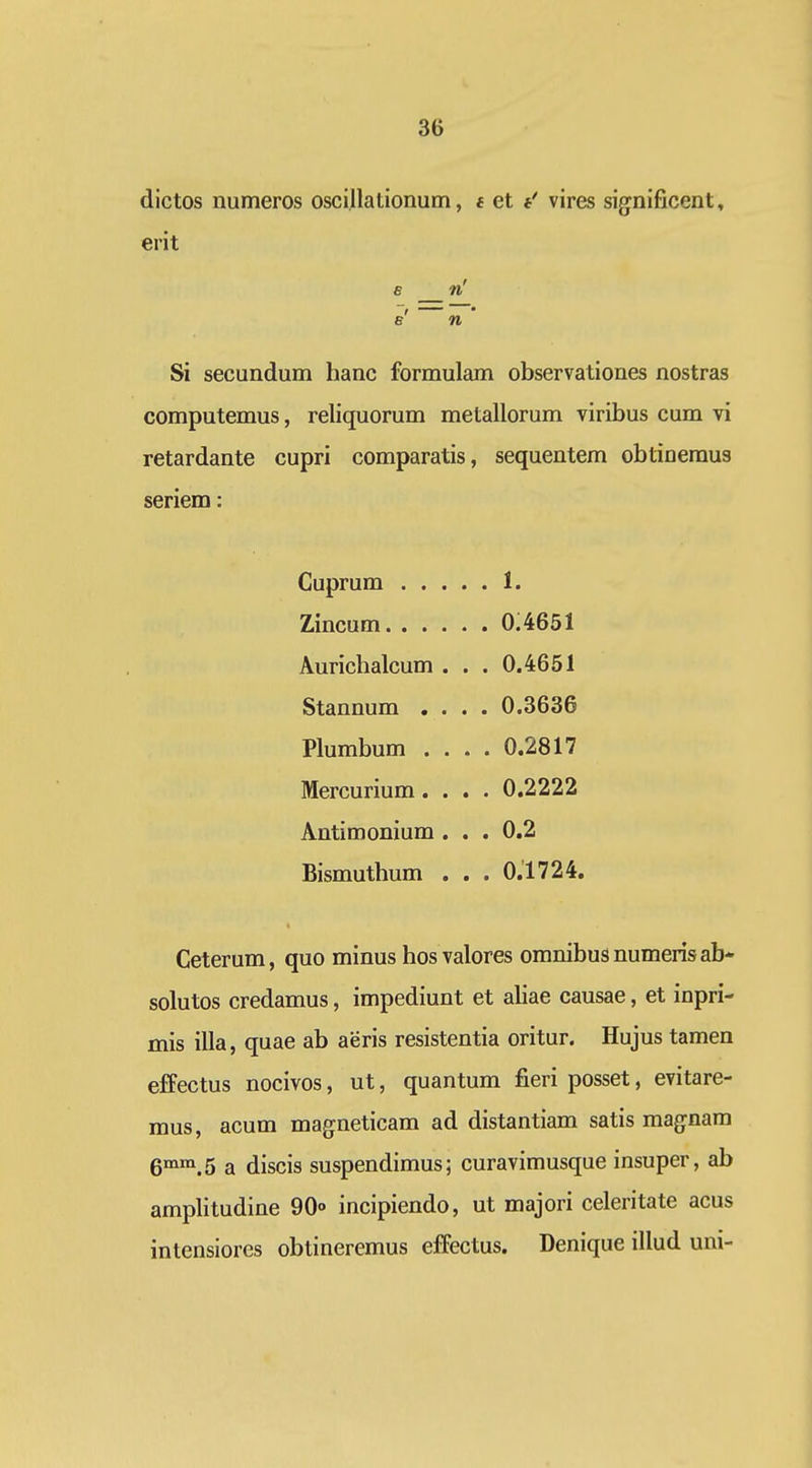dictos numeros oscillationum, e et *' vires significent, erit 8 n' e' « * Si secundum hanc formulam observationes nostras computemus, reliquorum metallorum viribus cum vi retardante cupri comparatis, sequentem obtineraus seriem: 1. , 0 4651 Aurichalcum . . . 0.4651 Stannum . . , . . 0.3636 0,2817 Mercurium.... 0.2222 Antimonium . . . 0.2 Bismuthum . . . 0.1724. Ceterum, quo minus hos valores omnibusnumerisab- solutos credamus, impediunt et aliae causae, et inpri- mis illa, quae ab aeris resistentia oritur. Hujus tamen effectus nocivos, ut, quantum fieri posset, evitare- mus, acum magneticam ad distantiam satis magnam gmm 5 a discis suspendimus; curavimusque insuper, ab amplitudine 90° incipiendo, ut majori celeritate acus intensiores obtineremus effectus. Denique illud uni-