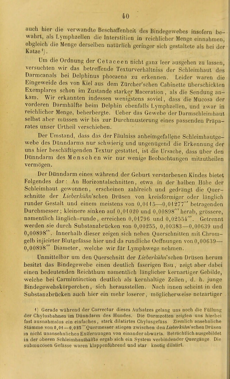 auch hier die verwandte Beschaffenheit des Bindegewebes insofern be- ii wahrt, als Lyniphzellen die Inlerslilien in reichlicher Menge einnahmen, !, obgleich die Menge derselben natürlich geringer sich gestaltete als bei der Katze Um die Ordnung der Getaceen nicht ganz leer ausgehen zu lassen, | versuchten wir das betreffende Texturverhältniss der Schleimhaut des i Darmcanals bei Delphinus phocaena zu erkennen. Leider waren die j Eingeweide des von Kiel aus dem ZUrcher'schen Cabinette überschickten i Exemplares schon im Zustande starker Maceration , als die Sendung an- ■ kam. Wir erkannten indessen wenigstens soviel, dass die Mucosa der | vorderen Darmhälfte beim Delphin ebenfalls Lymphzeiien, und zwar in [ reichlicher Menge, beherbergte. Ueber das Gewebe der Darmschleimhaut | selbst aber müssen wir bis zur Durchmusterung eines passenden Präpa- I rates unser Urtheil verschieben. 1 Der Umstand, dass das der Fäulniss anheimgefallene Schleimhautge- ; webe des Dünndarms nur schwierig und ungenügend die Erkennung der | uns hier beschäftigenden Textur gestattet, ist die Ursache, dass über den Dünndarm des Mensch en wir nur wenige Beobachtungen mitzutheilen vermögen. Der Dünndarm eines während der Geburt verstorbenen Kindes bietet Folgendes dar: An Horizontalschnitten, etwa in der halben Höhe der Schleimhaut gewonnen, erscheinen zahlreich und gedrängt die Quer- schnitte der Lieberkühn'sehen Drüsen von kreisförmiger oder länglich runder Gestalt und einem meistens von 0,0115—0,01277' betra^enden Durchmesser; kleinere sinken auf 0,01020 und 0,00898'herab, grössere, namentlich länglich-runde, erreichen 0,01796 und 0,02554'. Gelrennt werden sie durch Substanzbrücken von 0,00255, 0,00383—0,00639 und 0,00898'. Innerhalb dieser zeigen sich neben Querschnitten mit Chrom- gelb injicirter Blutgefässe hier und da rundliche Oeffnungen von 0,00639— j 0,00898' Diameter, welche wir für Lymphwege nehmen. i Unmittelbar um den Querschnitt der Lieberkühn scheu Drüsen herum li besitzt das Bindegewebe einen deutlich faserigen Bau, zeigt aber dabei Ii einen bedeutenden Reichthum namentlich länglicher kernartiger Gebilde, Ii welche bei Carmintinction deutlich als kernhaltige Zellen, d. h. junge i! Bindegewebskörperchen, sich herausstellen. Nach innen scheint in den ü Substanzbrücken auch hier ein mehr loserer, möglicherweise netzartiger i' 1) Gerade während der Correctur dieses Aufsatzes gelang uns noch die Füllung ;| der Chylusbahnen im Dünndarm des Hundes. Die Darmzotten zeigten uns hierbei i fast ausnahmslos ein einfaches , stark dilatirtes Chylusgeföss Ziemlich ansehnliche ij Stämme von 0,01—0,025'Quormesser stiegen zwischen den LiofcerÄü/m'schen Drüsen i in nicht unansehnlichen Entfernungen von einanderabwiirts. Beirtichllich ausgebildet i l in der oberen Schleimhaulhälfto ergab sich ein System vorbindender Quergönge Die ji submucösen Gefüsse waren klappenführend und star knotig dilalirt.