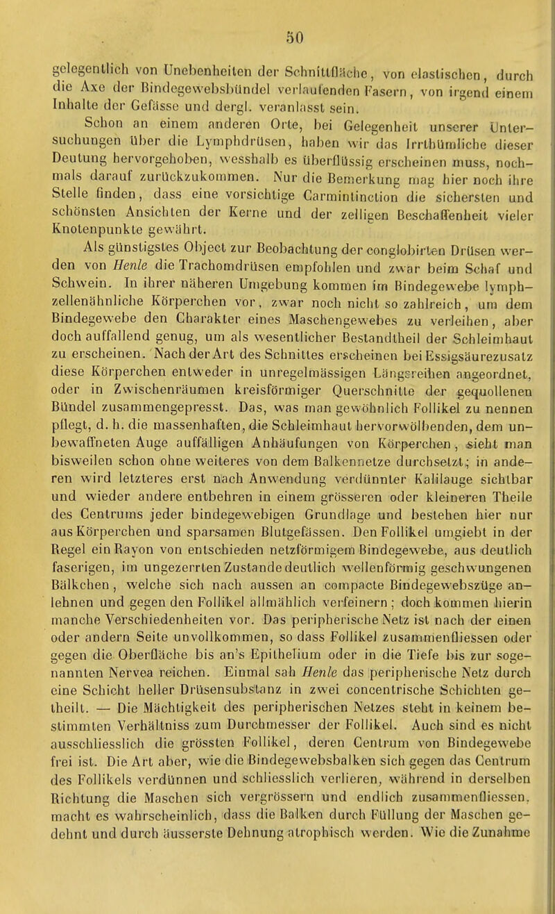 gelegentlich von Unebenheilen der Schndtnuche, von clasUschcn, durch i die Axe der Bindegev^ebsbündel verlaulenden Fasern, von irgend einem j Inhalte der Gefüsse und dergl. veranlasst sein. Schon an einem anderen Orte, bei Gelegenheit unserer Unter- j suchungen Uber die Lymphdrüsen, haben wir das Irrlhümliche dieser j Deutung hervorgehob-en, wesshalb es überflüssig erscheinen muss, noch- I mals darauf zurückzukommen. Nur die Bemerkung mag hier noch ilire \ Stelle finden, dass eine vorsichtige Carminlinction die sichersten und j schönsten Ansichten der Kerne und der zelligen Beschaffenheit vieler Knotenpunkte gewahrt. Als günstigstes Object zur Beobachtung der conglobirten Drüsen wer- \ den von Henle die TrachomdrUsen empfohlen und zwar beim Schaf und Schwein. In ihrer näheren Umgebung kommen im Bindegewebe lymph- \ zellenähnliche Körperchen vor, zwar noch nicht so zahlreich, um dem ' Bindegewebe den Charakter eines Maschengewebes zu verleihen, aber doch auffallend genug, um als wesentlicher Beslandtheil der Schleimbaut zu erscheinen. Nach der Art des Schnittes erscheinen bei Essigsäurezusatz i diese Körperchen entweder in unregelmässigen Längsreihen angeordnet, oder in Zwischenräumen kreisförmiger Querschnitte der gequollenen Bündel zusammengepresst. Das, was man gewöhnlich Follikel zu nennen pflegt, d. h. die massenhaften, die Schleimhaut hervorwölbenden, dem un- bewafl'neten Auge auffälligen Anhäufungen von Körperchen, sieht man bisweilen schon ohne weiteres von dem Balkennetze durchsetzt^ in ande- ren wird letzteres erst nach Anwendung verdünnter Kalilauge sichtbar und wieder andere entbehren in einem grösseren oder kleineren Theile des Centrums jeder bindegewebigen Grundlage und bestehen hier nur aus Körperchen und sparsamen Blutgefässen. Den Follikel umgiebt in der Regel ein Rayon von entschieden netzförmigem Bindegewebe, aus deutlich faserigen, im ungezerrten Zustande deutlich wellenförmig geschwungenen Bälkchen , welche sich nach aussen an compacte Bindegewebszüge an— • lehnen und gegen den Follikel alimählich verfeinern; doch kommen Jiierin ^ manche Verschiedenheiten vor. Das peripherische Netz ist nach der einen oder andern Seite unvollkommen, so dass Follikel zusammenfliessen oder I gegen die Oberfläche bis an's Epithelium oder in die Tiefe bis zur söge- ' nannten Nervea reichen. Einmal sah Henle das peripherische Netz durch i eine Schicht heller Di'üsensubs'tanz in zwei concentrische Schichten ge- !| Iheilt. — Die Mächtigkeit des peripherischen Netzes steht in keinem be- stimmten Verhältniss zum Durchmesser der Follikel. Auch sind es nicht ausschliesslich die grössten Follikel, deren Centrum von Bindegewebe frei ist. Die Art aber, wie die Bindegewebsbalken sich gegen das Centrum des Follikels verdünnen und schliesslich verlieren, während in derselben Richtung die Maschen sich vergrössern und endlich zusammenfliessen, macht es wahrscheinlich, dass die Balken durch Füllung der Maschen ge- dehnt und durch äussersle Dehnung atrophisch werden. Wie die Zunahme