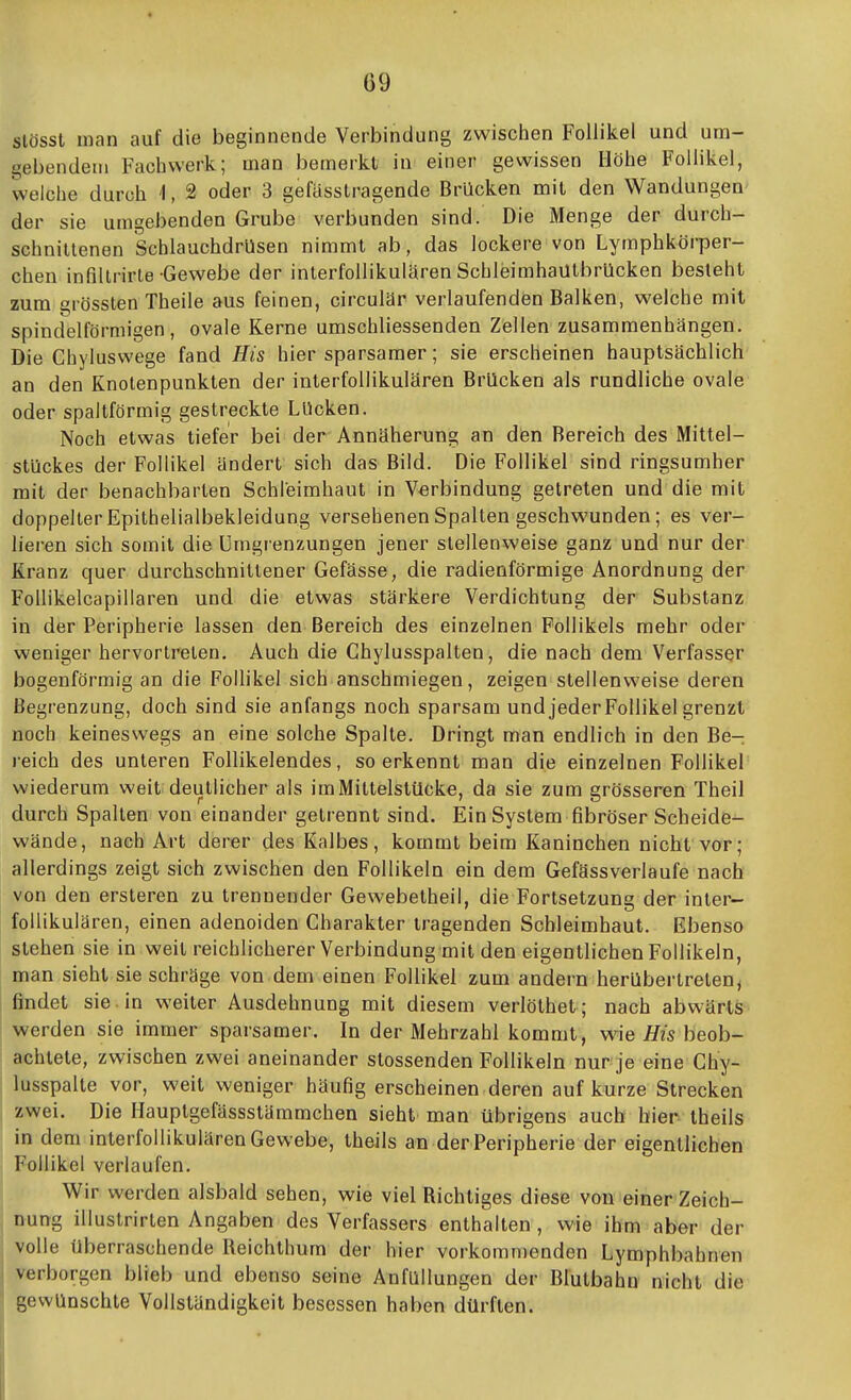 slösst man auf die beginnende Verbindung zwisciien Follikel und um- gebendetn Fachwerk; man bemerkt in einer gewissen Höhe Follikel, welche durch \, 2 oder 3 gefässtragende Brücken mit den Wandungen der sie umgebenden Grube verbunden sind. Die Menge der durch- schnittenen ScblauchdrUsen nimmt ab, das lockere von Lymphkörper- chen infiltrirte Gewebe der interfollikulären Schleimhaütbrücken besteht zum grössten Tbeile aus feinen, circulär verlaufenden Balken, welche mit spindelförmigen, ovale Kerne umschliessenden Zellen zusammenhängen. Die Chyluswege fand Bis hier sparsamer; sie erscheinen hauptsächlich an den Knotenpunkten der interfollikulären Brücken als rundliche ovale oder spaltförmig gestreckte Lücken. Noch etwas tiefer bei der Annäherung an dfen Bereich des Mittel- stückes der Follikel ändert sich das Bild. Die Follikel sind ringsumher mit der benachbarten Schleimhaut in Verbindung getreten und die mit doppelter Epithelialbekleidung versehenen Spalten geschwunden; es ver- lieren sich somit die Umgrenzungen jener stellenweise ganz und nur der Kranz quer durchschnittener Gefässe, die radienförmige Anordnung der FoUikelcapillaren und die etwas stärkere Verdichtung der Substanz in der Peripherie lassen den Bereich des einzelnen Follikels mehr oder weniger hervortreten. Auch die Chylusspalten, die nach dem Verfasser bogenförmig an die Follikel sich anschmiegen, zeigen stellenweise deren Begrenzung, doch sind sie anfangs noch sparsam und jeder Follikel grenzt noch keineswegs an eine solche Spalte. Dringt man endlich in den Be- reich des unteren Follikelendes, so erkennt man die einzelnen Follikel wiederum weit deutlicher als im Mittelstücke, da sie zum grösseren Theil durch Spalten von einander getrennt sind. Ein System fibröser Scheide- wände, nach Art derer des Kalbes, kommt beim Kaninchen nicht vor; allerdings zeigt sich zwischen den Follikeln ein dem Gefässverlaufe nach von den ersleren zu trennender Gewebetheil, die Fortsetzung der inter- follikulären, einen adenoiden Charakter tragenden Schleimhaut. Ebenso stehen sie in weit reichlicherer Verbindung mit den eigentlichen Follikeln, man sieht sie schräge von dem einen Follikel zum andern herübertreten, findet sie in weiter Ausdehnung mit diesem verlöthet ; nach abwärts werden sie immer sparsamer. In der Mehrzahl kommt, wie Eis beob- achtete, zwischen zwei aneinander stossenden Follikeln nur je eine Ghy- lusspalte vor, weit weniger häufig erscheinen deren auf kurze Strecken zwei. Die Hauplgefässstämmchen sieht man übrigens auch hier Iheils in dem interfollikulären Gewebe, theils an der Peripherie der eigentlichen Follikel verlaufen. Wir werden alsbald sehen, wie viel Richtiges diese von einer Zeich- nung illustrirten Angaben des Verfassers enthalten , wie ihm aber der volle überraschende Reichthum der hier vorkommenden Lymphbahnen verborgen blieb und ebenso seine Anfüllungen der Blutbahn nicht die gewünschte Vollständigkeit besessen haben dürften.