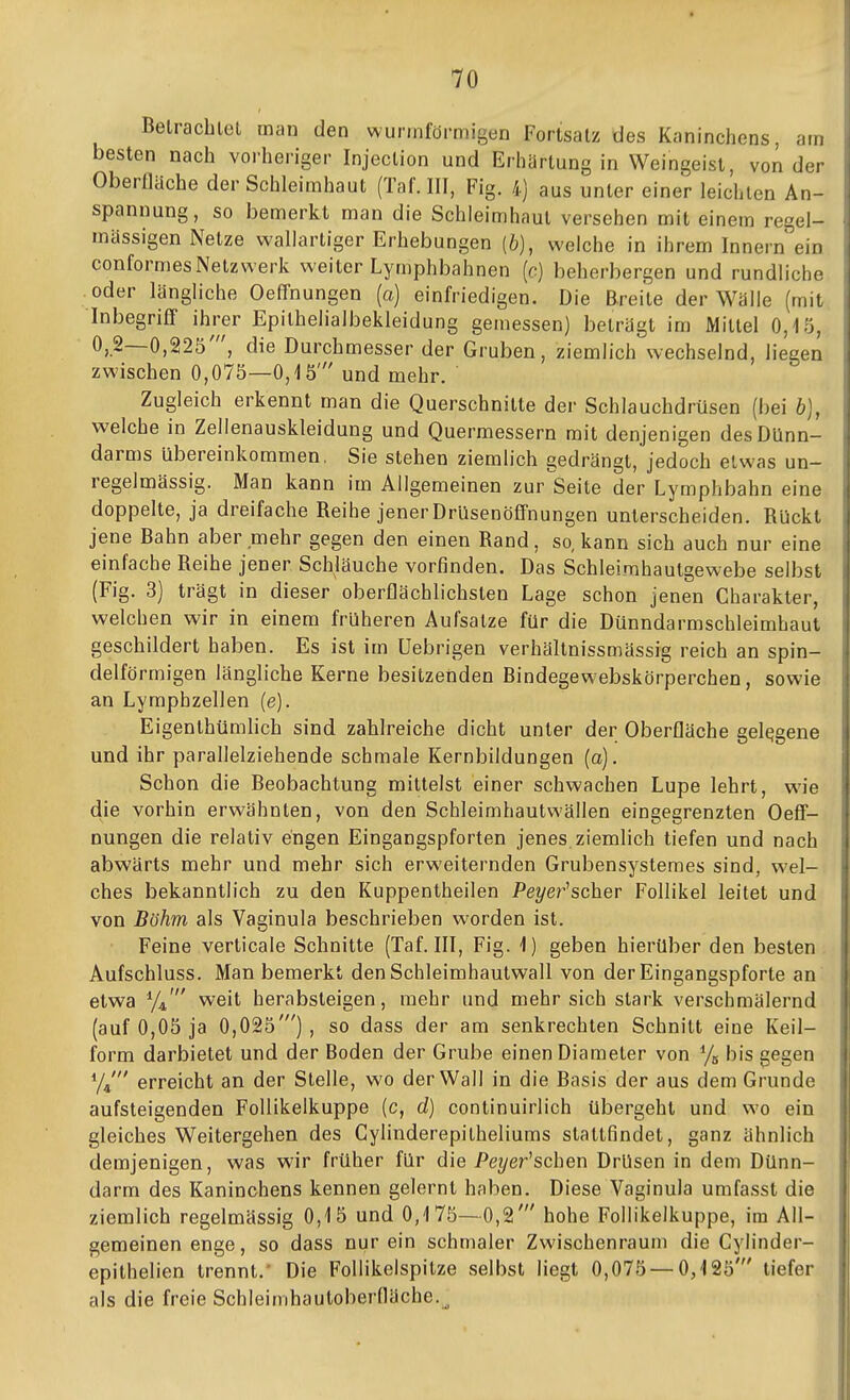 Belrachlet man den wunnförmigun Fortsatz des Kaninchens, am besten nach vorheriger Injeclion und Erhärtung in Weingeist, von der Oberfläche der Schleimhaut (Taf.III, Fig. /,) aus unter einer leichten An- spannung, so bemerkt man die Schleimhaut versehen mit einem regel- mässigen Netze wallartiger Erhebungen (b), welche in ihrem Innern ein conformes Netzwerk weiter Lymphbahnen (c) beherbergen und rundliche oder längliche Oeffnungen (a) einfriedigen. Die Breite der Wälle (mit Inbegriff ihrer Epithelialbekleidung gemessen) beträgt im Mittel 0,15, 0,2—0,225', die Durchmesser der Gruben, ziemlich wechselnd, liegen zwischen 0,075—0,15' und mehr. Zugleich erkennt man die Querschnitte der Schla uchdrüsen (bei b), welche in Zellenauskleidung und Quermessern mit denjenigen des Dünn- darms übereinkommen, Sie stehen ziemlich gedrängt, jedoch etwas un- regelmässig. Man kann im Allgemeinen zur'^Seite der Lymphbahn eine doppelte, ja dreifache Reihe jenerDrüsenöffnungen unterscheiden. Rückt jene Bahn aber mehr gegen den einen Rand, so, kann sich auch nur eine einfache Reihe jener Schläuche vorfinden. Das Schleimhaulgewebe selbst (Fig. 3) trägt in dieser oberflächlichsten Lage schon jenen Charakter, welchen wir in einem früheren Aufsalze für die Dünndarmschleimhaut geschildert haben. Es ist im Uebrigen verhältnissmässig reich an spin- delfö rmigen längliche Kerne besitzenden Bindegewebskörperchen, sowie an Lymphzellen (e). Eigenthümlich sind zahlreiche dicht unter der Oberfläche gelegene und ihr parallelziehende schmale Kernbildungen (a). Schon die Beobachtung mittelst einer schwachen Lupe lehrt, wie die vorhin erwähnten, von den Schleimhautwällen eingegrenzten Oeff- nungen die relativ engen Eingangspforten jenes ziemlich tiefen und nach abwärts mehr und mehr sich erweiternden Grubensystemes sind, wel- ches bekanntlich zu den Kuppentheilen Peyer^scher Follikel leitet und von Böhm als Vaginula beschrieben worden ist. Feine verticale Schnitte (Taf.III, Fig. 1) geben hierüber den besten Aufschluss. Man bemerkt den Schleimhautwall von der Eingangspforte an etwa %' weit herabsteigen, mehr und mehr sich stark verschmälernd (auf 0,05 ja 0,025'), so dass der am senkrechten Schnitt eine Keil- form darbietet und der Boden der Grube einen Diameter von % bis gegen Yi erreicht an der Stelle, wo der Wall in die Basis der aus dem Grunde aufsteigenden Follikelkuppe (c, d) continuirlich übergeht und wo ein gleiches Weitergehen des Cylinderepitheliums stattfindet, ganz ähnlich demjenigen, was wir früher für die Peyer^schen Drüsen in dem Dünn- darm des Kaninchens kennen gelernt haben. Diese Vaginula umfasst die ziemlich regelmässig 0,15 und 0,175—0,2' hohe Follikelkuppe, im All- gemeinen enge, so dass nur ein schmaler Zwischenraum die Cylinder- epithelien trennt. Die Follikelspitze selbst liegt 0,075 — 0,125' tiefer als die freie Schleimhautoberfläche.^