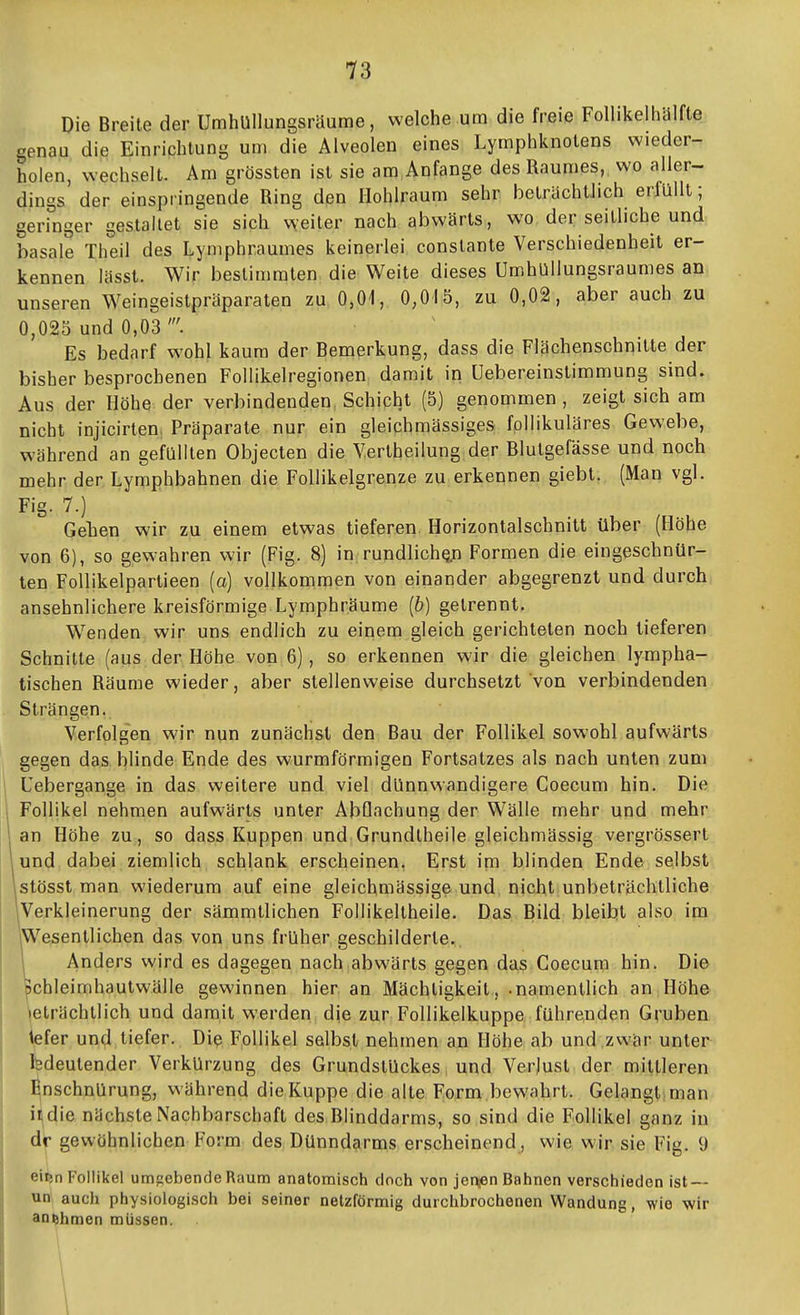Die Breite der UmhUllungsräume, welche um die freie Follikelhälfte genau die Einrichtung um die Alveolen eines Lymphknotens wieder- holen, wechselt. Am grössten ist sie am,Anfange des Raumes, wo aller- 4ing& der einspringende Ring den Hohlraum sehr beträchtlich erfüllt; geringer gestallet sie sich v\eiter nach abwärts, wo der seitliche und basale Theil des Lyniphraumes keinerlei conslante Verschiedenheit er- kennen lässt. Wir bestimmten die Weite dieses UmhUllungsraumes an unseren Weingeistpräparalen zu. 0,01, 0,015, zu 0,02, aber auch zu 0,025 und 0,03 '. Es bedarf wohl kaum der Bemerkung, dass die Flächenschnitte der bisher besprochenen FoIIikelregionen damit in üebereinstimmung sind. Aus der Höhe der verbindenden, Schicht (5) genommen , zeigt sich am nicht injicirten. Präparate nur ein gleichmässiges follikuläres Gewebe, während an gefüllten Objecten die Yertheilung der Blutgefässe und noch mehr der Lymphbahnen die Follikelgrenze zU;erkennen giebt. (Man vgl. Fig. 7.) Gehen wir zu einem etwas tieferen Horizontalschnitt über (Höhe von 6), so gewahren wir (Fig. 8) in rundlich^;! Formen die eingeschnür- ten Follikelpartieen (a) vollkommen von einander abgegrenzt und durch ansehnlichere kreisförmige Lymphräume {b) getrennt. Wenden wir uns endlich zu einem gleich gerichteten noch lieferen Schnitte (aus der Höhe von 6), so erkennen wir die gleichen lympha- tischen Räume wieder, aber stellenweise durchsetzt von verbindenden Strängen. Verfolgen wir nun zunächst den Bau der Follikel sowohl aufwärts gegen das blinde Ende des wurmförmigen Fortsatzes als nach unten zum 1 Uebergange in das weitere und viel dünnwandigere Coecum hin. Die 1 Follikel nehmen aufwärts unter AbQachung der Wälle mehr und mehr 1 an Höhe zu, so dass Kuppen und Grundlheile gleichmässig vergrössert lund dabei ziemlich schlank erscheinen, Erst im blinden Ende selbst Istösst man wiederum auf eine gleichmässige und nicht unbeträchtliche IVerkleinerung der sämmtlichen Follikeltheile. Das Bild bleibt also im iWesentlichen das von uns früher geschilderte. 1 Anders wird es dagegen nach abwärts gegen das Coecum hin. Die Bchleirnhautwälle gewinnen hier, an Mächtigkeit, -namentlich an Höhe teträchllich und damit werden die zur Follikelkuppe führenden Gruben lefer und tiefer. Die Follikel selbst nehmen an Höhe ab und zwar unter fedeutender Verkürzung des Grundstückes. und Verlust der mittleren Enschnürung, während die Kuppe die alte Form bewahrt. Gelangt, man h die nächste Nachbarschaft des Blinddarms, so sind die Follikel ganz in dr gewöhnlichen Form des Dünndarms erscheinend, wie wir sie Fig. 9 ei^n Follikel umgebende Raum anatomisch doch von je^en Bahnen verschieden ist — un auch physiologisch bei seiner netzförmig durchbrochenen Wandung, wie wir »nahmen müssen.