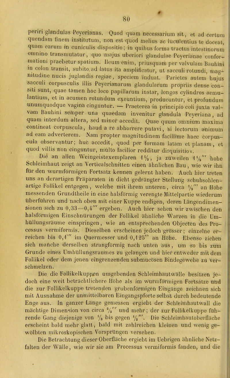 penn glandulas Feyerianas. Quod quam necessarium sit, et ad certum ! quendnm finem instilutum, non est quod melius ac lucölentius te doceat, i quam earum in cuniculis dispositio; in quibus forma tractns intesiinorum ] omnino transmutatur, quo niajus uberiori glanduiae Peyerianae conlor- i inationi praebetur spatium. Ileum enim, priusquam per vaivulam Bauliini i in Colon transit, subito.ad latus ita amplificatur, ut saccuii rotundi, maa- nitudine nucis juglandis regiae, speciem induat. Parietes autem hujus i saccuii corpusculis illis PeyeriaTiarum glandularum propriis dense con- J sili sunt, quae tarnen hoc loco papillarum instar, longos cylindros aemu- j lantium, et in acumen rötundum exeuntium, producuntur, et profundurn \ unumquodque vagina cinguntur. -— Praelerea in principio coli juxla val- vam Bauhini setoper una quaedam invenitur glandula Peyeriana, ad j quam interdum altera, sed minor accedit. Quae quum omnium maxima | contineat corpuscula, haud a re abhorrere putavi, 'si lectorum aiiimum i ad eam adverlerem. Nam propter magnitudinem facillime haec corpus- j -eul'a observantur; huc accedit, quod per iformam lalam etplanam, et quod villis non cinguntur, mülto facilior redditur disquisitio«. Die an allen Weingeistexemplaren ja zuweilen hohe Schleimhaut zeigt an Verticalschnitlen einen ähnlichen Bau, wie wir ihn für den wurmförmigen Fortsatz kennen gelernt haben. Auch hier treten uns an derartigen Präparaten in dicht gedrängter Stellung schuhsohlen- artige Follikel entgegen, welche mit ihrem unteren, circa %' an Höhe messenden Grundtheile in eine halsförmig verengte Miltelpartie wiederum überfuhren und nach oben mit einer Kuppe endigen, deren Längendimen- sionen sich zu 0,33—0,4' ergeben. Auch hier sehen wir zwischen den halsförmigen Einschnürungen der Follikel ähnliche Warzen in die Um- hüllungsräume einspringen, wie an entsprechenden Objecten des Pro- cessus vermiformis. Dieselben erscheinen jedoch grö'sser; einzelne er- reichen bis 0,1' im Quermesser und 0,125' an Höhe. Ebenso ziehen sich martche derselben strangförmig riath unten aus, um ^ bis züto Grunde eines UmhUllungs'raumes zu gelangen und hier entweder mit dem Follikel oder dem jenen eingrenzenden submucösen Bindegewebe zu ver- schmelzen. Die die Follikelkuppjen umgebenden Schleimhautwälle besitzen je- doch eine weit beträchtlichere Höhe als im wurmförmigen Fortsatze ubd die zur FoUikelkuppe tretenden grubenförmigen Eingänge zeichnen sich mit Ausnahme der unmittelbaren Eingangspforte selbst durch bedeutende Enge aus. In ganzer Länge gemessen ergiebt der Schreitiihaulvvall die mächtige Dimension von circa %' und mehr; der zur FoUikelkuppe füh- rende Gang diejenige von % bis gegen Die Schleimhautoberfläche erscheint bald mehr glatt, bald mit zahlreichen kleineu und wenig ge- wölbten mikroskopischen VorsprUngon versehen. Die Betrachtung dieser Oberfläche ergiebt im Uebrigen ähnliche Netz- falten der Wälle, wie wir sie am Processus vermiformis fanden, und die