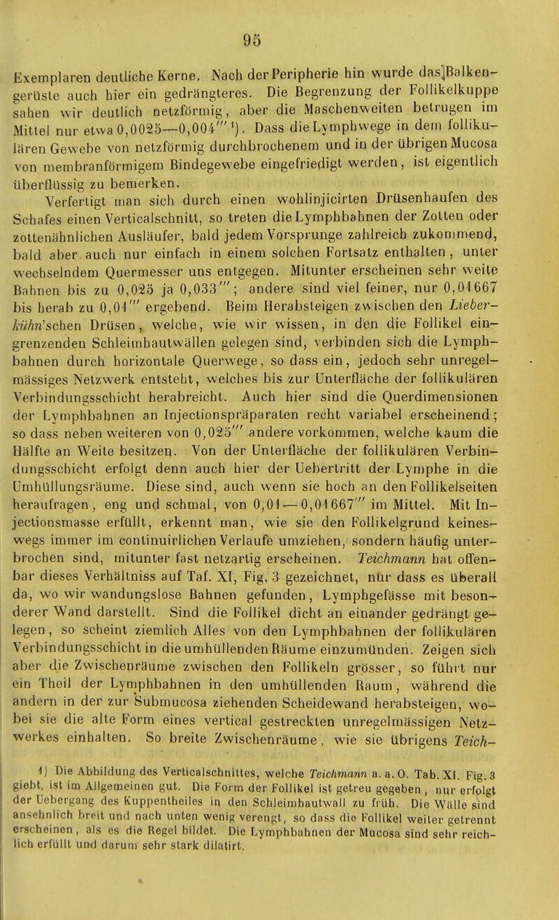 Exemplaren deutliche Kerne. Nach der Peripherie hin wurde das'jBalken- gerüsle auch hier ein gedrängteres. Die Begrenzung der Follikelkuppe sahen wir deutlich netzförmig, aber die Maschenweiten betrugen im Mittel nur etwa 0,0025—0,004'i). Dass dieLymphwege in dem folliku- lären Gewebe von netzförmig durchbrochenem und in der übrigen Mucosa von membranförmigem Bindegewebe eingefriedigt werden, ist eigentlich überflüssig zu bemerken. Verfertigt man sich durch einen wohlinjicirten Drüsenhaufen des Schafes einen Verticalschnill, so treten die Lymphbahnen der Zotten oder zottenähnlichen Ausläufer, bald jedem Vorsprunge zahlreich zukommend, bald aber, auch nur einfach in einem solchen Fortsatz enthalten, unter wechselndem Quermesser uns entgegen. Mitunter erscheinen sehr weite Bahnen bis zu 0,025 ja 0,033'; andere sind viel feiner, nur 0,01667 bis herab zu 0,0')' ergebend. Beim Herabsteigen zwischen den Lieber- kühn'schen Drüsen, welche, wie wir wissen, in den die Follikel ein- grenzenden Schleimhautwällen gelegen sind, verbinden sich die Lymph- bahnen durch horizontale Querwege, so dass ein, jedoch sehr unregel- mässiges Netzwerk entsteht, welches bis zur ünterfläche der follikulären Verbindungsschicht herabreicht. Auch hier sind die Querdimensionen der Lymphbahnen an Injectionspräparaten recht variabel erscheinend; so dass neben weiteren von 0,025' andere vorkommen, welche kaum die Hälfte an Weite besitzen. Von der Unterfläche der follikulären Verbin- dungsschicht erfolgt denn auch hier der Uebertritt der Lymphe in die ümhüllungsräume. Diese sind, auch wenn sie hoch an den FoUikelseiten heraufragen, eng und schmal, von 0,01 — 0,01667' im Mittel. Mit In- jectionsmasse erfüllt, erkennt man, wie sie den Follikelgrund keines- wegs immer im continuirlichen Verlaufe umziehen, sondern häufig unter- brochen sind, mitunter fast netzartig erscheinen. Teichmann hat offen- bar dieses Verhällniss auf Taf. XI, Fig, 3 gezeichnet, nür dass es überall da, wo wir wandungslose Bahnen gefunden, Lymphgefässe mit beson- derer Vs^and darstellt. Sind die Follikel dicht an einander gedrängt ge- legen , so scheint ziemlich Alles von den Lymphbahnen der follikulären Verbindungsschicht in die umhüllenden Räume einzumünden. Zeigen sich aber die Zwischenräume zwischen den Follikeln grösser, so führt nur ein Theil der Lymphbahnen in den umhüllenden Raum, während die andern in der zur Submucosa ziehenden Scheidewand herabsteigen, wo- bei sie die alle Form eines vertical gestreckten unregelmässigen Netz- werkes einhalten. So breite Zwischenräume, wie sie übrigens Teich- 1) Die Abbildung des Verticalschnittes, welche Teichmann a.a.O. Tab. XI. Fig, 3 giebt, ist im Allgemeinen gut. Die Form der Follikel ist getreu gegeben , nur erfolgt der Uebergang des Kuppentheiles in den Schleimhautwall zu früh. Die Wälle sind ansehnlich breit und nach unten wenig verengt, so dass die Follikel weiter getrennt erscheinen , als es die Regel bildet. Die Lymphbahnen der Mucosa sind sehr reich- lich erfüllt und darum sehr stark dilatirt.