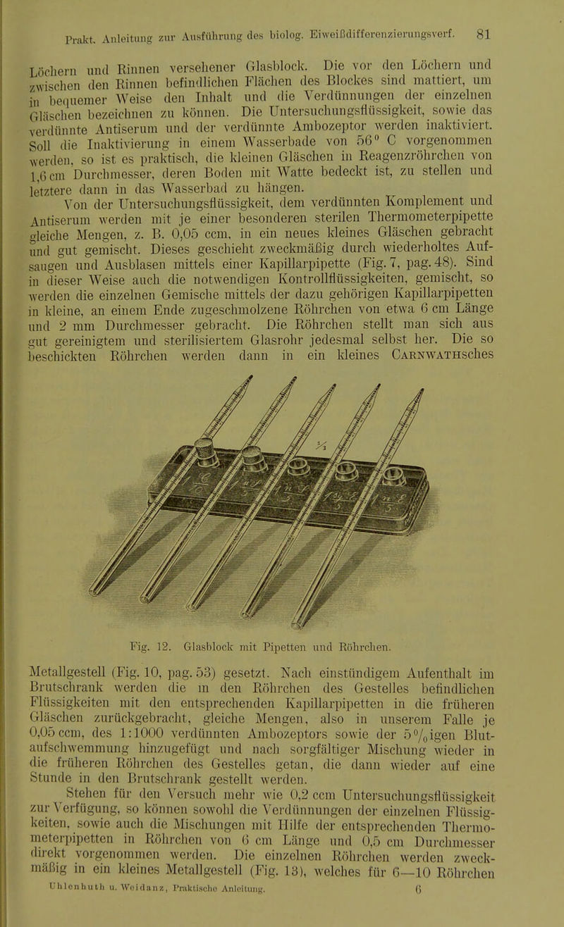 1 öchern und Rinnen versehener Glasblock. Die vor den Löchern und zwischen den Rinnen befindlichen Flächen des Blockes sind mattiert, um in bequemer Weise den Inhalt und die Verdünnungen der einzelnen Gläschen bezeichnen zu können. Die Untersuchungsflüssigkeit, sowie das verdünnte Antiserum und der verdünnte Ambozeptor werden inaktiviert. Soll die Inaktivierung in einem Wasserbade von 56° C vorgenommen werden, so ist es praktisch, die kleinen Gläschen in Reagenzröhrchen von 1,6 cm Durchmesser, deren Boden mit Watte bedeckt ist, zu stellen und letztere dann in das Wasserbad zu hängen. Von der Untersuchungsfiüssigkeit, dem verdünnten Komplement und Antiserum werden mit je einer besonderen sterilen Thermometerpipette gleiche Mengen, z. B. 0,05 ccm, in ein neues kleines Gläschen gebracht und gut gemischt. Dieses geschieht zweckmäßig durch wiederholtes Auf- saugen und Ausblasen mittels einer Kapillarpipette (Fig. 7, pag. 48). Sind in dieser Weise auch die notwendigen Kontrollflüssigkeiten, gemischt, so werden die einzelnen Gemische mittels der dazu gehörigen Kapillarpipetten in kleine, an einem Ende zugeschmolzene Röhrchen von etwa 6 cm Länge und 2 mm Durchmesser gebracht. Die Röhrchen stellt man sich aus gut gereinigtem und sterilisiertem Glasrohr jedesmal selbst her. Die so beschickten Röhrchen werden dann in ein kleines CARNWATHSches Fig. 12. Glasblock mit Pipetten und Rübrchen. Metallgestell (Fig. 10, pag. 53) gesetzt. Nach einstündigem Aufenthalt im Brutschrank werden die m den Röhrchen des Gestelles befindlichen Flüssigkeiten mit den entsprechenden Kapillarpipetten in die früheren Gläschen zurückgebracht, gleiche Mengen, also in unserem Falle je .')5 ccm, des 1:1000 verdünnten Ambozeptors sowie der 5°/0igen Blut- aufschwemmung hinzugefügt und nach sorgfältiger Mischung wieder in die früheren Röhrchen des Gestelles getan, die dann wieder auf eine Stunde in den Brutschrank gestellt werden. Stehen für den Versuch mehr wie 0,2 ccm Untersuchungsfiüssigkeit zur Verfügung, so können sowohl die Verdünnungen der einzelnen Flüssig- keiten, sowie auch die Mischungen mit Hilfe der entsprechenden Thermo- meterpipetten in Röhrchen von 6 cm Länge und 0,5 cm Durchmesser direkt vorgenommen werden. Die einzelnen Röhrchen werden zweck- mäßig in ein kleines Metallgestell (Fig. 13), welches für 6—10 Röhrchen Uhlonhuth u. Woidanz, Praktische Anleitung. (J