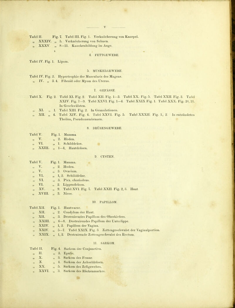 „ XXXIV. ,, 5. Verknöcherung von Sehnen. ,, XXXV. ,, 8—11. Knochenbildung im Auge. Tafel IV. Fig. 1. Lipom. 4. FETTGEWEBE. 5. MUSKELGEWEBE. Tafel IV. Fig. 2. Hypertrophie der Muscularis des Magens. „ IV. „ 3. 4. Fibroid oder Myom des Uterus. Tafel X. Fig. 2. XI. XII. 1. 4. 7. GEFÄSSE. Tafel XI. Fig. 2. Tafel XII. Fig. 1—3. Tafel XX. Fig. 5. Tafel XXII. Fig. 3. Tafel XXIV. Fig. 7—9. Tafel XXVI. Fig. 1—4. Tafel XXIX Fig. 1. Tafel XXX. Fig. 20, 21. In Geschwülsten. Tafel XIII. Fig. 2. In Granulationen. Tafel XIV. Fig. 4. Tafel XXVI. Fig. 5. Tafel XXXII. Fig. 1, 2. In entzündeten Theilen, Pseudomembranen. 8. DRÜSENGE WEBE. Tafel V. Fig 1. Mamma. v. » 2. Hoden. „ VI. 1. Schilddrüse. „ XXIII. )) 1—4. Hautdrüsen. 9. CYSTEN. Tafel V. Fig. 1. Mamma. >, v. ?> 2. Hoden. „ v. i) 3. Ovarium. „ VI. !) h 2. Schilddrüse. „ vi. 1) 3. Plex. choriodeus. „ VI. V 2. Lippendrüsen. » xv. )! 9. Tafel XVI. Fig. 7. Tafel XXII. Fig. 2, 3. Haut „ XVIII. )) 3. Niere. 10. PAPILLOM. Tafel XII. Fig. 1. Hautwarze. „ XII. 77 2. Condylom der Haut, „ XII. »7 3. Destruirendes Papillom des Oberkiefers. „ XXIII. 77 6- —8. Destruirendes Papillom der Unterlippe. „ XXIV. 75 1, 2. Papillom der Vagina. „ XXIV. 77 5- -7. Tafel XXIX. Fig. 3. Zottengeschwulst der Vaginalportion. „ XXIX. 1, 2. Destruirende Zottengeschwulst des Rectum. i 11. SARKOM. Tafel II. Fig 4. Sarkom der Conjunctiva. „ II. 5? 3. Epulis. „ X. 5» 3. Sarkom des Femur. „ X. 57 4. Sarkom der Achseldrüsen. „ XX. 77 5. Sarkom des Zellgewebes. „ XXVI. 77 '3. Sarkom des Rückenmarkes.